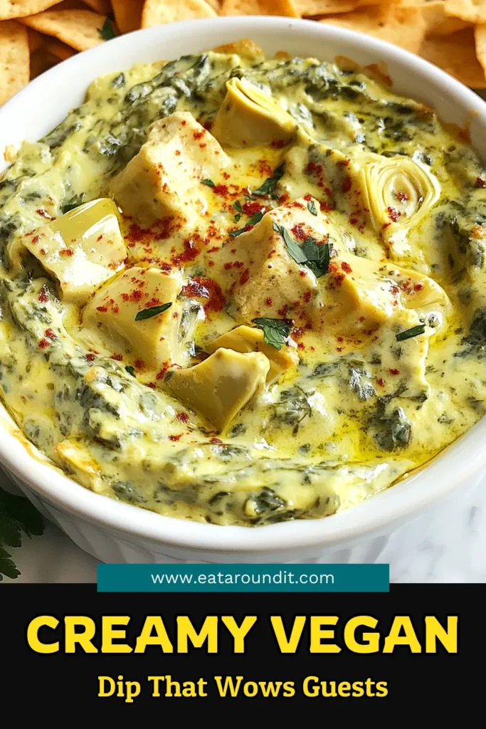 Elevate your gatherings with this creamy vegan spinach artichoke dip! This easy dairy-free party dip is made with fresh spinach, artichokes, and soaked cashews for a rich, cheesy flavor. Perfect as a healthy appetizer idea, this baked spinach artichoke dip is sure to impress your guests. Try this delicious creamy vegan dip recipe today—your taste buds will thank you! Save for later! #VeganRecipes #DairyFree #HealthyAppetizers #PartyDips