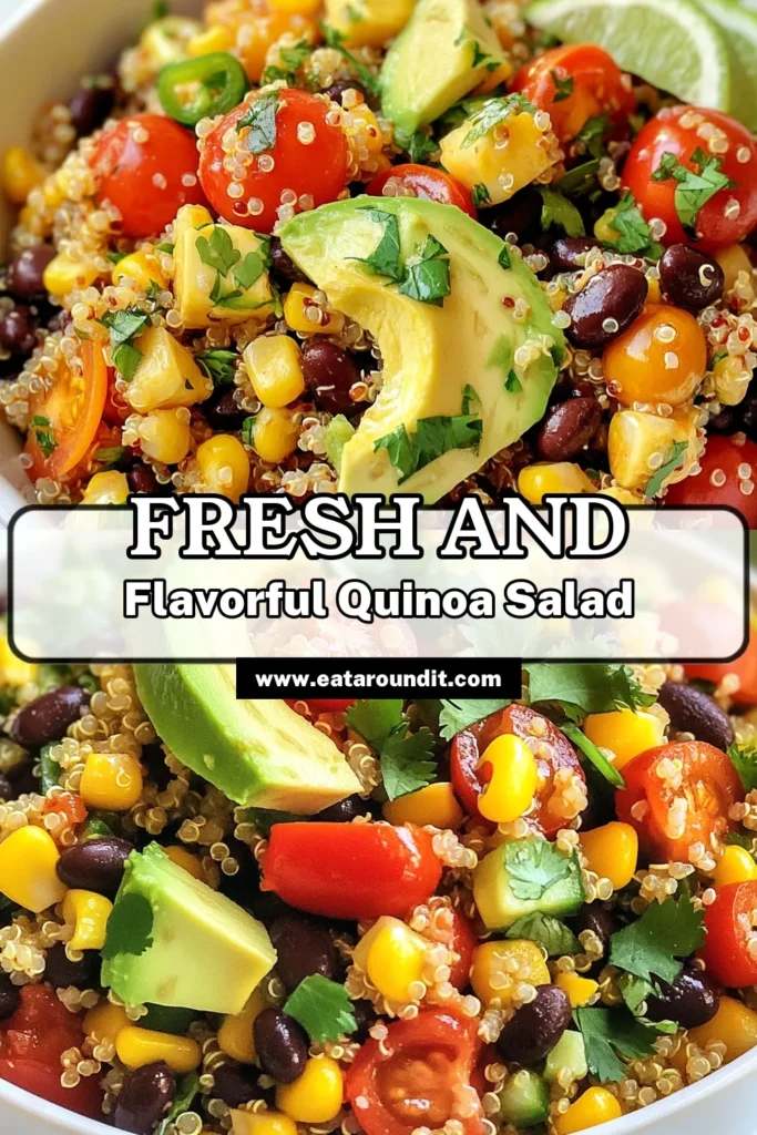 Create a vibrant and nutritious meal with this delicious Southwest quinoa salad recipe! Packed with flavor and goodness, this healthy quinoa salad features black beans, fresh cherry tomatoes, bell peppers, and creamy avocado, making it a perfect vegetarian quinoa salad. Whip up this quinoa salad with avocado for a delightful side or main dish. Save this recipe for your next meal prep! #QuinoaSalad #HealthyRecipes #VegetarianSalad #MealPrepIdeas