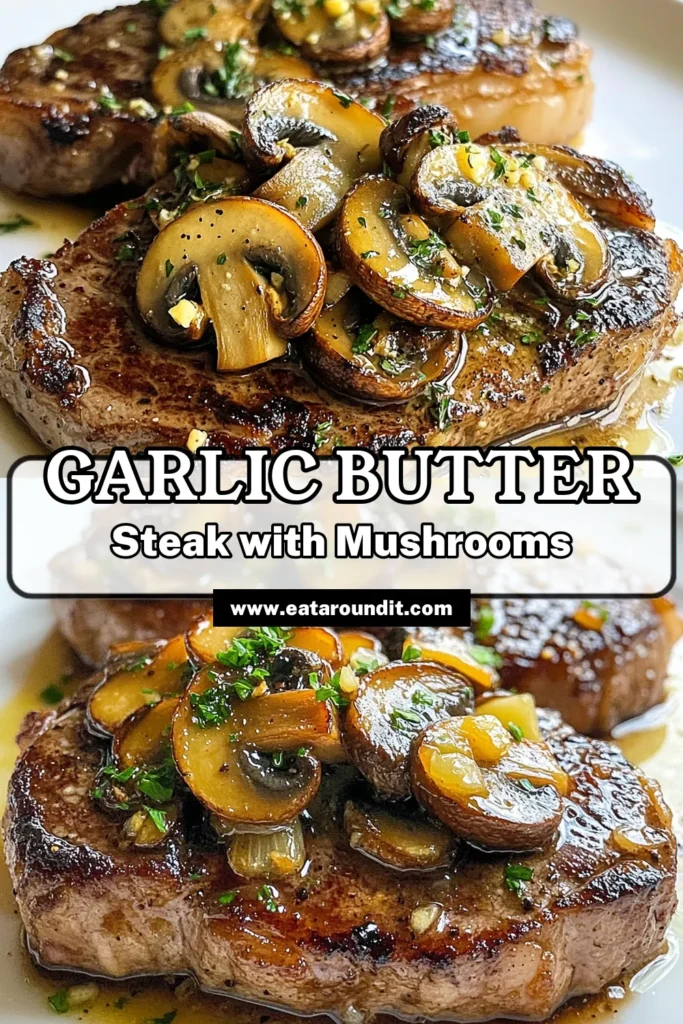 Indulge in a delicious garlic butter steak with this easy Garlic Butter Mushroom Steak recipe! This savory mushroom recipe features juicy ribeye steaks topped with a rich garlic mushroom sauce, making for a perfect easy steak dinner. Impress your guests or enjoy a cozy night in with this mushroom ribeye recipe. Get cooking and savor every bite! Don't forget to save this pin for your next meal idea! #GarlicButterSteak #EasySteakDinner #MushroomRibeyeRecipe #SavoryMushroomRecipe