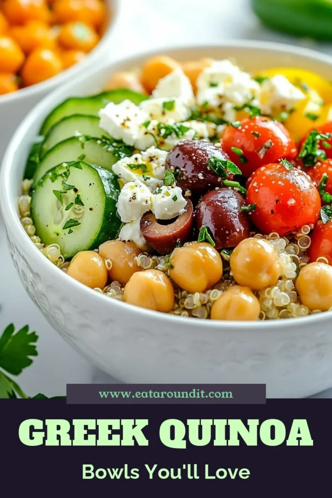 Elevate your meal prep with these Greek Quinoa Power Bowls! Packed with protein-rich chickpeas, crunchy veggies, and a zesty dressing, these healthy quinoa recipes are perfect for anyone seeking a tasty Mediterranean power bowl. Enjoy this vibrant vegetarian Greek recipe that’s easy to make and full of flavor. Ready to boost your health? Try this delicious chickpea salad bowl today! #GreekQuinoaBowls #HealthyRecipes #MediterraneanPowerBowl #VegetarianRecipes