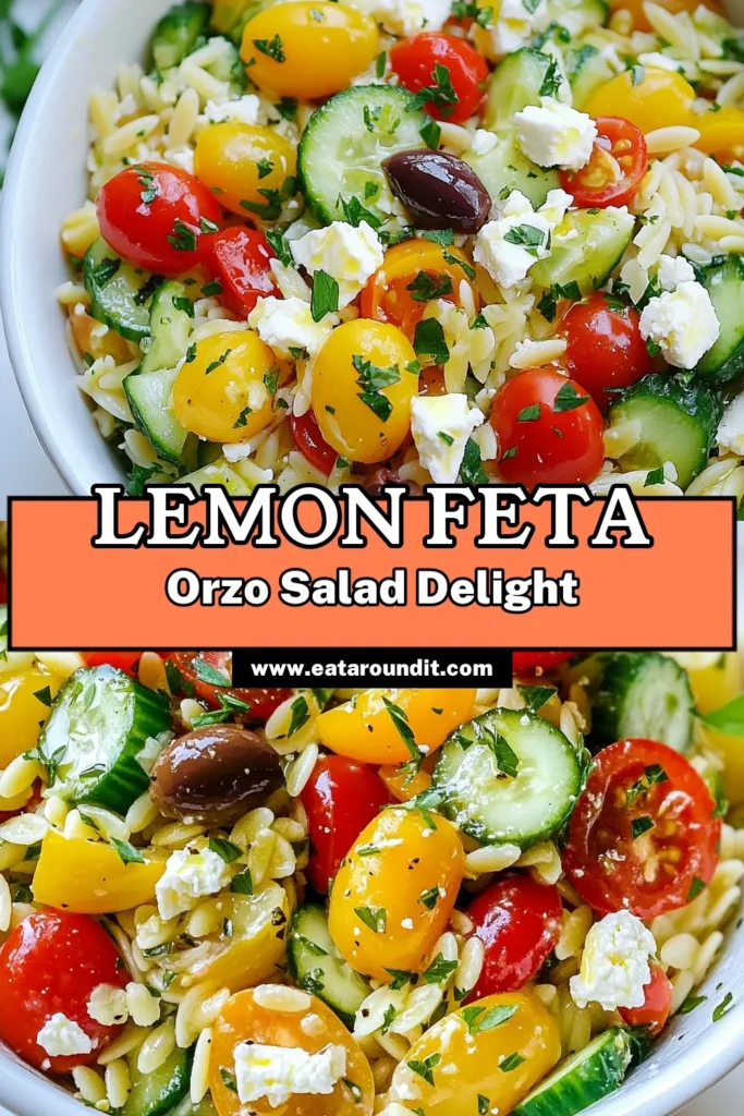 Discover the deliciousness of Lemon Feta Orzo Salad, a perfect Mediterranean Pasta Salad that's light and refreshing! Packed with healthy ingredients like orzo, cherry tomatoes, and feta cheese, this Healthy Salad Recipe is ideal for quick summer meals. Impress your guests with this simple, flavorful dish that’s easy to prepare! Save this recipe for your next gathering. #LemonOrzoSalad #FetaCheeseSalad #MediterraneanPastaSalad #QuickSummerSalads