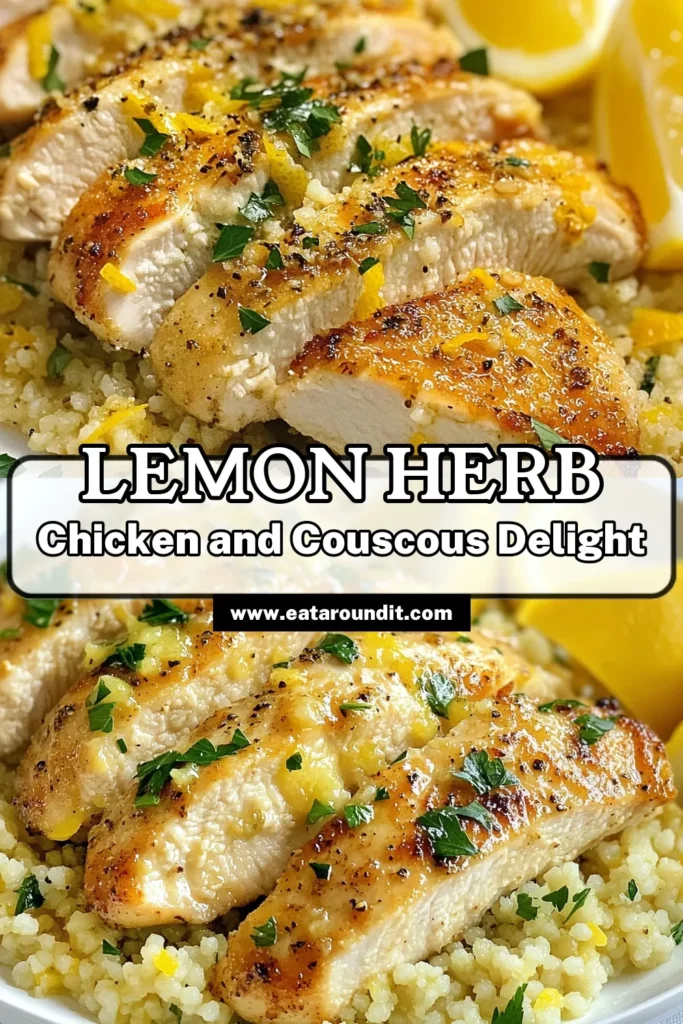 Discover this easy Lemon Herb Chicken recipe featuring Mediterranean chicken couscous that's perfect for a healthy chicken dinner! With zesty lemon, aromatic herbs, and fluffy couscous, this dish is a flavorful addition to your weeknight meals. Impress your family with this quick and delicious lemon garlic chicken recipe. Save this healthy recipe today and enjoy a delicious and nutritious meal! #LemonHerbChicken #EasyCouscousDishes #MediterraneanCooking #HealthyDinnerIdeas