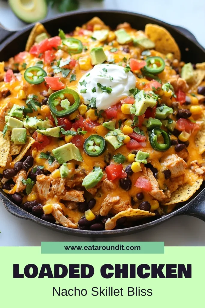 Discover the ultimate loaded chicken nacho skillet recipe that's perfect for game day or a quick dinner! This savory chicken nachos dish features tender diced chicken, tasty toppings like black beans, corn, and melted cheese all layered over crunchy tortilla chips. If you're searching for easy nacho recipes, this skillet nacho recipe is a must-try! Save this for an unforgettable meal tonight! #ChickenNachos #EasyRecipes #NachoSkillet #Foodie