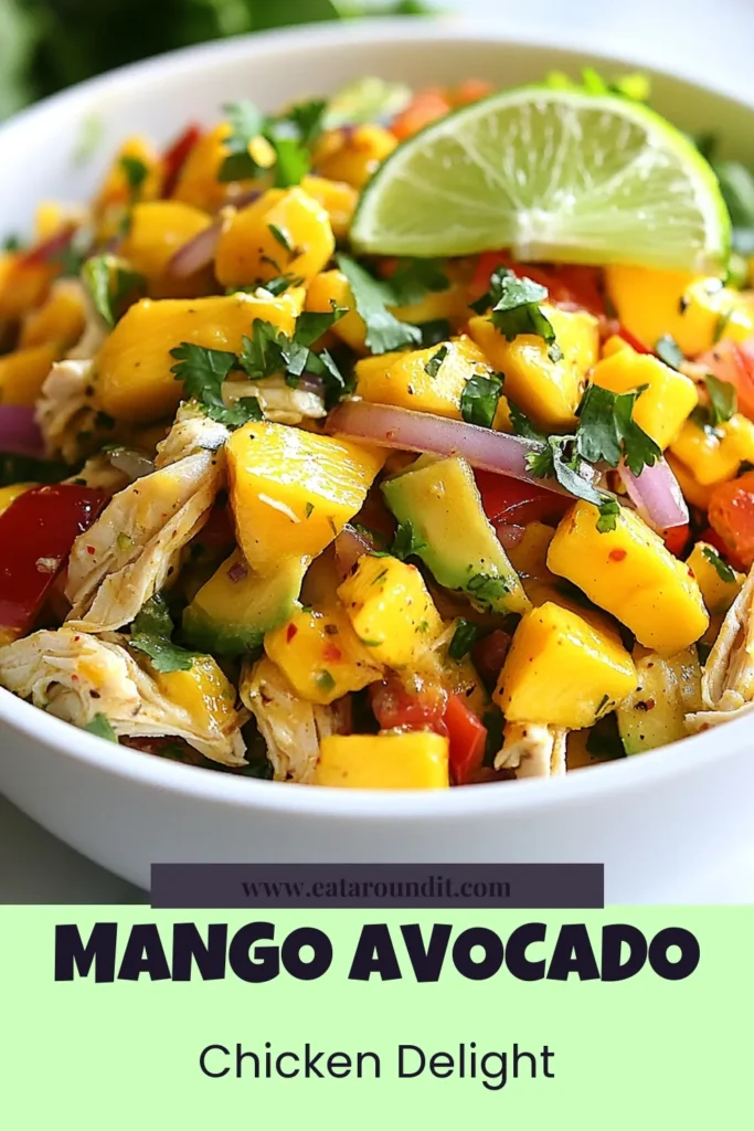 Discover the vibrant and refreshing Mango Avocado Chicken Salad, a perfect addition to your meal rotation! This tropical chicken salad is not only delicious but also packed with nutrients, making it one of the best healthy chicken salad recipes out there. With easy mango salad recipes like this, you'll impress your family and friends in no time. Save this recipe for a light lunch or dinner idea! #MangoAvocadoChickenSalad #HealthyRecipes #TropicalChickenSalad #AvocadoSaladRecipes