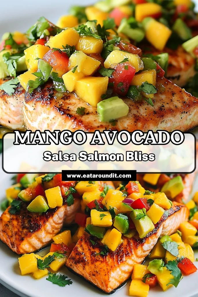Looking for a fresh and flavorful dish? Try this Mango Avocado Salsa Salmon, a delicious way to elevate your weeknight meals. This recipe features perfectly seasoned salmon topped with zesty Mango Avocado Salsa, combining ripe mangoes, creamy avocados, and a hint of spice. It's the perfect Avocado Salsa Recipe for a light dinner. Save this Spicy Mango Salsa Salmon idea for your next gathering! #MangoAvocadoSalsa #SalmonWithMangoSalsa #AvocadoSalsaRecipe #FreshSalsaForSalmon