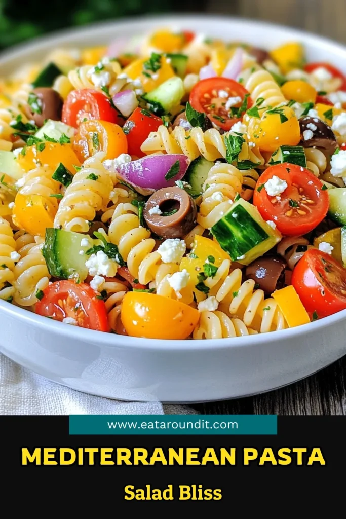 Looking for a refreshing Mediterranean pasta salad? This delicious whole wheat fusilli recipe features cherry tomatoes, cucumbers, Kalamata olives, and crumbled feta cheese for a wholesome dish. Perfect for summer gatherings or meal prep, this healthy Mediterranean recipe is easy to make and packed with flavor. Try this feta cheese pasta salad today and elevate your dining! Save this recipe now! #MediterraneanPastaSalad #HealthyRecipes #PastaSalad #FetaCheese