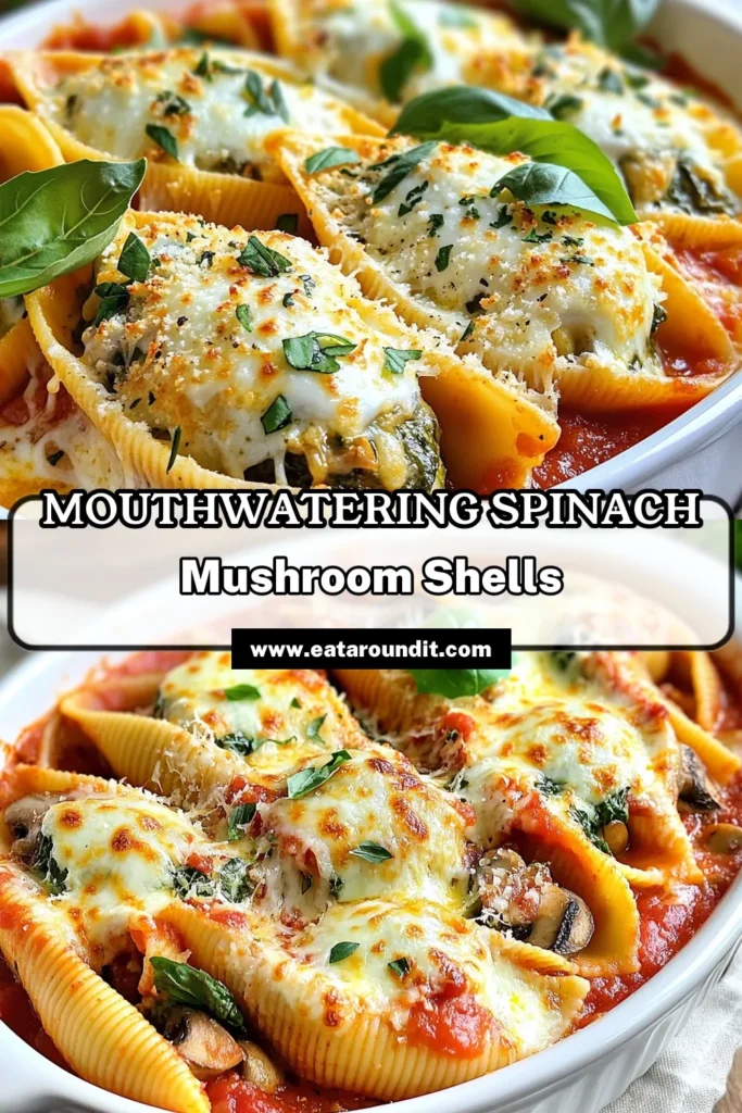 Discover a delicious vegetarian pasta recipe with these Spinach Mushroom Stuffed Shells! This baked pasta shells recipe features creamy ricotta stuffed shells filled with sautéed mushrooms and fresh spinach, making it a perfect meal for pasta lovers. Easy to make and utterly satisfying, this dish is sure to become a family favorite. Try it today and save for later! #SpinachStuffedShells #MushroomStuffedShells #VegetarianPasta #BakedPastaRecipe