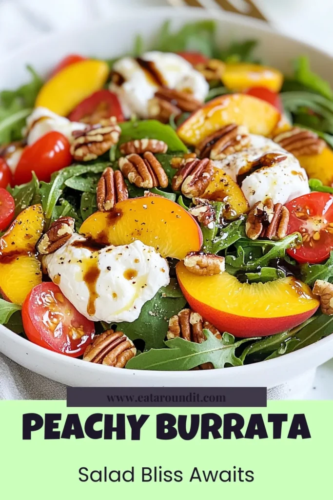 Enjoy a burst of flavors with this Peach Burrata Salad, the perfect addition to your summer meal lineup! This Arugula Salad recipe combines fresh arugula, juicy peaches, creamy burrata cheese, and crunchy candied pecans for a delightful dish. Ideal as a light lunch or side, our Fresh Peach Salad is sure to impress. Try this easy-to-make burrata cheese recipe today and savor the tastes of summer! Save this recipe for a refreshing salad idea! #PeachBurrataSalad #ArugulaSaladRecipes #SummerSaladIdeas #BurrataCheeseRecipes