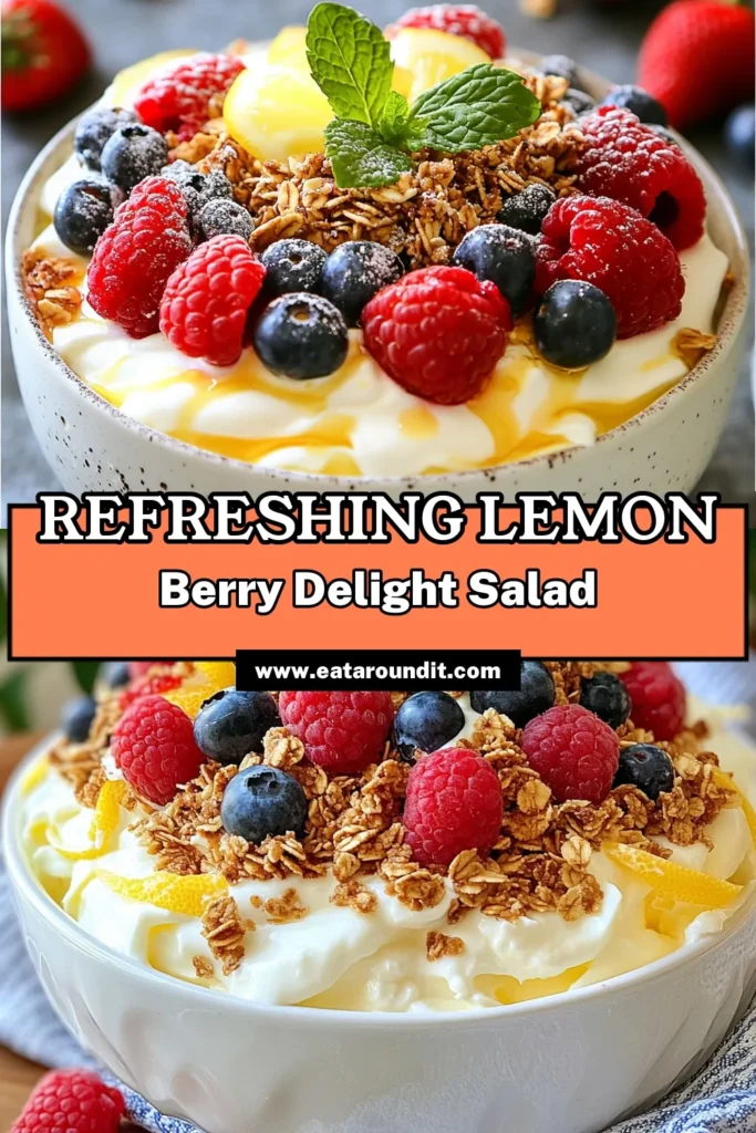 Delight in the refreshing taste of Lemon Berry Cheesecake Salad, the perfect no-bake cheesecake salad recipe for an easy summer dessert! Bursting with fresh fruit, this creamy cheesecake salad combines layers of soft cream cheese, Greek yogurt, and vibrant berries. Ideal for gatherings, this dessert is not only simple to make but also visually stunning. Save this recipe and indulge in a slice of summer! #LemonBerryCheesecake #NoBakeDessert #FreshFruitDessert #EasySummerDessert