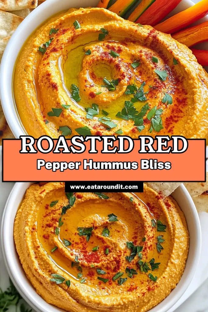 Discover this delicious roasted red pepper hummus, an easy hummus recipe perfect for any occasion! With chickpeas and roasted bell peppers, this healthy snack idea is just what you need for gatherings or a quick bite. Enjoy this homemade roasted red pepper dip with pita chips or fresh veggies. It's a creamy and satisfying chickpea dip recipe that everyone will love. Try it today and elevate your snacking game! #HummusRecipe #HealthySnacks #EasyRecipes #ChickpeaDip