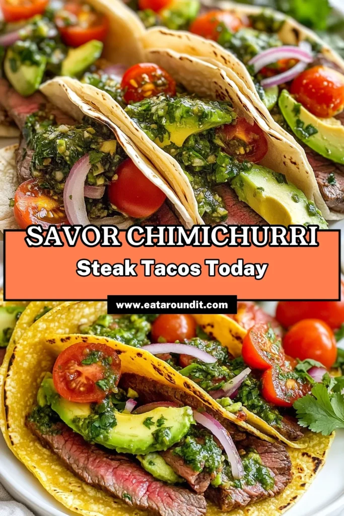 Discover the deliciousness of Chimichurri Steak Tacos! This flank steak tacos recipe features perfectly grilled steak topped with homemade chimichurri sauce, bright cherry tomatoes, creamy avocado, and fresh cilantro. Perfect for easy taco recipes, these chimichurri steak tacos are perfect for any occasion. Try this flavorful dish today and elevate your taco night! Save this recipe for a tasty treat! #ChimichurriSteakTacos #EasyTacoRecipes #GrilledSteakTacos #HomemadeChimichurriSauce