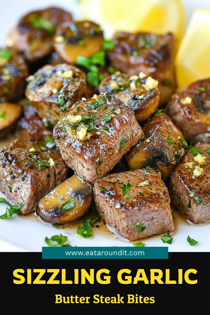 Savor the deliciousness of garlic butter steak bites with this easy mushroom steak recipe! Perfect for a quick garlic steak dinner, these sirloin steak with mushrooms are seared to perfection, complemented by rich garlic and buttery flavors. With just 20 minutes of prep time, you can enjoy mouthwatering sirloin steak bites any night of the week. Save this recipe now for your next meal! #GarlicButterSteakBites #EasySteakBites #MushroomSteakRecipe #QuickDinnerIdeas