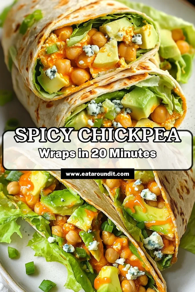 Spice up your meal with these Buffalo Chickpea Wraps! A perfect blend of healthy chickpea recipes, these vegetarian buffalo wraps are both delicious and nutritious. Made with whole grain wraps, they offer a satisfying bite that's simple to make. Enjoy the flavors of spicy chickpea tacos with creamy avocado and crunchy lettuce. Ready to try this healthy twist? Save this recipe for a tasty meal! #BuffaloChickpeaWraps #VegetarianRecipes #HealthyEating #MealPrepIdeas