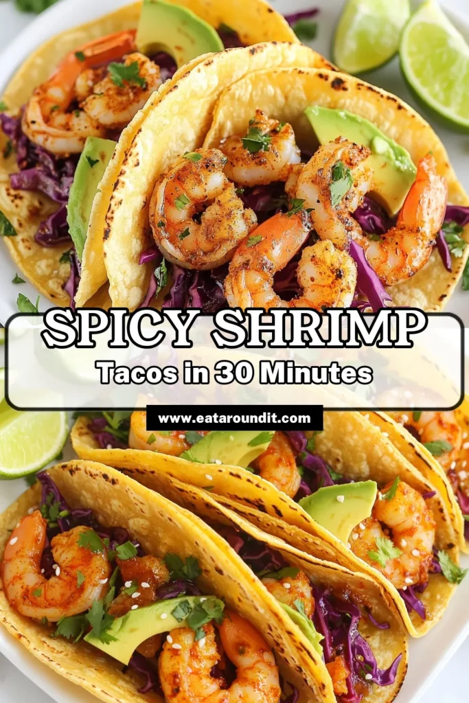 Discover the ultimate zesty shrimp recipe with these spicy shrimp tacos! Perfectly seasoned shrimp come alive in warm corn tortilla tacos, making a quick shrimp tacos option that’s sure to impress. With simple shrimp taco ingredients like cabbage and avocado, this dish is both flavorful and fulfilling. Ready in just 30 minutes, you'll want to save and try this easy recipe today! #ShrimpTacos #SpicyShrimp #TacoNight #QuickDinner