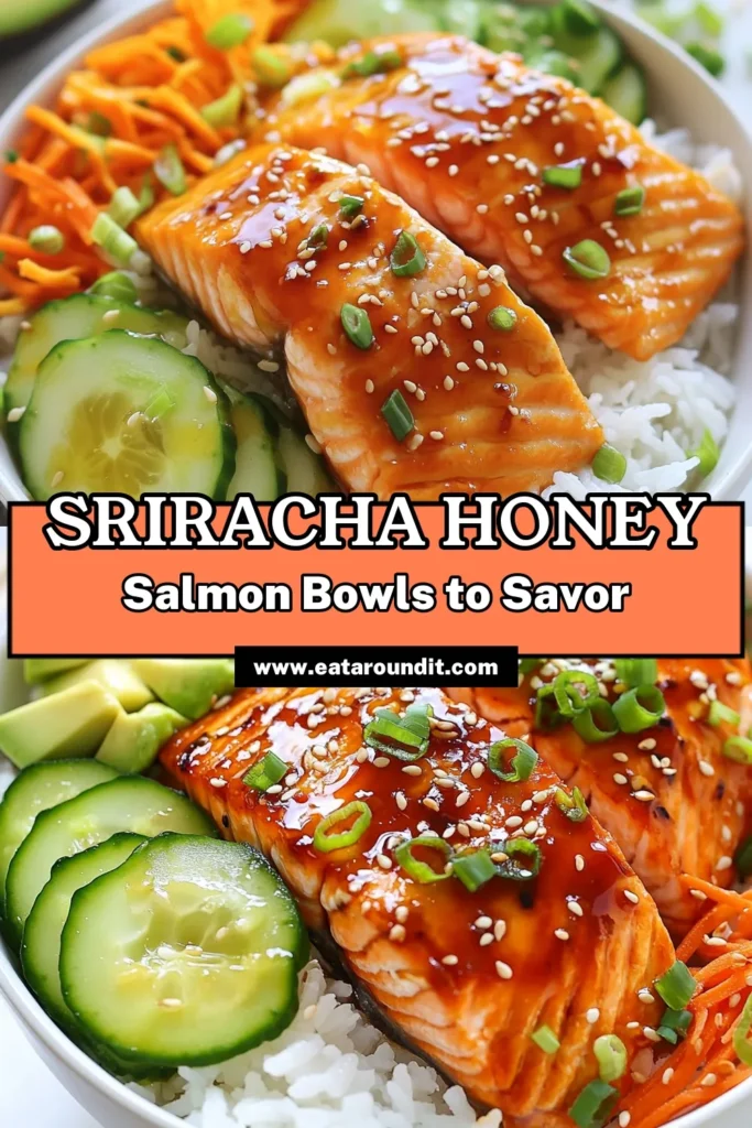 Discover the deliciousness of Sriracha Honey Salmon Rice Bowls! This easy salmon recipe features marinated salmon perfect for a healthy salmon bowl. Serve it over fluffy jasmine rice for a satisfying meal. Packed with fresh veggies like avocado and cucumber, this salmon rice bowl recipe is a must-try! Ideal for quick dinners or meal prep. Save this recipe for your next culinary adventure! #SrirachaHoneySalmon #SalmonRiceBowlRecipe #HealthySalmonBowl #EasySalmonRecipe