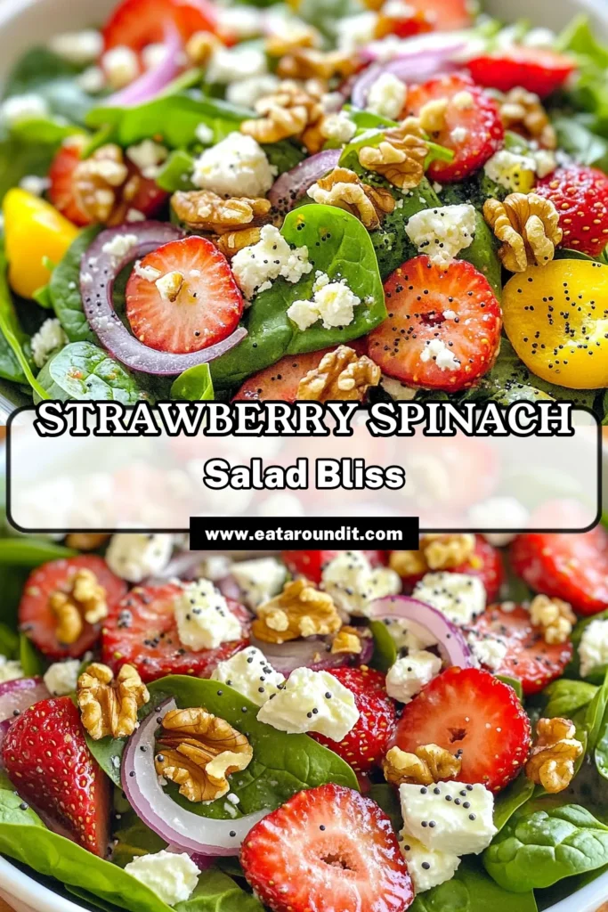 Discover the refreshing Spinach Strawberry Salad with Poppy Seed Dressing, perfect for healthy summer salads! This luscious salad features fresh spinach, juicy strawberries, creamy feta, and crunchy walnuts, all drizzled with a tangy poppy dressing. Ideal for impressing guests or enjoying a light meal at home, this salad is a delicious addition to your fresh spinach recipes. Try it today and enjoy the vibrant flavors! Save this recipe now! #SpinachStrawberrySalad #HealthySummerSalads #PoppySeedDressing #StrawberryFetaSalad