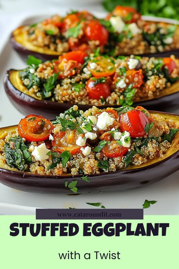 Discover this delicious Mediterranean stuffed eggplant recipe that's perfect for healthy eating! Featuring quinoa stuffed eggplant, cherry tomatoes, Kalamata olives, and baked eggplant with feta, it's one of the best vegetarian Mediterranean dishes you've ever tasted. Easy to make and packed with flavor, this healthy eggplant recipe is ideal for any meal. Save and try it today! #HealthyRecipes #MediterraneanCuisine #VeggieDelights #EggplantRecipe