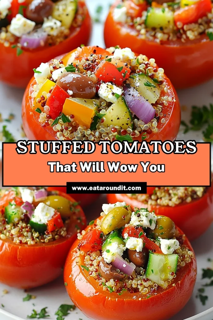 Discover a delicious Mediterranean quinoa recipe with these quinoa stuffed tomatoes! This healthy Mediterranean dish is packed with flavor, featuring fresh vegetables, feta cheese, and aromatic herbs. Perfect as a light meal or appetizer, this vegetarian stuffed tomatoes recipe is easy to make and will be a hit at your next gathering. Save this recipe for a wholesome dinner idea! #MediterraneanQuinoa #StuffedTomatoes #HealthyRecipes #VegetarianDishes