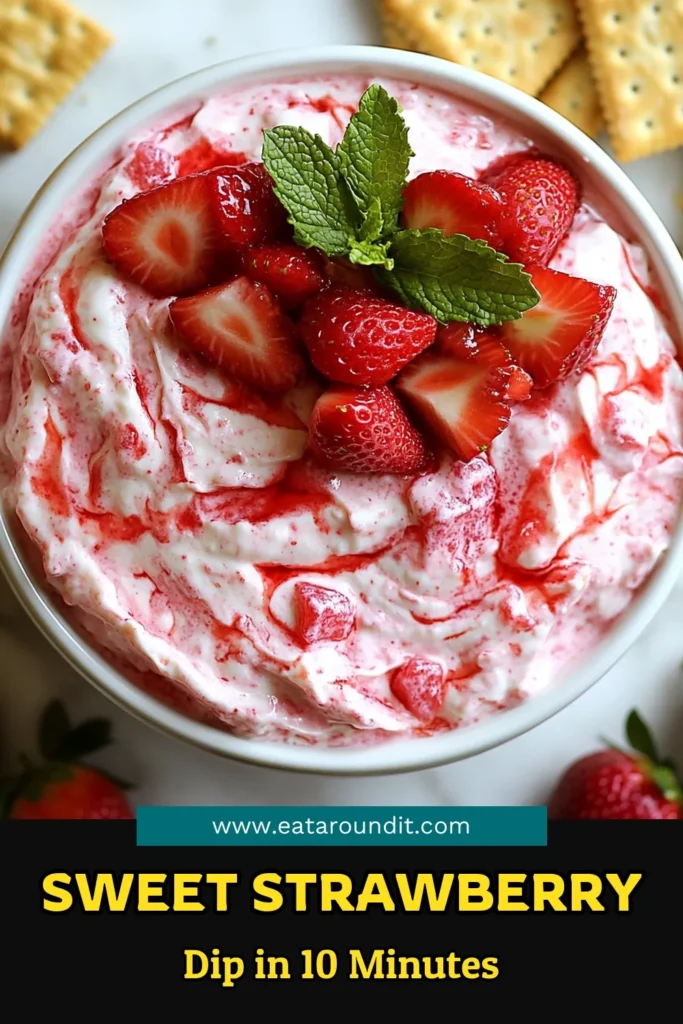 Indulge in this easy fruit dip that will elevate your dessert game! This sweet strawberry dip combines cream cheese and fresh strawberries for a delicious no-bake strawberry dip perfect for any occasion. Try this creamy cream cheese dip recipe that takes just 10 minutes to make! Perfect for sharing with graham crackers or vanilla wafers. Save this delightful strawberry dessert dip for your next gathering! #StrawberryDip #EasyDesserts #FruitDip #NoBakeDesserts