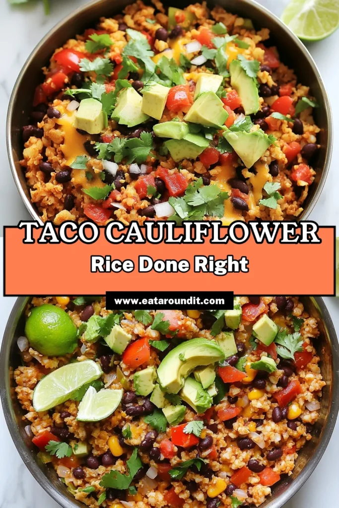 Discover the ultimate vegetarian taco recipe with this delicious Taco Cauliflower Rice Skillet. This healthy taco dinner features riced cauliflower, black beans, and vibrant veggies, perfect for a low-carb taco dish that doesn't compromise on flavor. Ready in just 30 minutes, it's a fantastic way to enjoy a nutritious meal. Try it tonight and let your taste buds celebrate! Save for your next dinner idea! #TacoCauliflowerRice #HealthyDinner #VeggieTacos #LowCarbCooking
