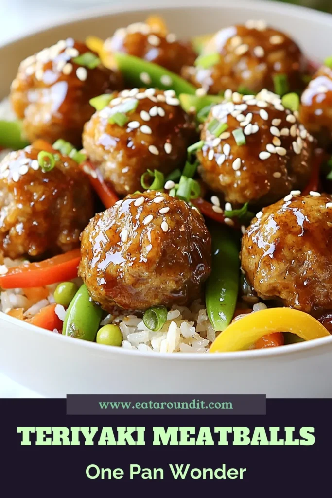 Elevate your dinner with this delicious Teriyaki Meatball Rice Skillet! This easy teriyaki dinner features flavorful ground chicken meatballs, crunchy veggies, and perfectly cooked rice, all in one-pan for hassle-free cleanup. Perfect for busy nights, this teriyaki meatball recipe is a must-try in your collection of ground chicken recipes. Save this easy chicken meatball skillet for your next family meal! #TeriyakiMeatballs #OnePanMeals #EasyDinner #GroundChickenRecipes