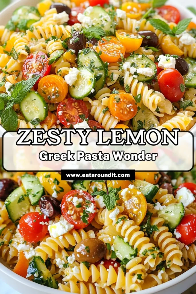 Delight in this Lemony Greek Pasta Salad, a vibrant Mediterranean pasta salad that's both refreshing and nutritious. Made with whole wheat pasta, cherry tomatoes, crisp cucumber, and crumbled feta cheese, this healthy pasta salad recipe is perfect for any gathering. Ready in just 45 minutes, it's a delicious way to enjoy a feta cheese salad. Save this recipe for your next meal! #PastaSalad #HealthyEating #MediterraneanFood #FetaCheese