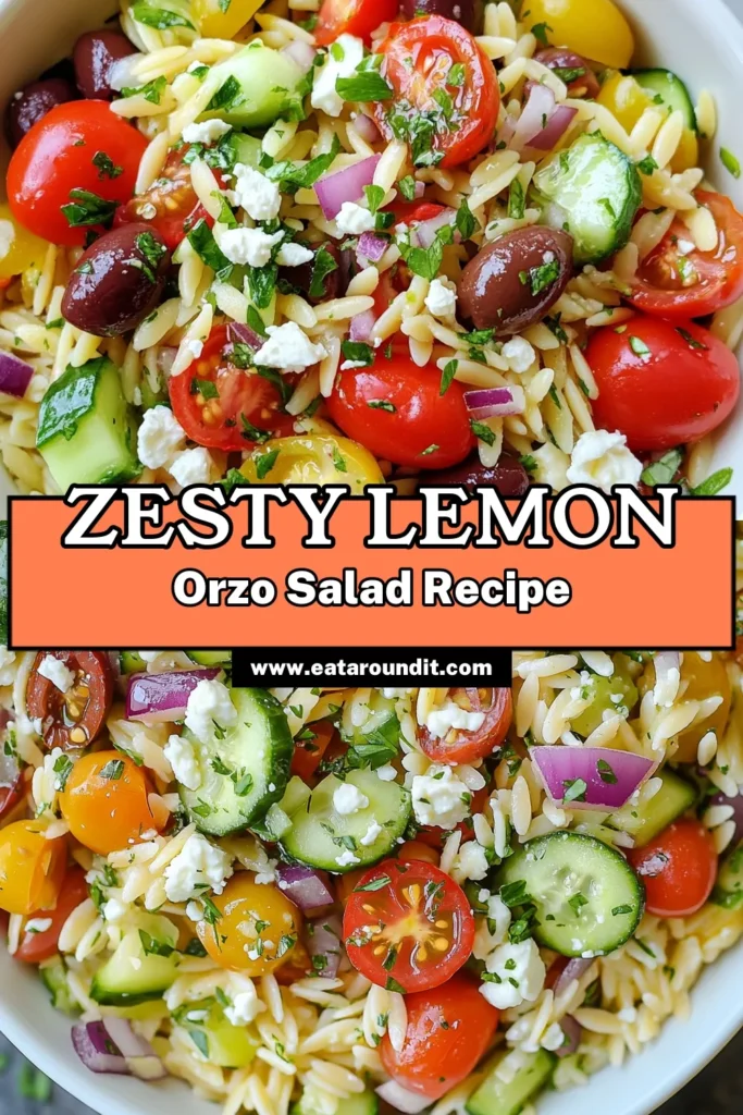 Discover the vibrant flavors of our Zesty Greek Orzo Salad! This Lemon Orzo Pasta Salad combines juicy cherry tomatoes, crunchy cucumbers, Kalamata olives, and creamy feta for a refreshing Mediterranean Orzo Salad Recipe that's perfect for any meal. Enjoy this delicious Feta and Olive Salad or a Fresh Greek Salad with Orzo at your next gathering. Save this recipe now for a burst of Mediterranean goodness! #GreekSalad #OrzoPasta #MediterraneanDiet #HealthyRecipes