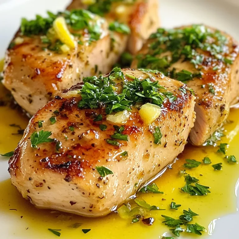 - 2 turkey tenderloins (approximately 1.5 lbs total) - 4 tablespoons unsalted butter - 4 cloves of garlic, finely minced The main base of this dish is turkey tenderloins. They are lean and cook quickly. The unsalted butter gives rich flavor and helps with browning. Fresh garlic adds a strong and tasty kick. - 1 teaspoon dried thyme - 1 teaspoon dried rosemary - Zest of 1 lemon - Juice of 1 lemon Herbs like thyme and rosemary bring earthy notes. Lemon zest adds brightness, while lemon juice enhances the flavor. This mix makes the dish lively and fresh. - Salt and pepper - Fresh parsley for garnish Salt and pepper are essential to bring out the flavors. Fresh parsley adds a pop of color and freshness to the dish. It also makes your meal look great on the table. This combination of ingredients will create a savory and delightful meal in no time. {{ingredient_image_2}} 1. Preheat your oven to 375°F (190°C). This is key to cooking the turkey evenly. 2. Take the turkey tenderloins and pat them dry with paper towels. This helps them sear better. Season both sides with salt and freshly ground black pepper. 1. In an oven-safe skillet, melt 2 tablespoons of unsalted butter over medium heat. Wait until it foams and smells nice. 2. Add 4 cloves of minced garlic to the skillet. Sauté for about 1 minute. Stir often until it is fragrant but not burnt. 3. Carefully add the turkey tenderloins to the skillet. Sear each side for about 2-3 minutes. Look for a nice golden-brown color. 4. Once seared, sprinkle 1 teaspoon of dried thyme and 1 teaspoon of dried rosemary on top. Then, add the zest and juice of 1 lemon for brightness. 5. Add the remaining 2 tablespoons of butter to the skillet. Let it melt and mix with the herbs and garlic. 6. Transfer the skillet to the preheated oven. Bake the turkey for 20-25 minutes. Check that it reaches 165°F (75°C) with a meat thermometer. 1. Once cooked, take the skillet out of the oven. Let the turkey rest for about 5 minutes. This helps the juices stay in. 2. Slice the tenderloins against the grain into medallions. Drizzle the pan juices over the turkey for extra flavor. 3. Garnish with freshly chopped parsley. This adds color and a fresh taste before serving. Timing is key when adding garlic. I always add minced garlic right after the butter melts. This step makes sure the garlic gets soft and fragrant. If you add it too soon, it can burn and taste bitter. Sauté it for just a minute. That’s all you need! Balancing spices and herbs is crucial. I use dried thyme and rosemary. These add depth to the dish. The lemon zest and juice brighten the flavors. They cut through the richness of the butter. You want a nice mix that makes each bite pop! Achieving the perfect crust is simple. First, pat the turkey dry with paper towels. This helps the meat brown well. I season both sides with salt and pepper. Then, I sear the turkey for 2-3 minutes on each side. This creates that golden-brown crust we all love. Avoiding overcooked turkey is vital. Use a meat thermometer to check the temperature. Aim for 165°F (75°C) inside. This ensures the turkey is juicy and safe to eat. Letting it rest for 5 minutes after cooking helps keep it moist. For sides, I recommend roasted vegetables or a fresh salad. They complement the turkey's flavors well. Serving the turkey on a nice platter makes it look inviting. Plating the dish attractively is easy. Slice the tenderloin into medallions. Drizzle some pan juices over the top. Then, add a sprinkle of fresh parsley. This adds color and freshness. A squeeze of lemon juice right before serving makes it even better! Pro Tips Resting is Key: Allow the turkey tenderloins to rest for at least 5 minutes after cooking. This helps the juices redistribute, resulting in a juicier and more flavorful dish. Use a Meat Thermometer: To ensure the turkey is perfectly cooked, use a meat thermometer. The internal temperature should reach 165°F (75°C) for safe consumption. Customize Your Herbs: Feel free to experiment with fresh or other dried herbs according to your taste preference. Fresh herbs like sage or parsley can add a delightful twist. Enhance the Sauce: After removing the turkey, consider deglazing the pan with a splash of white wine or chicken broth to create a rich sauce to drizzle over the sliced tenderloins. {{image_4}} You can swap out butter for olive oil or coconut oil. This will change the flavor, but it works well. For herbs, try basil or oregano instead of thyme and rosemary. They bring a different twist to your dish. When using fresh garlic, keep in mind that one clove of fresh garlic equals about one teaspoon of minced garlic. Fresh garlic has a stronger taste, so adjust to your liking. You can cook turkey tenderloin in a skillet, grill, or air fryer. Each method gives a unique taste and texture. A skillet will give you a nice crust. Grilling adds a smoky flavor. An air fryer cooks quickly and keeps the meat juicy. Adjust the cooking time and temperature for your method. For grilling, cook at medium-high heat for about 15-20 minutes. For an air fryer, 375°F for 20-25 minutes works well. Want to switch it up? Try adding citrus like lime or orange. This will brighten the dish and add a fresh taste. You can also add heat with spices like paprika, chili flakes, or cayenne pepper. Start small, then adjust based on your spice preference. After you finish your meal, let the turkey cool down. Store leftovers in an airtight container. This keeps the turkey fresh and tasty. You can keep it in the fridge for up to three days. Make sure to check for any signs of spoilage before eating. To reheat, use an oven or microwave. If using an oven, set it to 350°F (175°C). Cover the turkey with foil. This helps keep it moist. In the microwave, heat the turkey in short bursts. Check it often. You want it warm but not dry. Adding a splash of broth can help with moisture. If you have extra turkey, freezing is a great choice. Wrap it tightly in plastic wrap, then place it in a freezer bag. This prevents freezer burn. You can freeze it for up to three months. When ready to eat, thaw it overnight in the fridge. Reheat it as mentioned above for the best flavor. To check if turkey is done, use a meat thermometer. The turkey needs to reach an internal temperature of 165°F (75°C). This ensures it is safe to eat. If you don't have a thermometer, cut into the thickest part. The juices should run clear, not pink. Always check in the thickest part for the best results. Yes, you can prepare this recipe in advance. You can season the turkey and make the garlic butter sauce ahead of time. Store them in the fridge until you are ready to cook. When you are ready, reheat the turkey gently in the oven. This keeps it moist and tasty. Many sides go well with this dish. Here are some great options: - Roasted vegetables like carrots and Brussels sprouts - Creamy mashed potatoes - A fresh green salad with lemon vinaigrette - Quinoa or rice to soak up the sauce Garlic butter sauce adds flavor but is high in fat and calories. The butter gives a rich taste, but you can use alternatives. Consider olive oil or avocado oil for a healthier option. Also, use less butter if you want to cut calories. The garlic offers health benefits, like boosting immunity, so it’s a good addition. You learned how to make delicious garlic butter turkey tenderloin. We covered key ingredients, like turkey, butter, and seasonings. I guided you through preparation and cooking steps to ensure success. Don’t forget about tips to enhance flavor and avoid drying out your turkey. You can try different methods and variations for fun twists. Store leftovers safely and reheat with care. Enjoy this recipe with tasty sides for a great meal. Now, you have all the tools to cook this dish perfectly and impress everyone. Happy cooking!