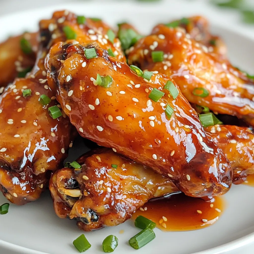 - 2 lbs chicken wings - 1/2 cup pure maple syrup - 1/4 cup Sriracha sauce - 2 tablespoons soy sauce (or tamari) - 2 teaspoons garlic powder - 1 teaspoon onion powder - 1 teaspoon smoked paprika - Salt and pepper to taste - 1 tablespoon sesame seeds (optional, for garnish) - 2 green onions, finely chopped (for garnish) For these Maple Sriracha Chicken Wings, I start with fresh chicken wings. They are the star of the dish and provide a great base. Next, I mix pure maple syrup with Sriracha sauce. This combo gives a sweet and spicy kick. I add soy sauce to deepen the flavor. For the seasonings, I always use garlic powder and onion powder. They add depth without overpowering the dish. A dash of smoked paprika gives a warm, smoky taste. Salt and pepper balance everything out. When it’s time to garnish, I love sprinkling sesame seeds on top. They add crunch and look great. Finely chopped green onions bring freshness and color. This blend of flavors makes these wings truly irresistible. {{ingredient_image_2}} - Preheat the oven to 400°F (200°C). - Line a baking sheet with aluminum foil. Start by getting your oven hot. This helps the wings cook evenly. The foil will catch drips and make cleanup easy. Place a wire rack on top of the baking sheet. This rack allows air to flow around the wings, making them nice and crispy. - Mixing the marinade ingredients. - Ensuring smooth consistency. In a big bowl, mix the marinade. Use 1/2 cup of pure maple syrup, 1/4 cup of Sriracha sauce, and 2 tablespoons of soy sauce. Then, add 2 teaspoons of garlic powder, 1 teaspoon of onion powder, and 1 teaspoon of smoked paprika. Don’t forget a pinch of salt and pepper. Whisk it all together until it’s smooth. This sweet and spicy mix is what makes the wings so tasty. - How to properly coat the wings. - Recommended marinating times. Add 2 lbs of chicken wings to the bowl with the marinade. Use tongs or your hands to toss the wings. Coat every wing completely with the sauce. For the best flavor, let them sit for at least 30 minutes. If you have time, marinate them overnight in the fridge. This will make the taste even better. - Arranging wings on the wire rack. - Baking and flipping instructions. Once marinated, arrange the wings on the wire rack. Make sure they don’t touch each other. This spacing helps them crisp up. Place the baking sheet in the oven. Bake the wings for 40 to 45 minutes. Halfway through, flip the wings for even browning. If you want them extra crispy, switch to broil for the last 2-3 minutes. - Best practices for garnishing. - Suggestion for dipping sauces. After baking, take the wings out when they are golden brown. Let them cool for a few minutes. Transfer the wings to a platter. To make them look great, sprinkle sesame seeds and green onions on top. For extra fun, serve some Sriracha and maple syrup on the side for dipping. Enjoy your delicious Maple Sriracha Chicken Wings! To get your wings extra crispy, spacing is key. Place the wings on a wire rack. This allows air to flow around them, helping them cook evenly. Make sure the wings do not touch. If they touch, they will steam, not crisp. Using the broil mode at the end is a game changer. Once the wings are almost done, switch to broil for the last few minutes. This gives them a nice, golden finish. Watch them closely to avoid burning! Marinating overnight makes a big difference. The longer the wings sit in the marinade, the more flavorful they become. If you don't have time, marinate for at least 30 minutes. For extra flavor, you can add a splash of lime juice or some fresh ginger. These ingredients can enhance the sweetness and heat of the wings. These wings pair perfectly with a cool, creamy dip. Try ranch or blue cheese for a classic touch. For sides, serve them with fresh veggies or crispy fries. A cold beverage like iced tea or a light beer complements the spicy wings well. Enjoy your feast! Pro Tips Marinating Time: For the best flavor, marinate the wings overnight. This allows the spices and sauces to penetrate the meat fully, resulting in tastier wings. Even Cooking: Make sure the wings are arranged in a single layer without touching each other. This ensures even cooking and helps achieve a crispy texture. Broil for Crispiness: If you want extra crispy wings, broil them for the last 2-3 minutes of baking. Keep a close eye to prevent burning. Garnish for Flavor: Don't skip the garnish! Sesame seeds and green onions add not only a pop of color but also a burst of flavor that complements the wings. {{image_4}} You can change the sauce to fit your taste. Here are some ideas: - Adjusting spice levels: If you prefer less heat, use less Sriracha. You can also mix in honey for a sweeter touch. For more heat, add cayenne or more Sriracha. - Different sweeteners to use: If you want a twist, try using honey or agave syrup. Both bring a unique flavor while keeping the wings sweet. You can cook these wings in different ways to suit your needs: - Air fryer method: If you use an air fryer, cook them at 380°F for about 25-30 minutes. Shake the basket halfway for even crispiness. This method keeps the wings juicy and reduces oil use. - Grilling tips for wings: To grill, preheat your grill to medium heat. Cook the wings for about 20-25 minutes, turning often. This gives them a lovely smoky flavor. You can easily adjust this recipe for different diets: - Gluten-free options: Use tamari instead of soy sauce. This simple swap makes the wings safe for gluten-free diets without losing flavor. - Low-sugar alternatives: For a low-sugar option, use a sugar-free syrup or reduce the maple syrup amount. You’ll still get that sweet taste with less sugar. To keep your maple Sriracha chicken wings fresh, store them in the fridge. Place the wings in an airtight container. Make sure to let them cool before sealing. This helps keep their crispiness. For best taste, eat them within three days. If you want to save space, use a shallow container. You can freeze leftover wings for later use. First, let them cool completely. Then, wrap each wing in plastic wrap. Place them in a freezer-safe bag. Remove as much air as you can. This helps prevent freezer burn. For best results, use them within two months. To reheat, place them in the oven at 375°F (190°C) until hot. You can also use an air fryer for a quick reheat. Leftover wings can be more than just a snack. Try adding them to salads for added flavor. You can mix them in pasta dishes or tacos too. Another fun idea is to chop them up and use them in a stir-fry. The sweet and spicy flavor pairs well with many dishes. You can also make a delicious wing dip by shredding the meat and mixing it with cream cheese. You should marinate the chicken wings for at least 30 minutes. This lets the flavors soak in. If you want a stronger taste, marinate them overnight in the fridge. The longer you wait, the better they will taste. Yes, you can use frozen chicken wings. Just make sure to thaw them completely first. You can do this in the fridge overnight or in cold water for a quick thaw. Thawed wings absorb the marinade better. If you don’t have Sriracha, you can use another hot sauce. Try a chili garlic sauce or even a homemade chili paste. Just pick a sauce that matches your heat level. If you want it milder, use a sweet chili sauce instead. To make the wings spicier, add more Sriracha to the marinade. You can also mix in some cayenne pepper or red pepper flakes. Just be careful not to add too much at once. Taste as you go to get the heat you want. Yes, these chicken wings can be gluten-free. Make sure to use tamari instead of soy sauce. This swap makes the recipe safe for anyone avoiding gluten. Always check labels to ensure all ingredients are gluten-free. In this post, we covered how to make tasty chicken wings using simple ingredients like chicken, maple syrup, and Sriracha sauce. You learned the steps for preparing, marinating, baking, and garnishing the wings. We also shared tips for extra crispiness and storage. Try out these ideas and make your wings stand out. Enjoy your cooking adventure, and remember to have fun!