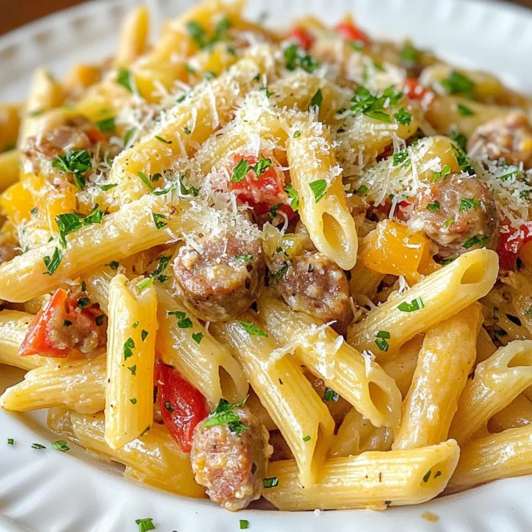 To make spicy Cajun sausage pasta, you need a few key ingredients: - 8 oz penne pasta - 1 lb spicy Italian sausage, casings removed - 1 tablespoon olive oil - 1 medium onion, diced - 3 cloves garlic, minced - 1 bell pepper (any color), diced - 1 can (14.5 oz) diced tomatoes, undrained - 1 cup heavy cream - 2 teaspoons Cajun seasoning - 1 teaspoon smoked paprika - Salt and freshly ground black pepper to taste - ½ cup grated Parmesan cheese - Fresh parsley, finely chopped (for garnish) Each of these ingredients plays a big role in making your dish flavorful and delicious. Cajun seasoning is a must for this recipe. It adds a bold flavor and a bit of heat. This spice mix often includes paprika, garlic powder, onion powder, and black pepper. Each spice brings its unique taste, making your pasta come alive. You can adjust the amount to fit your spice level. While I use penne pasta, you can try other shapes too. Fusilli, rigatoni, or even fettuccine work well. Choose a pasta shape that holds the sauce nicely. The goal is for each bite to be a mix of sausage, sauce, and pasta. This balance makes the dish satisfying and tasty. {{ingredient_image_2}} Start by boiling water in a big pot. Add salt to the water for flavor. Once it boils, add 8 oz of penne pasta. Cook it for about 8 to 10 minutes until it is al dente. Drain the pasta well and set it aside for later. Grab a large skillet and heat 1 tablespoon of olive oil over medium heat. When the oil shimmers, add 1 lb of spicy Italian sausage, making sure to remove the casings first. Use a spatula to break the sausage into smaller pieces. Cook for 5 to 7 minutes until the sausage is browned and cooked through. Add diced onion, diced bell pepper, and minced garlic to the skillet with the sausage. Cook for 5 to 7 minutes until the veggies soften. After that, pour in a can of undrained diced tomatoes. Add 1 cup of heavy cream, 2 teaspoons of Cajun seasoning, 1 teaspoon of smoked paprika, and a pinch of salt and pepper. Stir well and let it simmer for 5 minutes until it thickens. Once the sauce thickens, add the cooked penne pasta to the skillet. Toss gently to coat the pasta in the creamy sauce. Keep cooking on low heat for 2 to 3 minutes until everything is heated through. Remove the skillet from the heat. Stir in ½ cup of grated Parmesan cheese until it melts and mixes well. Serve the pasta hot and top with freshly chopped parsley for a vibrant touch. Enjoy your meal! To change the heat in your spicy Cajun sausage pasta, you have a few options. If you want it milder, choose a sweet Italian sausage. You can also reduce the Cajun seasoning. Adding some cream will tone down the spice too. For more heat, add extra Cajun seasoning or a dash of hot sauce. This pasta pairs well with simple sides. A fresh green salad with lemon vinaigrette works nicely. Garlic bread adds a crunchy touch. For drinks, try a chilled white wine or lemonade. These pairings balance the dish's richness and spice. Cook the penne pasta al dente for the best texture. This keeps the pasta firm and helps it hold sauce better. When browning the sausage, avoid overcrowding the pan. This helps it brown nicely. Stir frequently when cooking the veggies to ensure they soften evenly. Lastly, let the sauce simmer to thicken, but don’t overcook it. This keeps your pasta creamy and delicious. Pro Tips Use Fresh Ingredients: Whenever possible, opt for fresh vegetables and herbs to elevate the flavor of your dish. Fresh ingredients enhance the overall taste and presentation. Adjust Spice Level: If you prefer a milder dish, consider using a less spicy sausage or reducing the Cajun seasoning. You can always add more spice later if desired. Make it Ahead: This pasta dish can be made ahead and stored in the refrigerator for up to 3 days. Just reheat gently before serving for a quick meal. Garnish for Flavor: Don’t skip the parsley garnish! It adds a fresh burst of flavor and a beautiful pop of color to your finished dish. {{image_4}} To make a vegetarian version of spicy Cajun sausage pasta, you can replace the sausage. Use plant-based sausage or mushrooms for a meaty texture. You can also add chickpeas or lentils for protein. These options keep the dish hearty and satisfying. If you need a gluten-free meal, swap the penne pasta for a gluten-free pasta. Many brands offer great gluten-free options that cook well and taste good. Just ensure the Cajun seasoning is gluten-free as well. You can switch some ingredients based on what you have. Here are some ideas: - Use chicken or turkey sausage for a lighter option. - Swap heavy cream with coconut milk for a dairy-free choice. - If you don’t have Parmesan, try using nutritional yeast for a cheesy flavor. These substitutions still keep the dish tasty and enjoyable. To store your spicy Cajun sausage pasta, wait until it cools. Transfer it to an airtight container. Make sure to cover the container tightly. This keeps the pasta fresh and tasty. It will last in the fridge for about 3 days. Reheating is simple. Place the pasta in a skillet over low heat. Add a splash of water or cream to help it warm up. Stir often to avoid sticking. Heat until it’s hot throughout. You can also use the microwave. Just cover the dish and heat in short bursts. Stir in between to ensure even heating. If you want to freeze it, do so after cooking. Place the pasta in a freezer-safe container. Leave some space at the top for expansion. It can stay in the freezer for up to 3 months. When ready to eat, thaw it overnight in the fridge. Reheat as mentioned above. Enjoy your spicy Cajun sausage pasta even later! Yes, you can use different types of sausage in this dish. You can try chicken sausage for a lighter option. If you prefer a milder flavor, sweet Italian sausage works well too. Just remember to adjust the seasoning to keep the Cajun flavor strong. If you do not have heavy cream, you can use half-and-half or whole milk. These options will make the sauce lighter but still creamy. For a dairy-free option, try coconut cream or a plant-based cream. These will change the flavor slightly, but they can be tasty too. To make this dish less spicy, use mild sausage instead of spicy Italian sausage. You can also reduce the amount of Cajun seasoning. Adding more heavy cream or milk can help balance the heat. Serve with a side of bread to cool things down. This spicy Cajun sausage pasta lasts for about 3 to 4 days in the fridge. Make sure to store it in an airtight container. When you're ready to eat, just reheat it on the stove or in the microwave until hot. Enjoy your leftovers! This blog post covered how to make spicy Cajun sausage pasta. We discussed key ingredients, like Cajun seasoning and the best pasta types. I provided step-by-step instructions for cooking each part. You learned tips for spice levels and pairing suggestions. Variations for vegetarian and gluten-free options were also shared. Lastly, we went over storage and reheating tips. In closing, this dish is easy to adapt and delicious. It brings great flavor to any meal. Enjoy experimenting with your own twists!