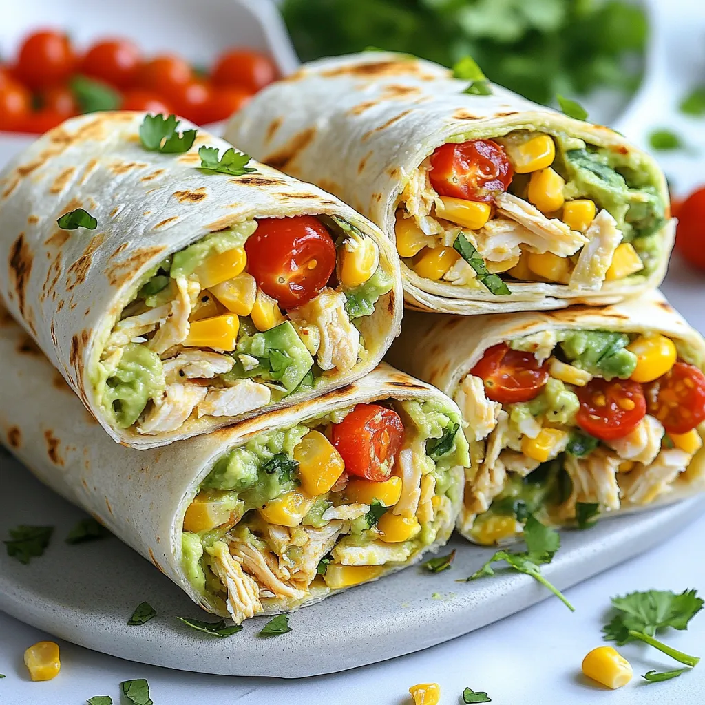 - 2 cups cooked chicken breast, shredded - 1 ripe avocado, mashed - 1/2 cup ranch dressing - 1 cup cherry tomatoes, halved - 1/2 cup shredded lettuce - 1/4 cup corn, drained - 1/4 cup red onion, finely chopped - 1 teaspoon fresh lime juice - 4 large flour tortillas - Salt and pepper to taste These main ingredients come together to create a tasty wrap. The chicken provides protein, while the avocado adds creaminess. The ranch dressing ties all the flavors together. You’ll love the crunch from the lettuce and the sweetness of the tomatoes. - Fresh cilantro, chopped - Lime wedges for extra zest Adding fresh cilantro gives your wraps a bright touch. Lime wedges add a zesty kick. You can also serve extra ranch dressing on the side for dipping. - Use Greek yogurt instead of ranch dressing for a lighter option. - Swap out chicken for turkey or beans for a vegetarian wrap. - Try spinach or kale in place of lettuce for extra nutrients. These substitutions can help you tailor the wraps to your taste. They also allow you to use what you have at home. Enjoy experimenting with these options! {{ingredient_image_2}} First, gather your ingredients. You will need cooked chicken, avocado, and ranch dressing. In a large bowl, mix the shredded chicken and mashed avocado. Add the ranch dressing and fresh lime juice. Season with salt and pepper to taste. Stir until everything is smooth and well-combined. This mixture is creamy and full of flavor. Now, take a tortilla and lay it flat. Spoon a generous amount of the chicken and avocado mix into the center. Leave about one inch of space on the edges. Next, fold the sides of the tortilla inward. Starting from the bottom, roll it up tightly. This method keeps the filling secure. Repeat with the rest of the tortillas and filling. For added flavor, heat a skillet over medium heat. Place each wrap seam-side down in the skillet. Toast for 2-3 minutes on each side until golden brown. This step gives a nice crunch. To serve, slice each wrap in half diagonally. Arrange them on a colorful plate and add fresh cilantro on top for a pop of color. Enjoy with lime wedges and extra ranch for dipping! To make the perfect wrap, start with a large tortilla. The bigger the tortilla, the easier it is to fold. Place your filling in the center, leaving space on the edges. Tuck in the sides before rolling from the bottom. This keeps everything inside. Wrapping tightly helps avoid spills. Flavor is key! Add a pinch of salt and pepper to your chicken mix. Fresh lime juice brightens the taste. You can also experiment. Try adding garlic powder or cumin for depth. Fresh herbs, like cilantro, add a lovely touch too. Don't be afraid to taste as you go! If you plan to make wraps ahead, store them properly. Wrap each one in plastic wrap to keep them fresh. Place them in the fridge for up to two days. For longer storage, freeze them. Just thaw in the fridge before eating. When ready, heat them in a skillet for a crispy finish. Pro Tips Use Fresh Ingredients: Fresh vegetables and herbs can elevate the flavor profile of your wraps, making them even more delicious. Customize Your Wrap: Feel free to add other ingredients like bell peppers, cucumbers, or even a sprinkle of cheese for a personal twist. Perfect Toasting: To achieve the best crispy texture, ensure your skillet is preheated before adding the wraps. Storage Tips: If preparing ahead, store the filling and wraps separately to keep the tortillas from becoming soggy. {{image_4}} You can change the protein in your wrap for variety. Grilled shrimp gives a nice twist. You can also use turkey or tofu for a lighter meal. If you want more flavor, try spicy chicken or beef. Each protein brings its own taste and texture. Mix it up to keep things fun! For a vegan option, skip the chicken and use chickpeas instead. They add protein and a nice texture. You can also use tempeh or jackfruit for a meat-like feel. Replace ranch dressing with a vegan version or a simple mix of tahini and lemon. This way, everyone can enjoy tasty wraps! Changing the dressing can transform your wraps. Try a zesty lemon vinaigrette for a fresh taste. A spicy sriracha mayo adds heat and excitement. You can also use a creamy avocado dressing for richness. Each dressing gives a new vibe to your meal. Feel free to experiment and find your favorite! Each wrap holds about 350 calories. This number can change based on your ingredients. The chicken and avocado pack protein and healthy fats. The ranch dressing adds flavor but also calories. If you swap out ingredients, check their caloric values to stay on track. - Cooked Chicken Breast: High in protein, low in fat. Great for muscle health. - Avocado: Full of healthy fats and fiber. Good for heart health and digestion. - Ranch Dressing: Adds flavor. Choose a lighter version for fewer calories. - Cherry Tomatoes: Rich in vitamins. They add a sweet burst in each bite. - Corn: Provides fiber and energy. Great for maintaining a balanced diet. - Lettuce: Low in calories and high in water. Keeps you hydrated. These wraps can fit many diets. To make them gluten-free, choose gluten-free tortillas or lettuce wraps. If you're low-carb, use lettuce instead of tortillas. Adjust ingredients for your needs. This recipe is flexible and allows for easy swaps. Yes, you can make these wraps ahead of time. Prepare the chicken mixture and store it in the fridge. Keep the tortillas separate until you are ready to serve. This keeps the wraps fresh and prevents sogginess. I recommend making them no more than one day before. These wraps pair well with many sides. Here are some great options: - Fresh fruit salad for a sweet touch - Crispy potato chips for crunch - A simple green salad for freshness - Extra ranch dressing for dipping - Lime wedges to add zesty flavor To store leftovers, wrap each individual wrap tightly in foil or plastic wrap. Place them in an airtight container. This keeps them fresh for up to three days. When ready to eat, you can reheat them in a skillet or microwave. Enjoy them warm for the best taste! Avocado Ranch Chicken Wraps offer tasty ingredients, easy steps, and helpful tips. You can enjoy various variations and stay informed about their nutritional benefits. In conclusion, these wraps are simple, versatile, and great for meal prep. Whether you're cooking for yourself or feeding family, this recipe brings joy and nutrition to your table. Dive into this dish and make it your own!