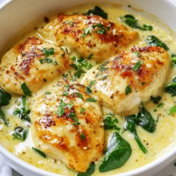 - 4 boneless, skinless chicken breasts - 1 cup heavy cream - 1 cup freshly grated Parmesan cheese - 2 tablespoons extra virgin olive oil - 4 cloves garlic, finely minced - 1 teaspoon dried basil - 1 teaspoon Italian seasoning blend - 1/2 teaspoon sea salt - 1/4 teaspoon freshly cracked black pepper - 1 cup fresh baby spinach - Fresh chopped parsley, for garnish The main ingredients in this dish make it rich and tasty. The chicken breasts provide lean protein that cooks well in a skillet. The heavy cream gives the sauce its smooth texture. Freshly grated Parmesan cheese adds a salty, nutty flavor that makes the dish shine. For seasonings, I use extra virgin olive oil to cook the chicken. Minced garlic adds a savory punch. Dried basil and Italian seasoning blend bring warmth and depth to the sauce. Sea salt and black pepper enhance all the flavors, making each bite satisfying. The garnishments include fresh baby spinach. It adds a pop of color and nutrients. Chopped parsley on top makes the dish look fresh and inviting. This combination of ingredients is simple yet makes a stunning meal. You will love how each element works together to create a creamy and delicious experience. {{ingredient_image_2}} 1. Heat 2 tablespoons of olive oil in a large non-stick skillet over medium heat. 2. While the oil heats, season both sides of 4 boneless, skinless chicken breasts with 1/2 teaspoon of sea salt and 1/4 teaspoon of black pepper. 3. Once the oil is hot, add the chicken breasts to the skillet. 4. Cook the chicken for about 6-7 minutes on each side. Look for a golden brown color and an internal temperature of 165°F. 5. When cooked, remove the chicken from the skillet and place it on a plate to rest. 1. In the same skillet, reduce the heat to medium-low. 2. Add 4 minced garlic cloves and sauté for 1-2 minutes. Stir constantly, so the garlic does not burn. 3. Gradually pour in 1 cup of heavy cream. Stir to mix it with the garlic. 4. Increase the heat slightly and bring the mixture to a gentle simmer. 5. Slowly whisk in 1 cup of freshly grated Parmesan cheese. Keep stirring until it melts, creating a creamy sauce. 6. Add 1 teaspoon of dried basil and 1 teaspoon of Italian seasoning blend. Stir well to combine the flavors. 1. Return the cooked chicken breasts to the skillet. 2. Reduce the heat to low and let the chicken simmer in the creamy sauce for about 5 minutes. This helps the chicken soak up the flavors. 3. Add 1 cup of fresh baby spinach to the skillet. Cook just until wilted, stirring gently to mix it into the sauce. 4. Taste the sauce and adjust with more salt or pepper if needed. Once the spinach is tender, remove the skillet from the heat. To make sure your chicken cooks just right, check the internal temperature. Chicken should reach 165°F. A meat thermometer works best for this. It ensures your chicken is safe to eat and not dry. For a golden crust, season your chicken well. Use sea salt and black pepper freely. Heat the olive oil until it shimmers before adding the chicken. This helps create that nice brown color. To make this dish even better, try adding different seasonings. A pinch of red pepper flakes can add some heat. You can also use fresh herbs like thyme or rosemary for a fresh twist. Balancing creaminess is key. If the sauce feels too rich, squeeze some fresh lemon juice into it. This adds brightness and cuts through the heaviness. For serving, choose wide, shallow bowls. It allows the sauce to spread out nicely. Drizzle any extra sauce over the chicken for a beautiful look. Garnish with fresh chopped parsley for a pop of color. It also adds a fresh taste. This dish pairs well with crusty bread or pasta, making it a complete meal. Pro Tips Perfectly Cooked Chicken: Use a meat thermometer to check that the chicken reaches an internal temperature of 165°F. This ensures it is safe to eat while remaining juicy and tender. Garlic Flavor Boost: For a deeper garlic flavor, consider roasting the garlic before adding it to the skillet. Roasted garlic adds a sweet and nutty taste that complements the creamy sauce beautifully. Cheese Variations: Feel free to experiment with different cheeses! A mix of Parmesan and Pecorino Romano can elevate the flavor profile of the sauce. Spinach Tips: To prevent the spinach from becoming too soggy, add it towards the end of cooking. This ensures it stays vibrant and retains its nutritional benefits. {{image_4}} To make this dish lighter, you can choose low-fat cream options. Try using half-and-half or Greek yogurt instead of heavy cream. These swaps reduce calories while keeping the dish creamy. For cheese alternatives, consider using low-fat Parmesan or a dairy-free cheese. These options offer flavor without the extra fat. Just remember, the taste will change a bit. Want to add more veggies? Bell peppers and mushrooms are great choices. They cook well and add color. Chop them into small pieces for even cooking. Cooking times vary. Bell peppers take about 5-7 minutes to soften. Mushrooms need around 4-6 minutes. Add them after cooking the chicken and before the sauce for the best results. You can change the flavor profile by using different herbs or spices. Try adding thyme or rosemary for a twist. These herbs bring out new tastes in the dish. You can also combine different cheese types. Mixing in mozzarella or goat cheese can give a unique taste. Just adjust the amount to keep the sauce creamy. To store your creamy garlic Parmesan chicken, place it in an airtight container. Make sure it cools down first. This helps keep it fresh. In the fridge, it will last about 3 to 4 days. Label the container with the date. This way, you remember when you made it. When you want to enjoy leftovers, the best method is using the stove. Heat a pan over low to medium heat. Add a splash of cream or broth for moisture. This helps keep the sauce smooth. Stir often to make sure it heats evenly. Avoid using high heat, as it may cause the sauce to separate. Yes, you can freeze this dish! To do this, let it cool completely. Then transfer it to a freezer-safe container. It can stay frozen for up to 2 months. When you are ready to eat, thaw it overnight in the fridge. For reheating, use a stove or microwave. Add a little cream if needed to restore the sauce's creaminess. You can serve this dish with many tasty sides. Here are some great options: - Steamed vegetables: Broccoli or green beans work well. - Rice: Try white rice or brown rice for a hearty touch. - Pasta: Serve it over fettuccine or penne to soak up the sauce. - Crusty bread: Perfect for dipping into the creamy sauce. - Salad: A fresh garden salad adds a crisp contrast. These sides balance the flavors and make your meal complete. Yes, you can use chicken thighs. Each cut has its pros and cons: - Chicken thighs are juicier and richer in flavor. - They take a bit longer to cook than chicken breasts. - Breasts are leaner and cook faster. Choose what you enjoy most. Both will work well in this dish. Making this dish gluten-free is easy. Here are some tips: - Ensure your chicken broth is gluten-free if you use it. - Use gluten-free pasta if you decide to serve it with pasta. - Check your cream and Parmesan for gluten-free labels. These swaps help you enjoy the dish without gluten. This blog post covered every detail to make a delicious Creamy Garlic Parmesan Chicken Skillet. You learned about key ingredients, like chicken, heavy cream, and seasonings. The step-by-step instructions guide you through cooking and making the creamy sauce. You also found tips for perfect chicken, suggested variations, and important storage info. With these tips, you can make this dish shine. Explore variations to suit your taste, and enjoy this satisfying meal any day!