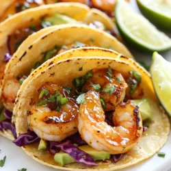 - 1 lb large shrimp, peeled and deveined - 2 tablespoons honey - 2 tablespoons freshly squeezed lime juice - 1 teaspoon lime zest (from about 1 lime) - 2 cloves garlic, finely minced - 1 teaspoon chili powder - Salt and freshly cracked black pepper, to taste The main ingredients create a sweet and tangy flavor for the shrimp. The honey adds sweetness. Lime juice gives a fresh zing. Garlic and chili powder bring depth and warmth. Using fresh ingredients makes a big difference in taste. - 8 small corn tortillas - 1 cup red cabbage, finely shredded - 1 ripe avocado, sliced - Fresh cilantro leaves, for garnish Toppings add texture and color to the tacos. The corn tortillas are soft and warm. Red cabbage adds a nice crunch. Avocado gives creaminess and richness. Cilantro adds a fresh finish to each bite. - Lime wedges for garnish Adding lime wedges makes the dish more fun. Squeezing lime over the tacos boosts all the flavors. It gives each bite a bright and zesty kick. Plus, they look great on the plate. {{ingredient_image_2}} To start, grab a medium mixing bowl. Add the honey, lime juice, lime zest, and minced garlic. Then, sprinkle in the chili powder, salt, and pepper. Whisk these ingredients together until the honey fully dissolves. This step is key for a tasty marinade. You want a smooth mixture that coats the shrimp well. Now, add the peeled and deveined shrimp to the bowl. Make sure each shrimp gets a good coating of the marinade. Cover the bowl and place it in the fridge. I recommend marinating for at least 15-20 minutes. If you have time, let it sit for up to an hour. This extra time brings out the flavors even more. Next, heat a large skillet over medium-high heat. Once the skillet is hot, add the marinated shrimp in a single layer. Cook them for about 2-3 minutes on each side. You’ll know the shrimp are done when they turn pink and opaque. This takes just a few minutes, so keep an eye on them. While the shrimp cooks, it’s time to warm the corn tortillas. You can use a separate skillet over medium heat. Just turn them until they are soft. Alternatively, place them in the microwave for about 20-30 seconds. Cover them with a damp paper towel to keep them moist. To store warm tortillas, wrap them in a clean kitchen towel. This keeps them warm and soft until you are ready to serve. Now for the fun part! Take your warmed tortillas and place 2-3 shrimp on each one. Top the shrimp with a handful of finely shredded red cabbage. Add a few slices of creamy avocado, then sprinkle fresh cilantro leaves on top. For a nice touch, serve the tacos with lime wedges on the side. This adds extra zest to each delicious bite. To avoid overcooking shrimp, watch the time closely. Cook shrimp for only 2-3 minutes on each side. They will turn pink and opaque when done. If you see a greyish color, they need more time. Testing doneness is simple. Cut one shrimp in half. If it’s white and not translucent, it's ready. To make the flavors pop, you can add spices like cumin or paprika. Fresh herbs like cilantro and parsley brighten the dish. Balancing sweetness and tanginess is key. You want the honey's sweetness to match the lime's acidity. Taste your marinade and adjust as needed. For a beautiful plate, use a colorful dish. Arrange the tacos in a fan shape. Add extra cilantro on top for a fresh look. Lime wedges around the tacos make the plate lively. This not only looks good but also adds flavor as you squeeze lime over each taco. Pro Tips Marinate Longer for Flavor: For a more intense flavor, marinate the shrimp for up to an hour. This allows the honey and lime to penetrate the shrimp more deeply. Perfectly Cooked Shrimp: Keep an eye on the shrimp while cooking; they only need about 2-3 minutes per side. Overcooking can make them tough. Warm Tortillas for Better Texture: Warming your corn tortillas enhances their flavor and makes them more pliable, preventing them from cracking when you fill them. Garnish to Impress: Fresh cilantro and vibrant lime wedges not only add flavor but also elevate the presentation of your tacos, making them look restaurant-worthy. {{image_4}} You can change up the protein in these tacos easily. If you want something different, try chicken or fish. Chicken works well with the honey and lime flavors, too. Just marinate it like you do with shrimp. For fish, use a firm type, like tilapia or cod. If you want a vegetarian option, tofu or beans are great choices. Firm tofu soaks up the marinade nicely. Cut it into cubes and cook it until golden brown. Black beans or pinto beans are also tasty. Heat them up with the same spices for a hearty filling. You can mix and match toppings to find what you love. Try adding other vegetables like diced tomatoes, corn, or bell peppers. Fresh salsa gives a fun twist, too. You can also use different greens, like lettuce or arugula, for a crunchy bite. Think about your taste. If you want more heat, add jalapeños or a spicy salsa. For a creamy touch, drizzle some sour cream or yogurt on top. The options are endless—make it your own! You can cook the shrimp in different ways. Grilling them adds a nice smoky flavor. Just place the shrimp on skewers and grill for a few minutes. Sautéing is quick and easy, too. Cook them in a hot skillet for a few minutes until they turn pink. If you prefer baking, that works well, too. Spread the marinated shrimp on a baking sheet. Bake at 400°F for about 10-12 minutes. This method is simple and keeps the shrimp juicy. Choose the cooking style that fits your mood! To keep your leftover tacos fresh, wrap them tightly in plastic wrap or foil. Store them in an airtight container in the fridge. This way, they will stay tasty for up to two days. To freeze shrimp and tortillas, first, place the shrimp in a single layer on a baking sheet. Freeze for about an hour. Once frozen, transfer them to a freezer bag. For tortillas, stack them with parchment paper between each one. Store them in a freezer bag as well. When you want to enjoy them, thaw the shrimp in the fridge overnight. For tortillas, you can warm them in a skillet after thawing. This helps keep the texture nice. To reheat, use a skillet over medium heat for the shrimp. Cook briefly until warm. For tortillas, heat them in a skillet or microwave. If using a microwave, cover them with a damp paper towel. This keeps them soft. Avoid reheating in the oven, as it can dry out the shrimp. Enjoy your tacos just like they were fresh! Yes, you can prep most of this dish ahead. To save time, marinate the shrimp in the honey-lime mix. You can do this a few hours in advance. Just keep the marinated shrimp in the fridge until you're ready to cook. Also, you can chop the cabbage and slice the avocado early. Store them in airtight containers for freshness. If you need a honey swap, consider agave syrup or maple syrup. Both provide sweetness without changing the taste too much. For a low-calorie option, you can use a sugar substitute like stevia. Always adjust the amount to fit your taste. To add heat, try chili flakes or cayenne pepper in the marinade. A few dashes of hot sauce also work well. When you top the tacos, consider adding sliced jalapeños for extra spice. Balance the heat with cooling toppings like sour cream or yogurt. This will keep the flavors in harmony. This post walked you through making honey lime shrimp tacos, covering key ingredients and step-by-step cooking. You learned about marinating shrimp, assembling tacos, and even tips for perfect flavor. Remember, you can mix it up with different proteins and toppings to suit your taste. Store leftovers properly to enjoy them later. Tacos are fun, versatile, and perfect for any meal. Enjoy crafting your own tasty tacos, and let your creativity shine. Happy cooking!