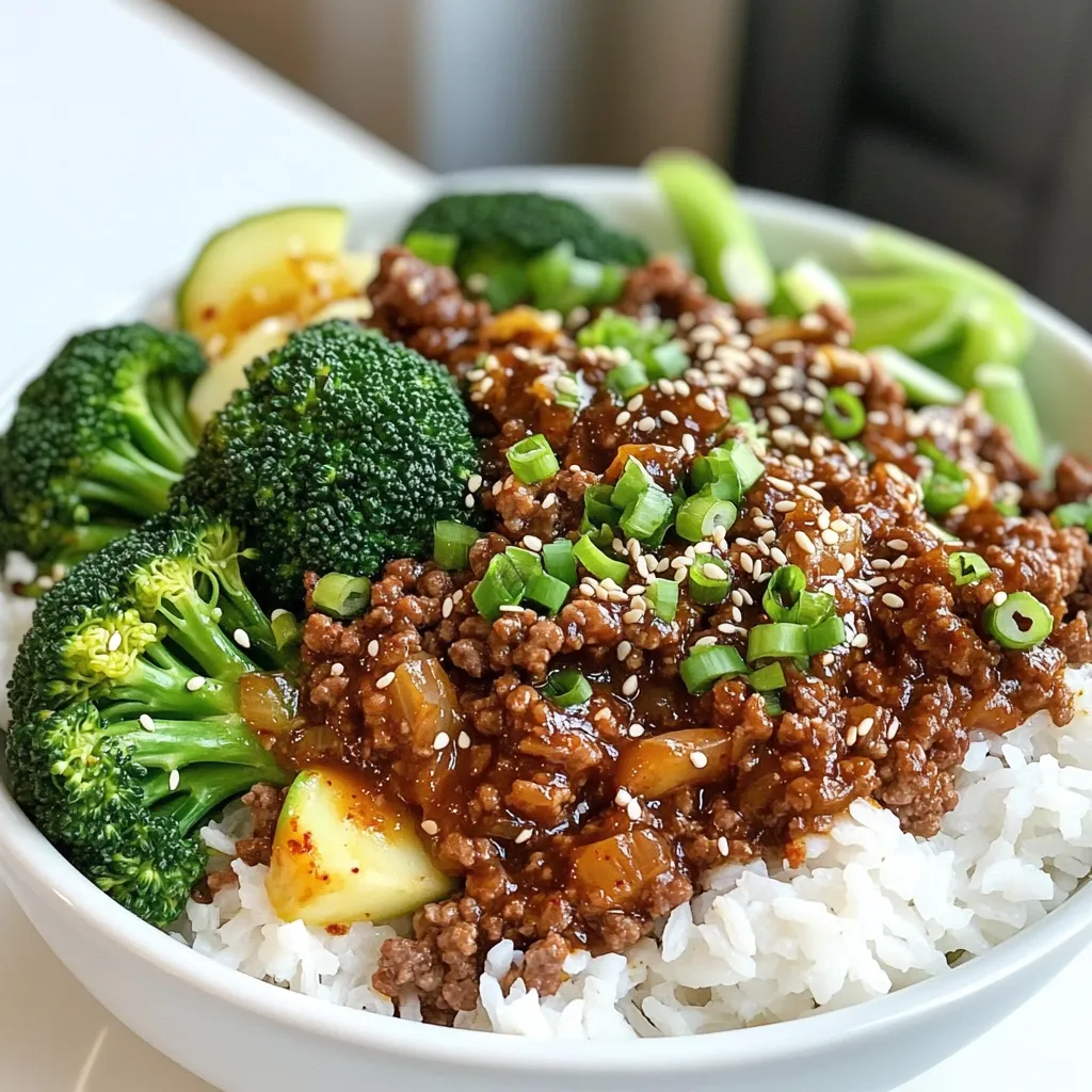 To make Spicy Korean Beef Bowls, you'll need some key ingredients. Here’s your list: - 1 lb ground beef - 1 tablespoon vegetable oil - 4 cloves garlic, minced - 1 tablespoon fresh ginger, minced - 3 tablespoons gochujang (Korean chili paste) - 2 tablespoons soy sauce - 1 tablespoon sesame oil - 2 tablespoons brown sugar - 1 teaspoon freshly ground black pepper - 4 green onions, finely chopped - 1 cup cooked white rice (preferably jasmine or sushi) - 1 cup steamed broccoli florets - 1 tablespoon sesame seeds for garnish These ingredients bring together bold flavors. The gochujang gives a spicy kick. The sesame oil adds a nutty taste. Using fresh garlic and ginger enhances the dish's aroma. To elevate your meal, consider these optional garnishes: - Additional chopped green onions - Sliced cucumbers for crunch - Extra sesame seeds for texture These garnishes add color and freshness to your dish. They also bring a nice crunch to each bite. If you don’t have some ingredients, here’s what you can use: - Ground turkey or chicken instead of beef - Honey or maple syrup instead of brown sugar - Coconut aminos instead of soy sauce for a gluten-free option These substitutions keep the dish tasty while catering to your dietary needs. Remember, cooking is all about using what you have on hand! First, gather all your ingredients. This makes cooking smooth and fun. You will need: - 1 lb ground beef - 1 tablespoon vegetable oil - 4 cloves garlic, minced - 1 tablespoon fresh ginger, minced - 3 tablespoons gochujang (Korean chili paste) - 2 tablespoons soy sauce - 1 tablespoon sesame oil - 2 tablespoons brown sugar - 1 teaspoon freshly ground black pepper - 4 green onions, finely chopped - 1 cup cooked white rice (preferably jasmine or sushi) - 1 cup steamed broccoli florets - 1 tablespoon sesame seeds for garnish Having everything ready saves time. Chop the garlic and ginger finely. This helps release their great flavors. Next, heat a large skillet over medium heat. Add the vegetable oil and let it shimmer. Now, add the minced garlic and ginger. Sauté them for about 1 minute. You want them fragrant but not burnt. Once that’s done, add the ground beef. Use a spatula to break it apart. Cook it until it’s fully browned, which should take about 5-7 minutes. Make sure there is no pink left in the beef. After the beef is cooked, it’s time to add flavor. Stir in the gochujang, soy sauce, sesame oil, brown sugar, and black pepper. Mix well to coat the beef. Let it cook for an extra 3-5 minutes. This helps the flavors blend together nicely. Now, it’s time to build your spicy Korean beef bowls! Start with a generous scoop of cooked white rice at the bottom. Then pile on the beef mixture. Next, add the bright green steamed broccoli florets on top. Drizzle any leftover sauce from the skillet over your bowl. Finally, sprinkle sesame seeds on top for some crunch. You can also add a few extra green onions for color. This meal not only looks great but tastes amazing! Enjoy your delicious creation. To cook ground beef right, you need a hot skillet. Heat your skillet over medium heat first. Then, add the vegetable oil and let it shimmer. Once hot, add your minced garlic and ginger. Cook them for one minute until fragrant. Next, add the ground beef. Break it apart with a spatula as it cooks. Brown the beef for about 5 to 7 minutes. Make sure there is no pink left. This gives you juicy, tasty beef. Gochujang is key for bold flavor. This Korean chili paste adds heat and depth. When you add it to the beef, mix it well to coat every bit. It blends perfectly with soy sauce, sesame oil, and brown sugar. This mix creates a rich sauce that makes the dish shine. If you like it spicy, feel free to add more gochujang. Presentation matters in making meals fun. Start with a generous scoop of rice in each bowl. Then, add the spicy beef mixture on top. Next, layer in vibrant steamed broccoli. Drizzle any leftover sauce over the dish. For a beautiful finish, sprinkle sesame seeds and chopped green onions. You can also add sliced cucumbers on the side. This adds a fresh taste and a pop of color. Enjoy making your bowl look as good as it tastes! {{image_4}} You can switch the ground beef for other proteins. Chicken works great. Use ground chicken for a lighter dish. Tofu is a wonderful choice for a vegetarian option. Press and crumble firm tofu to mimic the beef's texture. Cook it the same way, and it will soak up all the flavors. Feel free to mix in different veggies. Bell peppers add a sweet crunch. Carrots bring color and a bit of sweetness. Snap peas provide a nice snap. You can even use zucchini or mushrooms. Just sauté them along with the garlic and ginger for best results. If you like it hotter, add more gochujang. A little goes a long way, so start small. You can also add fresh chili peppers or chili flakes for extra heat. If you prefer it milder, reduce the gochujang. You can balance the spice with a touch of honey or more sugar. Remember, cooking is all about your taste! To store your leftover spicy Korean beef, let it cool first. Place it in an airtight container. You can keep it in the fridge for up to three days. Make sure to cover it well to keep it fresh. When you’re ready to eat, reheat the beef in a skillet over medium heat. Stir it often until it’s hot. You can also use the microwave. Just place it in a bowl and cover it with a lid. Heat it for one to two minutes, stirring halfway through. If you want to freeze the beef, put it in a freezer-safe bag. Squeeze out the air before sealing it. You can freeze it for up to three months. When you’re ready to enjoy it again, thaw it in the fridge overnight before reheating. Gochujang is a thick Korean chili paste. It adds heat and flavor to dishes. You can find gochujang in Asian grocery stores. It is also available online. Look for it in the international aisle at major supermarkets. Yes, you can prepare Spicy Korean Beef Bowls ahead. Cook the beef mixture and store it in the fridge. It stays fresh for up to three days. Reheat it on the stove or in the microwave. You can also cook the rice ahead, but it's best served fresh. Jasmine rice or sushi rice works best with Spicy Korean Beef Bowls. Both types complement the beef well. They are sticky and absorb the sauce nicely. You can use any white rice if you prefer. Just make sure it's cooked and fluffy! We explored how to make Spicy Korean Beef Bowls, from key ingredients to cooking steps. You learned about essential ingredients like gochujang and how to substitute them. I shared tips for cooking ground beef perfectly and serving beautifully. We discussed tasty variations, storage options, and answered common questions. Now, you have all the tools to create this delicious dish. Enjoy cooking and impress others with your skills!