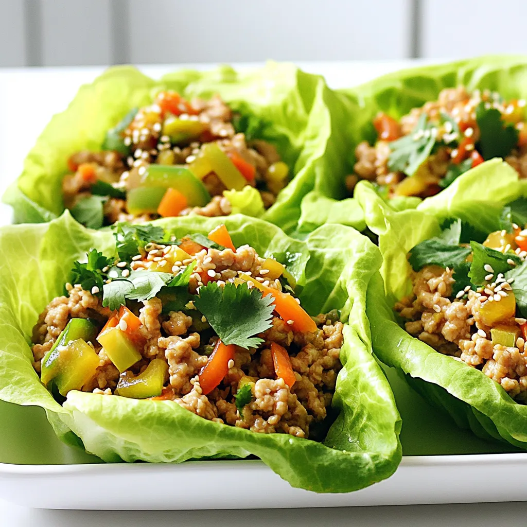 - 1 pound ground chicken - 2 tablespoons sesame oil - 1 tablespoon fresh ginger, finely minced - 3 cloves garlic, finely minced - 2 tablespoons soy sauce - 1 tablespoon honey - 1 tablespoon rice vinegar - 1 medium carrot, finely grated - 1 bell pepper (any color), diced - 3 green onions, thinly sliced - 1/4 cup water chestnuts, finely chopped - 1 head of butter or Romaine lettuce, leaves carefully separated - Toasted sesame seeds for garnish - Fresh cilantro leaves for garnish - Sesame oil - Skillet or wok - Spatula Each ingredient plays a key role in the taste and texture of the wraps. Ground chicken gives a rich flavor and a good protein boost. Fresh ginger and garlic add brightness and depth. Soy sauce, honey, and rice vinegar blend sweet and savory notes. The veggies bring crunch and color. Carrots and bell peppers add a sweet bite, while water chestnuts offer a satisfying crunch. Lettuce leaves serve as the perfect, low-carb vessel for the filling. To cook, you need a skillet or wok and a spatula. Sesame oil is essential for sautéing and infusing flavor. Use these ingredients to create a dish that is both wholesome and delicious. 1. Start by heating 2 tablespoons of sesame oil in a large skillet over medium heat. Wait until it shimmers. 2. Add 1 tablespoon of minced ginger and 3 cloves of minced garlic. Sauté for about 1 minute until fragrant. Don't let it brown. 3. Next, add 1 pound of ground chicken. Use a spatula to break it up. Cook for 5-7 minutes, stirring until the chicken is browned and cooked through. 1. Pour in 2 tablespoons of soy sauce, 1 tablespoon of honey, and 1 tablespoon of rice vinegar. Stir well to mix the flavors. 2. Let this cook for another 2 minutes to deepen the taste. 3. Now add 1 grated carrot, 1 diced bell pepper, 3 sliced green onions, and 1/4 cup of chopped water chestnuts. Stir everything together. Cook for an extra 3-4 minutes until the veggies soften slightly. 1. Remove the skillet from heat and let the chicken mixture cool for a few moments. 2. Take individual lettuce leaves and spoon in the chicken mixture. Each leaf will become your wrap. 3. For the final touch, sprinkle toasted sesame seeds and add a few cilantro leaves on top of each wrap. This gives extra flavor and looks great! To get the best flavor, start with the chicken. Heat sesame oil in your skillet until it shimmers. This means it’s hot enough. Add minced ginger and garlic. Sauté it for about one minute. You want it fragrant but not browned. When you add the ground chicken, break it into small pieces. Cook it for 5 to 7 minutes until it turns brown. This browning gives the chicken great flavor. Next, add your veggies. Mix in the carrot, bell pepper, green onions, and water chestnuts. Cook for about 3 to 4 minutes. Don’t overcook them! You want some crunch and color in your wraps. Presentation is key! Arrange the filled lettuce wraps on a nice platter. This makes your meal look extra special. For added fun, include small bowls of dipping sauces. Soy sauce is a classic choice. You can also offer a spicy chili sauce for those who like heat. This lets everyone customize their flavor. If you are gluten-free, swap soy sauce for tamari. This gives you the same salty flavor without gluten. For nut allergies, stay clear of any sauces with nuts. Sesame oil is safe, but always check labels. You can still enjoy these wraps without worry! {{image_4}} You can switch the ground chicken for turkey if you prefer. Turkey has a lighter taste but works well with the same flavors. For a plant-based option, use ground meat made from soy or pea protein. These alternatives still provide great texture and taste. Feel free to add your favorite spices or sauces. A dash of sriracha adds heat, while a sprinkle of five-spice powder can enhance the dish's depth. You might also try teriyaki sauce for a sweeter twist. These small changes can give your wraps a whole new vibe. Lettuce is the star, but you can use other greens too. Try collard greens for a sturdier wrap or spinach for a softer bite. You can also mix in extra veggies. Chopped mushrooms or diced zucchini add more flavor and nutrition. Let your creativity shine with these swaps! Store your leftover wraps in an airtight container. This keeps them fresh and tasty. If you have the mixture and lettuce separate, it will last longer. Place the chicken mix in one container and the lettuce in another. This method helps keep the lettuce crisp. To freeze your wraps, cool the chicken mixture first. Then, place it in a freezer-safe bag or container. Squeeze out the air to avoid freezer burn. For best results, eat the frozen mix within three months. To reheat, thaw it overnight in the fridge. Heat in a skillet over medium heat until hot. Serve with fresh lettuce. These wraps will last about three days in the fridge. After that, the chicken may spoil. Check for any off smells or changes in texture before eating. Enjoy them while they are fresh for the best flavor and safety. For these wraps, I recommend using butter or Romaine lettuce. Both provide a nice crunch and are sturdy enough to hold the filling. Butter lettuce has a soft, tender leaf that is easy to bite into. Romaine offers a bit more crunch and a sturdy base. You can also try iceberg lettuce for a crispier option. Just ensure the leaves are fresh and whole for the best wrap experience. Yes, you can prepare the chicken mixture in advance! Cook the mixture and let it cool. Then, store it in an airtight container in the fridge. It will stay fresh for up to three days. When you are ready to serve, just reheat it on the stove over low heat. This makes it a great option for meal prep or quick dinners. To add some heat, you can mix in a bit of sriracha or chili paste when you combine the chicken with the soy sauce. You can also sprinkle red pepper flakes on the chicken mixture. For an extra kick, try adding sliced jalapeños to the mix. Don’t forget to adjust the spice to your liking! You now have a clear path to make delicious sesame ginger chicken lettuce wraps. We discussed the essential ingredients, from fresh chicken to vibrant veggies. You learned to cook the chicken well and assemble the wraps for a great meal. Remember, don't overcook the veggies for the best texture. Feel free to experiment with flavors and substitutes. Whether you want gluten-free options or new veggies, these wraps are adaptable. Enjoy making these tasty wraps and impress your friends and family with your cooking skills. Happy cooking!