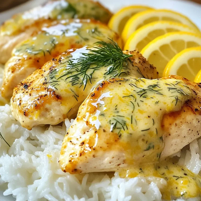 - 4 boneless, skinless chicken breasts - 1 tablespoon extra virgin olive oil - 1 teaspoon garlic powder - Sea salt and freshly cracked black pepper to taste - 1 cup low-sodium chicken broth - 1 cup heavy cream - Zest of 1 large lemon - Juice of 1 large lemon - 2 tablespoons fresh dill, finely chopped - 1 tablespoon Dijon mustard - 1 teaspoon cornstarch mixed with 1 tablespoon cold water (optional, for thickening) To make Creamy Lemon Dill Chicken, you need simple yet fresh ingredients. Start with the chicken breasts. They form the base of this dish. Choose boneless and skinless ones for easy cooking and eating. Next, gather your seasoning ingredients. Olive oil adds a nice touch. Garlic powder gives depth. Don't forget sea salt and black pepper to enhance the chicken's flavor. For the creamy sauce, you'll need chicken broth and heavy cream. The broth adds a savory base, while the cream makes it rich. Lemon zest and juice bring brightness. Fresh dill adds a lovely herb note, and Dijon mustard gives a bit of a kick. If you want a thicker sauce, cornstarch mixed with cold water can help. By using these ingredients, you will create a dish that is both simple and full of flavor. Cooking with fresh, quality ingredients makes all the difference. Enjoy the process and the taste! {{ingredient_image_2}} Start by seasoning the chicken breasts. Use garlic powder, sea salt, and pepper. Make sure to coat both sides. This step makes your chicken flavorful. Heat a large skillet over medium-high heat. Add the extra virgin olive oil. Once the oil shimmers, place the chicken in the skillet. Cook the chicken undisturbed for 6-7 minutes per side. You want a golden-brown crust. Check that the chicken reaches 165°F. Once cooked, move the chicken to a plate and cover it with foil. In the same skillet, pour in the chicken broth. Use a wooden spoon to scrape the browned bits from the bottom. These bits add flavor. Bring this mixture to a gentle simmer. Lower the heat to a gentle simmer. Stir in the heavy cream, lemon zest, lemon juice, chopped dill, and Dijon mustard. Mix until smooth. Allow the sauce to simmer for 3-4 minutes. This allows the flavors to meld together nicely. If you like a thicker sauce, use cornstarch mixed with cold water. Slowly stir this mixture into the sauce. Let it cook for another minute until it thickens to your liking. Return the seared chicken to the skillet. Spoon the creamy lemon dill sauce over each piece. Let everything cook together for 2-3 minutes. This ensures the chicken is warmed through and infused with flavor. Plate the chicken hot. Drizzle the creamy lemon dill sauce generously over each piece. For a lovely touch, serve it on fluffy rice or creamy mashed potatoes. Garnish with extra dill and lemon slices for color. Enjoy your meal! To keep your chicken juicy, start with good quality meat. Choose fresh, boneless, skinless chicken breasts. Season them well with garlic powder, sea salt, and black pepper. Make sure to let the chicken rest for a few minutes after cooking. This helps keep the juices inside. Always check the internal temperature. It should reach 165°F or 75°C. If you overcook, the chicken may dry out. The sauce should be creamy and smooth. After adding heavy cream, let it simmer gently. This helps blend the flavors well. If it seems too thin, you can thicken it. Mix cornstarch with cold water to form a paste. Add this to the sauce slowly. Stir it well and cook for another minute. This will help achieve the perfect consistency. Use a heavy-bottomed skillet for even cooking. Heat the oil until it shimmers before adding the chicken. This creates a nice crust on the chicken. Cook undisturbed for 6-7 minutes on each side. After searing, use the same pan for the sauce. This adds more flavor from the browned bits. Always keep the heat at a medium-high level when searing. For the sauce, lower the heat to a gentle simmer. This helps prevent burning. Pro Tips Use Fresh Ingredients: Fresh herbs and citrus will elevate the flavors of your dish. Opt for fresh dill and a juicy lemon for the best results. Let the Chicken Rest: After cooking, allow the chicken to rest covered for a few minutes. This helps retain its juices, making it more tender and flavorful. Adjust Seasoning: Always taste your sauce before serving. You can add more salt, pepper, or lemon juice to suit your preference. Pairing Suggestions: This dish pairs beautifully with a side of steamed vegetables or a fresh salad to balance the richness of the cream. {{image_4}} You can easily swap chicken for other proteins. Try using thin pork chops, shrimp, or even fish. Each option brings a new twist to the creamy lemon dill flavor. For shrimp, cook until they turn pink. For fish, choose a firm type like salmon. Adjust cooking times to ensure each protein is cooked through. This dish can be made gluten-free with simple changes. Use gluten-free chicken broth instead of regular. Ensure your Dijon mustard is gluten-free. The cornstarch used for thickening is naturally gluten-free. This way, everyone can enjoy the creamy lemon dill sauce without worry. To make this dish vegetarian, swap the chicken for hearty vegetables. Use mushrooms, zucchini, or eggplant. Sear these veggies until tender. Replace the chicken broth with vegetable broth for a rich flavor. The creamy sauce will still shine with lemon and dill, creating a delightful vegetarian meal. After enjoying your creamy lemon dill chicken, store leftovers in an airtight container. This keeps the chicken fresh and safe to eat. Place it in the fridge if you plan to eat it within three days. For best taste, let it cool to room temperature before sealing. To reheat, use a skillet on low heat. Add a splash of chicken broth to keep it moist. Heat until warm, stirring gently. You can also microwave it, but cover it to prevent drying out. Heat in short bursts of 30 seconds, checking after each burst. If you want to save it for later, freezing is a great option. Let the chicken and sauce cool completely. Then, transfer them to a freezer-safe bag or container. Remove as much air as possible to prevent freezer burn. It will keep well for up to three months. To eat, thaw in the fridge overnight and reheat. You can pair this dish with many sides. Here are some great options: - Steamed rice: The fluffy rice absorbs the creamy sauce well. - Mashed potatoes: Creamy potatoes add comfort and richness. - Roasted vegetables: Bright veggies add color and flavor to your plate. - Salad: A light salad balances the richness of the chicken. - Quinoa: This is a healthy, nutty option with great texture. Yes, you can make this dish dairy-free. Use coconut cream or almond milk instead of heavy cream. These options keep the sauce creamy and tasty. Replace the butter with olive oil for cooking. This way, you keep all the flavors without dairy. To change the tanginess, you can modify the lemon juice. If you want less tang, use less lemon juice. If you like it tangy, add more juice. You can also add a bit of sugar or honey to balance the flavors. Taste as you go to find the right mix for your palate. This blog post detailed how to make a Creamy Lemon Dill Chicken. You learned about key ingredients, steps, and cooking tips. We explored variations for different diets and discussed storage methods. Remember, the right techniques bring out the best flavors. Feel free to experiment with swaps that fit your taste. Cooking should be fun and rewarding. Enjoy every bite!