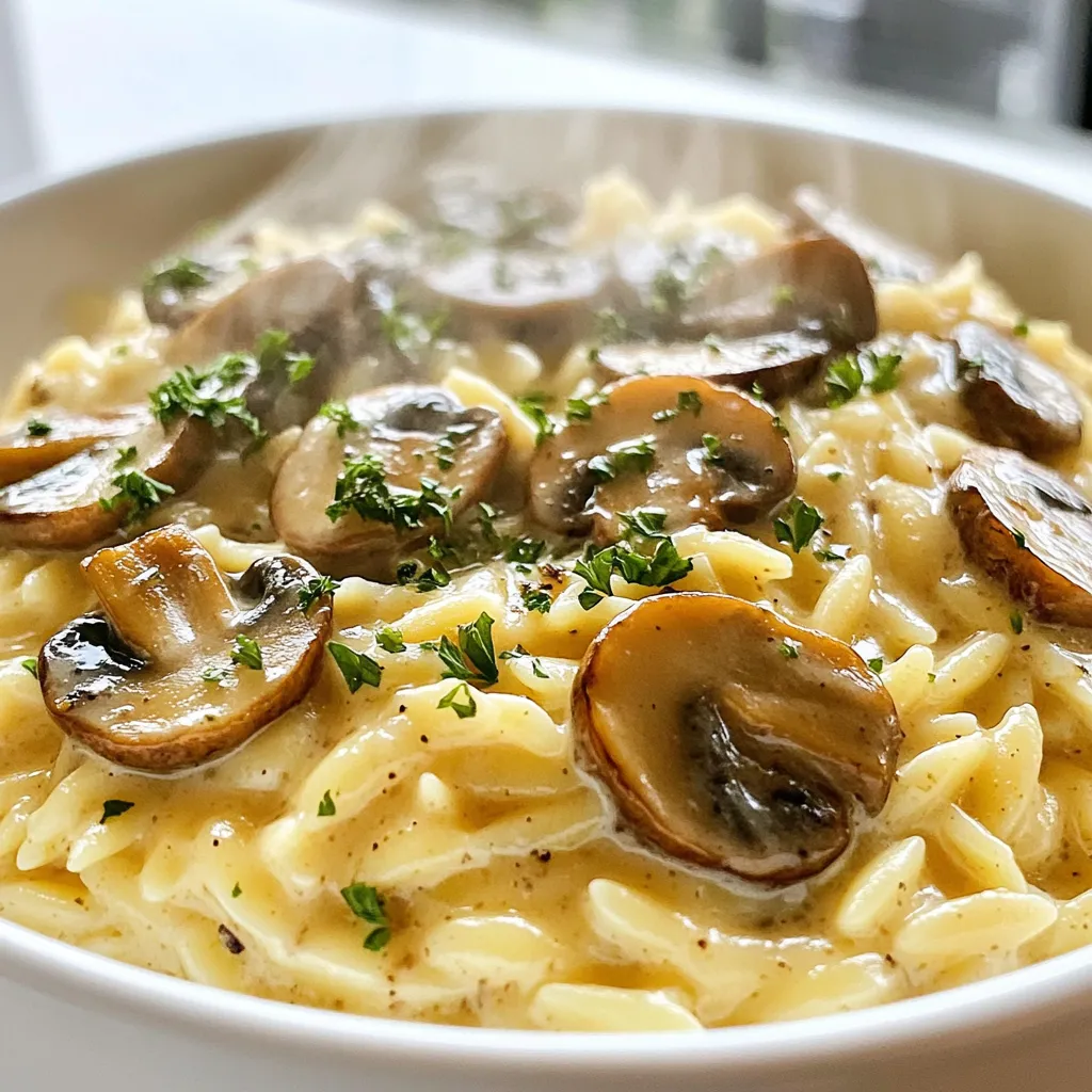 - 1 cup orzo pasta - 2 tablespoons extra virgin olive oil - 1 medium onion, finely diced - 3 cloves garlic, minced - 8 ounces fresh mushrooms, sliced (cremini or button are ideal) - 3 cups vegetable broth - 1 cup heavy cream (substitute with coconut milk for a lighter option) - 1/2 cup grated Parmesan cheese (or nutritional yeast for a vegan alternative) - Salt and freshly cracked black pepper to taste - Fresh parsley, finely chopped (for garnish) When I make creamy garlic mushroom orzo, I choose fresh and high-quality ingredients. Each one plays a key role in the dish. The orzo pasta offers a lovely texture. The extra virgin olive oil adds great flavor and richness. I like to use a medium onion for sweetness. Garlic is a must for its strong aroma and taste. Fresh mushrooms bring earthiness to the dish. I prefer cremini or button mushrooms for their mild flavor. Vegetable broth keeps the dish light yet flavorful. Heavy cream gives that rich, creamy texture. For a lighter option, I sometimes use coconut milk. Grated Parmesan cheese adds a salty, nutty taste, but you can swap it for nutritional yeast for a vegan option. Finally, salt and freshly cracked black pepper are essential for seasoning. I always top the dish with fresh parsley for a burst of color and flavor. This combination makes creamy garlic mushroom orzo a delightful comfort meal. {{ingredient_image_2}} - Sautéing Onion and Garlic Start by heating 2 tablespoons of extra virgin olive oil in a large skillet over medium heat. Add 1 medium onion, finely diced, and sauté for 3-4 minutes. The onion should become soft and translucent. Next, add 3 minced garlic cloves and mix well. Cook for 1 more minute to let the garlic's flavor shine. - Cooking the Mushrooms Now, toss in 8 ounces of sliced mushrooms. You can use cremini or button mushrooms. Cook for 5-7 minutes, stirring often. You want the mushrooms to be tender and golden brown, releasing their moisture. - Adding Orzo and Toasting Add 1 cup of orzo pasta to the skillet. Stir to coat the orzo with the onion and mushroom mix. Let it toast for about 1 minute. This step enhances the flavor of the orzo, making it even more delicious. - Incorporating Broth and Simmering Gradually pour in 3 cups of vegetable broth while stirring constantly. Once the mixture starts to bubble, lower the heat and cover the skillet. Let it simmer for 10-12 minutes. The orzo should be tender, and most of the broth should be absorbed. - Stirring in Cream and Cheese After the orzo is ready, stir in 1 cup of heavy cream and 1/2 cup of grated Parmesan cheese. If you want a vegan option, use nutritional yeast instead of cheese. Season with salt and freshly cracked black pepper to taste. Cook on low heat for 3-4 minutes to make it creamy and warm. - Finishing Touches Once done, take the skillet off the heat. Sprinkle freshly chopped parsley on top to add a pop of color and flavor. Serve the creamy orzo in shallow bowls, and if you like, add more cheese or a sprig of parsley as a garnish. Enjoy your tasty meal! - Ensuring Creaminess To make your orzo creamy, stir in the heavy cream slowly. This helps blend it smoothly. If you want a lighter dish, use coconut milk instead. It adds a nice flavor too. - Adjusting Seasoning Taste your orzo as it cooks. You may need more salt and pepper. You can also add herbs like thyme or basil for extra flavor. Don’t be afraid to adjust to your taste! - Timing for Tender Orzo Cook the orzo for about 10-12 minutes. Check it often. You want it to be soft but not mushy. The orzo should soak up the broth well. - Avoiding Overcooking Keep an eye on the pot. If you overcook the orzo, it will become sticky. Stir it gently and take it off the heat as soon as it is tender. This keeps it fluffy and nice. Pro Tips Choose the Right Mushrooms: Opt for cremini or button mushrooms for a rich flavor and tender texture that complements the creamy sauce. Toast the Orzo: Lightly toasting the orzo before adding the broth enhances its nuttiness and depth of flavor. Adjust Creaminess: If you prefer a lighter dish, substitute heavy cream with coconut milk or a plant-based cream alternative. Garnish for Freshness: Always finish with freshly chopped parsley for a pop of color and a fresh herbaceous note that brightens the dish. {{image_4}} To make this dish lighter, swap heavy cream for coconut milk. This change keeps the creaminess but cuts calories. You can also use less olive oil or try vegetable broth as a base. For a vegan version, use nutritional yeast instead of Parmesan cheese. It adds a cheesy flavor without dairy. You can also replace the heavy cream with coconut milk for richness. Add cooked chicken, shrimp, or tofu to boost protein. These options enhance flavor and make the meal heartier. Just stir in your choice during the last few minutes of cooking. Fresh herbs like thyme or basil can elevate the dish. A pinch of red pepper flakes adds heat. Mix in these extras at the end for a fresh pop of flavor. You can stir in spinach, peas, or bell peppers for added nutrition and color. Sauté these veggies with onions for a few minutes before adding mushrooms. This step helps them cook evenly and blend well. - Refrigeration Tips: Store any leftover creamy garlic mushroom orzo in an airtight container. Place it in the fridge within two hours of cooking. It will stay fresh for about 3-4 days. Make sure to cool it down before sealing. This helps prevent moisture from building up inside the container. - Freezing Guidelines: If you want to keep it longer, you can freeze it. Use a freezer-safe container or bag. The orzo can freeze well for up to 2 months. When freezing, label the container with the date. This way, you can track how long it’s been stored. - Best Methods to Reheat: The best way to reheat your orzo is on the stove. Place it in a skillet over low heat. Add a splash of vegetable broth or water to keep it creamy. Stir often to prevent sticking. Heat until it’s warmed throughout. You can also use a microwave if you’re short on time. Place the orzo in a microwave-safe bowl. Add a little liquid, cover it, and heat in short bursts. Stir in between to ensure even heating. Enjoy your creamy garlic mushroom orzo just like the first time! Can I use a different type of pasta? Yes, you can use different pasta. Try small shapes like ditalini or even rice. Just adjust the cooking time according to the package. How do I make it vegan? To make it vegan, swap heavy cream for coconut milk. Use nutritional yeast instead of Parmesan. These changes keep the dish creamy and full of flavor. What are good side dishes to serve with this orzo? Serve it with a fresh salad or steamed green beans. Garlic bread also pairs well. These sides balance the creamy dish. How long can I store leftovers? You can store leftovers in the fridge for up to three days. Make sure to place it in an airtight container. Can I add chicken or other proteins? Absolutely! Grilled chicken or shrimp adds protein and texture. Stir them in during the last few minutes of cooking for best results. You now have all the tools to make a tasty creamy garlic mushroom orzo. We covered the key ingredients, from orzo pasta to Parmesan cheese. You learned step-by-step how to prepare it perfectly. Don’t forget the tips to keep it creamy and flavorful. You can even try the fun variations to mix things up. Store any leftovers correctly to enjoy later. Now, get cooking and share your delicious dish with others. Enjoy every creamy bite!
