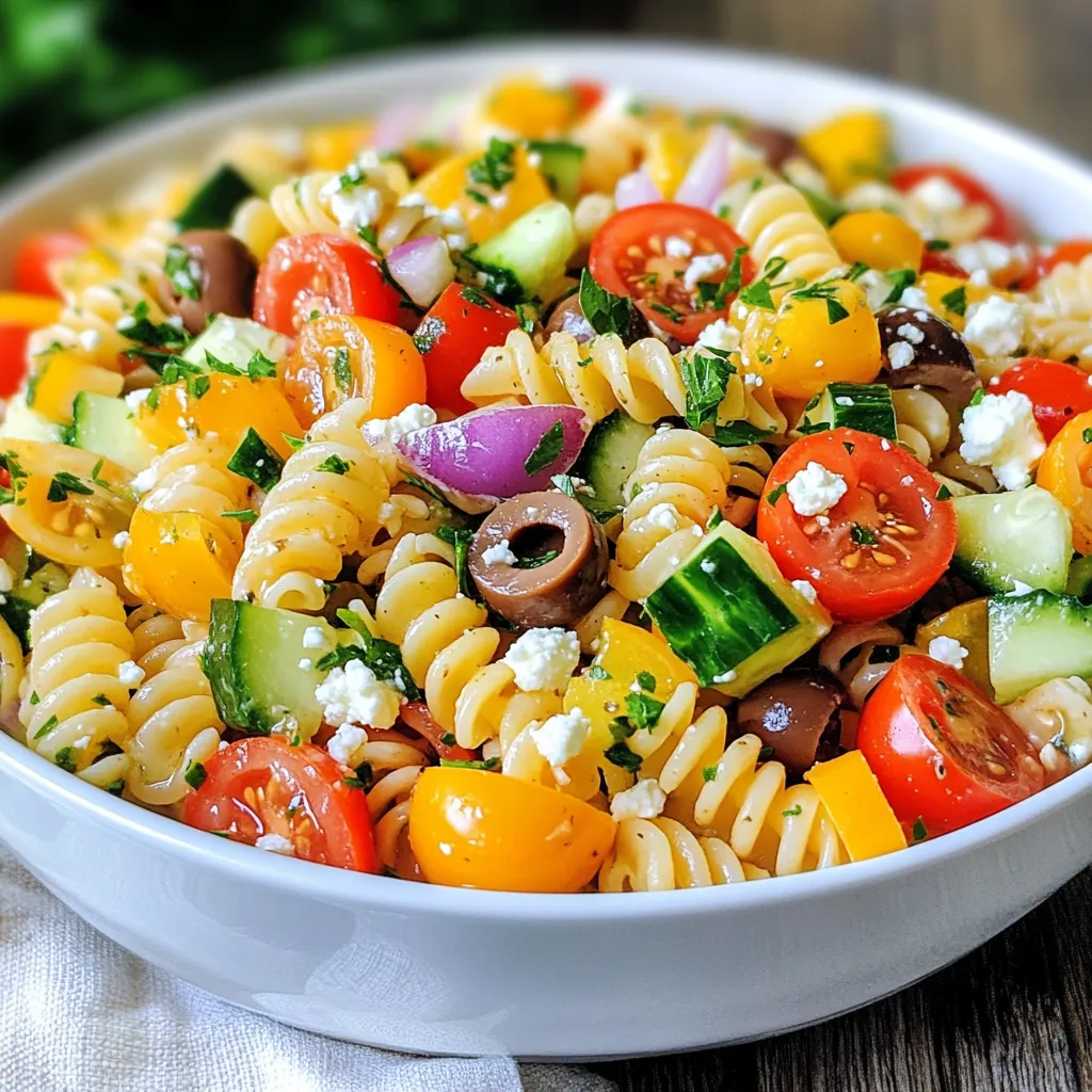 To make a tasty Greek pasta salad, you need the following main ingredients: - 8 ounces whole wheat fusilli pasta - 1 cup cherry tomatoes, halved - 1 medium cucumber, diced - 1 bell pepper (any color), diced - 1/2 large red onion, finely chopped - 1 cup Kalamata olives, pitted and halved - 1/2 cup feta cheese, crumbled - 1/4 cup fresh flat-leaf parsley, chopped These ingredients create a fresh and colorful dish. The whole wheat pasta gives a nice texture. The veggies add crunch, and the olives bring a briny taste. The feta adds creaminess, making the salad exciting. You can customize your Greek pasta salad with these optional ingredients: - Artichoke hearts - Sun-dried tomatoes - Spinach or arugula - Avocado - Grilled chicken or shrimp for protein If you can't find whole wheat fusilli, feel free to use any pasta shape you love. You can also swap Kalamata olives for green olives or use goat cheese instead of feta. These changes can make the salad unique to your taste! The dressing is simple yet flavorful. You will need: - 1/4 cup extra-virgin olive oil - 2 tablespoons red wine vinegar (or fresh lemon juice) - 1 teaspoon dried oregano - Salt and black pepper to taste This dressing ties everything together. The olive oil adds richness, while the vinegar gives a nice tang. The oregano adds a hint of earthiness. You can mix it up by adding garlic or mustard for extra flavor. {{ingredient_image_2}} Start by boiling water in a large pot. Use salt to flavor the water. Add 8 ounces of whole wheat fusilli pasta. Cook it until it's al dente, usually about 8–10 minutes. Drain the pasta in a colander. Rinse it under cold water to stop cooking. Set it aside to cool completely. While the pasta cools, grab a large mixing bowl. Add 1 cup of halved cherry tomatoes, 1 medium diced cucumber, and 1 diced bell pepper. You can use any color bell pepper for a fun look! Next, chop 1/2 large red onion finely and add it to the bowl. Gently toss the vegetables together. In a small bowl, whisk together 1/4 cup of extra-virgin olive oil and 2 tablespoons of red wine vinegar. You can swap the vinegar for fresh lemon juice if you like. Add 1 teaspoon of dried oregano, and season with salt and black pepper. Mix until the dressing is smooth and well combined. Take the bowl with vegetables. Add 1 cup of halved Kalamata olives and 1/2 cup of crumbled feta cheese. Carefully fold these in. Next, drizzle the dressing over the salad. Add the cooled pasta and 1/4 cup of chopped fresh parsley. Using a spatula, gently mix everything until well coated. Cover the bowl with plastic wrap or a lid. Chill the pasta salad in the fridge for at least 30 minutes. This step helps all the flavors blend together. Enjoy your Greek pasta salad chilled for a refreshing taste! To cook pasta right, use a large pot. Fill it with water and add salt. Bring it to a boil. Add the whole wheat fusilli pasta and stir. Cook until al dente, following the package time. Al dente means the pasta is firm. After cooking, drain it in a colander. Rinse the pasta under cold water. This stops cooking and keeps it from getting mushy. Set it aside to cool completely. Boost the salad's taste with a few simple tricks. First, use fresh herbs like parsley for a bright touch. Fresh lemon juice can add a nice zing in place of vinegar. You can also try adding a pinch of red pepper flakes for heat. If you like a bit of sweetness, add diced bell peppers or a splash of balsamic vinegar. These small changes can make a big difference. For serving, choose a large bowl that shows off the salad's colors. You can also divide it into smaller plates for guests. Garnish each serving with extra feta cheese and parsley. This makes the dish look more appealing. Serve chilled for a refreshing taste. It pairs well with grilled chicken or fish. Enjoy the fresh flavors of this Greek pasta salad! Pro Tips Cook Pasta Al Dente: Ensure the pasta is cooked al dente for the best texture. This will help it maintain its shape and not become mushy when mixed with the dressing. Use Fresh Ingredients: Fresh vegetables and herbs not only enhance the flavor but also add vibrant colors to your salad, making it visually appealing. Chill Before Serving: Allowing the pasta salad to chill in the refrigerator for at least 30 minutes helps the flavors blend and intensify, making each bite more delicious. Customize Your Salad: Feel free to add other Mediterranean ingredients such as artichoke hearts, sun-dried tomatoes, or different cheese varieties to make the salad your own. {{image_4}} You can easily make Greek pasta salad gluten-free. Swap the whole wheat fusilli for gluten-free pasta. Look for brands made from rice, corn, or chickpeas. They add great texture. Always check the labels for gluten-free certification. Add more crunch and color with extra veggies. Bell peppers, cucumbers, or zucchini all work well. You might try adding roasted red peppers for a smoky flavor. Artichoke hearts or broccoli also bring a nice touch. The key is to use what you love. Boost the protein in your salad by adding grilled chicken or shrimp. Chickpeas are a great vegetarian option. You can also use feta cheese for added protein. For a twist, try adding smoked salmon. This makes your salad more filling and satisfying. To keep your Greek pasta salad fresh, store it in the fridge. Use an airtight container for best results. This keeps the flavors intact and prevents any spills. Make sure to cover it well. If you have a lot, divide it into smaller portions. This way, you can grab a quick meal anytime. Greek pasta salad is best served cold. You don't need to reheat it. If you prefer it warm, gently heat it in a pan. Add a splash of olive oil to keep it moist. Stir it well until just warm, but not hot. This helps maintain the fresh taste of the vegetables. The salad will last for 3 to 5 days in the fridge. After this, the veggies may lose their crunch. Always check for any off smells or changes in color. If you see any, it’s best to toss it. Enjoy your Greek pasta salad while it's fresh for the best taste and texture! Yes, you can make Greek Pasta Salad in advance. It tastes even better after chilling for a few hours or overnight. The flavors blend well, making every bite delicious. Just keep it in a sealed container in the fridge. Whole wheat fusilli pasta is best for this salad. Its shape holds dressing and ingredients well. You can also use other pasta shapes like penne or rotini. Just choose a short pasta for the best texture. To keep the pasta from getting soggy, rinse it under cold water after cooking. This stops the cooking and cools the pasta quickly. Make sure to drain it well before mixing. Avoid letting it sit too long with the dressing. Yes, you can use different cheeses. Feta cheese gives a nice tang, but you can try goat cheese or mozzarella. Each cheese adds a unique flavor, so feel free to mix and match based on your taste. Greek Pasta Salad is a flavorful dish full of fresh ingredients. We covered key ingredients, preparation steps, and tips to help you perfect it. You learned how to store leftovers and explore variations. As you make this salad, remember you can customize it to fit your taste. Whether adding more veggies or proteins, the options are endless. Enjoy this quick and tasty meal over and over again!
