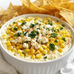 To make Mexican street corn dip, you will need the following ingredients: - 4 fresh corn cobs, husked and grilled - 1 cup cream cheese, softened - 1/2 cup sour cream - 1/2 cup mayonnaise - 1 cup crumbled feta cheese - 1/2 cup fresh cilantro, finely chopped - 1 lime, juiced - 1 teaspoon chili powder - 1/2 teaspoon cumin - Salt and pepper to taste - Tortilla chips for serving You can easily swap some ingredients if needed: - Cream Cheese: Use goat cheese or Greek yogurt for a tangy twist. - Feta Cheese: Try cotija cheese for a more authentic flavor. - Sour Cream: Plain yogurt works well as a substitute. - Mayonnaise: Use a vegan mayo if you prefer a plant-based option. - Cilantro: Parsley can replace cilantro if you're not a fan. For the best taste, I recommend these brands: - Cream Cheese: Philadelphia is always a favorite for its creaminess. - Feta Cheese: Dodoni offers a great crumbly texture and flavor. - Mayonnaise: Hellmann’s is known for its rich taste. - Chili Powder: McCormick provides a balanced blend of spices. This list makes it easy to gather everything you need for the dip. Each ingredient adds to the delicious, creamy, and zesty flavors that make this dip a crowd-pleaser. Enjoy making it! {{ingredient_image_2}} To make Mexican Street Corn Dip, gather your ingredients first. You need fresh corn, cream cheese, sour cream, and mayonnaise. Also, get feta cheese, cilantro, lime, chili powder, cumin, salt, and pepper. Don't forget the tortilla chips for dipping! 1. Grill the Corn: Start by grilling four fresh corn cobs. Set your grill to medium-high heat. Grill for 10 to 15 minutes. Turn the corn often until it gets light brown. 2. Cut the Corn: Once the corn cools, use a sharp knife. Carefully cut the kernels off the cob. Place all the kernels in a large bowl. 3. Mix the Creamy Base: In another bowl, mix one cup of soft cream cheese, half a cup of sour cream, and half a cup of mayonnaise. Stir until it’s smooth and creamy. 4. Combine Ingredients: Add the grilled corn, one cup of crumbled feta, half a cup of chopped cilantro, the juice of one lime, one teaspoon of chili powder, and half a teaspoon of cumin into the creamy mix. Season with salt and pepper. Stir everything well until it’s fully combined. 5. Taste and Adjust: Try your dip. If you want, add more lime juice or spices to suit your taste. 6. Chill the Dip: Transfer the dip to a serving bowl. Cover it and chill in the fridge for at least 30 minutes. This helps the flavors blend together. 7. Serve and Enjoy: Serve the dip chilled with tortilla chips. Dive in and enjoy every bite! - Grill the corn while you prepare the creamy mix. This saves time. - Make sure to chill the dip for at least 30 minutes. This step is key for flavor. - Use fresh corn for the best taste. It makes a big difference! - For a fun look, serve the dip in a colorful bowl. Garnish with extra cilantro and lime slices. To boost the taste of your Mexican street corn dip, consider these tips: - Use fresh ingredients: Fresh corn adds sweetness and crunch. Grilling enhances its flavor. - Add more lime juice: A splash of lime juice brightens up the dip. It gives a nice zing. - Experiment with spices: Try adding garlic powder or smoked paprika for depth. Just a pinch can transform the dip. - Mix in jalapeños: If you like heat, chop fresh jalapeños into the mix. They add spice and flavor. Serve your dip cold for the best taste. Here are some fun presentation ideas: - Colorful bowls: Use a bright bowl to make the dip pop. It draws attention and makes it fun. - Garnish creatively: Top with extra cilantro and lime wedges. This adds freshness and looks great. - Use tortilla chips: Serve with crispy tortilla chips. They are perfect for dipping and add crunch. You can easily make this dip ahead of time. Here’s how: - Chill before serving: After mixing, let it sit in the fridge for at least 30 minutes. This helps the flavors blend. - Store properly: Place the dip in an airtight container. This keeps it fresh and tasty. - Lasting flavor: The dip lasts up to three days in the fridge. Just give it a stir before serving again. Pro Tips Fresh Corn is Best: For the most flavorful dip, use fresh corn on the cob. Grilling enhances the sweetness and adds a smoky flavor. Customize Your Spice Level: Adjust the amount of chili powder to suit your taste. For a milder dip, start with less and add more as needed. Chill for Maximum Flavor: Allow the dip to chill in the refrigerator for at least 30 minutes before serving. This helps the flavors meld beautifully. Garnish for Presentation: Top your dip with extra fresh cilantro and lime wedges for a vibrant and appealing presentation. {{image_4}} To make a spicy version, add diced jalapeños to the mix. Start with one jalapeño, remove the seeds, and chop it finely. If you love heat, you can add more! You can also sprinkle some cayenne pepper on top for an extra kick. This dip will bring the heat and flavor that everyone loves. If you want a vegan version, swap the cream cheese, sour cream, and mayonnaise for plant-based options. Look for vegan cream cheese and sour cream at your store. You can use cashew cream as a great substitute for a creamy texture. Use nutritional yeast to add a cheesy flavor without dairy. Your dip will still taste amazing and be plant-based! Cheese can change the dip's flavor profile. If you prefer, swap feta for goat cheese or cotija cheese. These cheeses add a unique taste. You can also try using shredded cheese like Monterey Jack or mozzarella for a melt-in-your-mouth experience. Mix and match cheeses to find your favorite combination. To keep your Mexican Street Corn Dip fresh, store leftovers in an airtight container. Make sure to seal it well. This helps to keep the flavors strong and the dip safe to eat. Your dip will last about 3 to 5 days in the fridge. Always check for any signs of spoilage before you enjoy it again. If it smells off or looks strange, it's best to toss it. You can freeze this dip, but it may change texture when thawed. To freeze, put the dip in a freezer-safe container. Leave some space at the top, as it may expand. It will stay good for up to 2 months in the freezer. When you want to eat it, let it thaw in the fridge overnight. Then, stir it well before serving. Mexican Street Corn Dip is a creamy, tasty mix. It features grilled corn, cheese, and spices. This dip brings the flavors of street corn right to your home. You can enjoy it with crunchy tortilla chips. Yes, you can make this dip ahead of time. In fact, making it a few hours early can boost the flavor. Just keep it in the fridge until you're ready to serve. This gives the spices a chance to blend well. To spice up your dip, try adding more chili powder. You can also add diced jalapeños for a fresh kick. For more heat, use a spicy mayo instead of regular mayo. Just remember to taste as you go! We covered the key ingredients for a tasty Mexican street corn dip and offered substitutes. I explained how to prepare and cook it in easy steps and shared tips to boost flavor. You learned how to present this dip and store leftovers properly. Try the variations to customize your dip. Keep experimenting to find your favorite version. Enjoy your cooking!