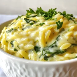 To make this creamy and satisfying One-Pot Alfredo Orzo, you need just a few simple ingredients. Here’s what you’ll need: - 1 cup orzo pasta - 2 cups vegetable broth - 1 cup heavy cream - 1 cup freshly grated Parmesan cheese - 2 tablespoons unsalted butter - 2 cloves garlic, finely minced - 1 cup fresh spinach, chopped - 1/2 teaspoon freshly ground black pepper - 1/4 teaspoon freshly grated nutmeg - Salt, to taste - Fresh parsley, chopped (for garnish) Each ingredient plays a key role in creating a rich, creamy dish. The orzo pasta absorbs all the flavors, while the vegetable broth provides a savory base. Heavy cream adds a smooth texture, and Parmesan cheese brings a salty depth. The garlic enhances the aroma, and the spinach adds color and freshness. You can adjust the seasonings to suit your taste. This simple list makes it easy to whip up a delightful meal any day of the week! {{ingredient_image_2}} First, take a large pot. Place it on medium heat. Add 2 tablespoons of unsalted butter. Wait until it melts and looks bubbly. Once it melts, add 2 cloves of finely minced garlic. Stir the garlic for about 1 minute. You want it fragrant, not browned. This step gives your dish a nice flavor base. Next, add 1 cup of orzo pasta to the pot. Stir it well to coat the pasta in butter. Cook the orzo for about 2 minutes. This lightly toasts the orzo and boosts its taste. Now, pour in 2 cups of vegetable broth. Bring this mixture to a gentle boil. Stir it every now and then. When it starts to boil, lower the heat. Cover the pot with a lid and let it simmer for about 10 minutes. Stir occasionally. The orzo should be al dente and soak up most of the broth. After the orzo is cooked, pour in 1 cup of heavy cream. Stir until the cream blends in smoothly. Then, add 1 cup of freshly grated Parmesan cheese. Keep stirring until the cheese melts completely. This forms a rich and creamy sauce. Next, add 1 cup of chopped spinach, 1/2 teaspoon of black pepper, and 1/4 teaspoon of nutmeg. Mix everything well. The spinach should wilt and spread evenly. Taste the dish and adjust the salt if needed. Finally, remove the pot from the heat. Serve it hot, and garnish with fresh parsley for a colorful finish. To make the cheese sauce rich and smooth, use fresh Parmesan. Grate it right before adding, as it melts better than pre-grated cheese. Stir the cheese in slowly after adding the cream. This ensures it blends well and avoids clumping. If you want a stronger flavor, add more cheese! Also, keep the heat low when mixing in cheese. High heat can cause the sauce to separate. Orzo can stick together if not cooked properly. Stir the orzo in the pot often while it simmers. This keeps it separated and helps it cook evenly. Use enough broth so the orzo has room to move. If you find it sticky after cooking, add a splash of cream or water. This will loosen it up and keep it creamy. The way you serve your dish matters! Use warm bowls to keep the orzo hot. When serving, make sure to show off the green spinach and creamy sauce. Sprinkle fresh parsley on top for color. You can also add a few extra shavings of Parmesan for a fancy touch. This makes your dish look great and taste even better! Pro Tips Use Fresh Ingredients: Fresh garlic and spinach will enhance the flavor of your dish significantly. Opt for freshly grated Parmesan for a richer taste. Toasting Orzo: Lightly toasting the orzo in butter before adding the broth brings out a nuttier flavor and adds depth to the dish. Adjusting Creaminess: If you prefer a creamier texture, feel free to add an extra splash of heavy cream or a bit more cheese to suit your taste. Serving Suggestions: Pair this dish with a crisp salad or grilled vegetables for a well-rounded meal, and consider a glass of white wine for a delightful accompaniment. {{image_4}} You can easily add protein to your One-Pot Alfredo Orzo. Chicken, shrimp, or even bacon work well. Cook the protein first, then set it aside. After cooking the orzo, mix in your protein. This adds flavor and makes the dish heartier. For a vegetarian option, try chickpeas or tofu. They soak up the creamy sauce nicely. Feel free to swap the spinach for other veggies. Broccoli, peas, or zucchini can add great taste. Just chop them small and toss them in with the orzo. Cook them until tender. This keeps the dish colorful and healthy. Seasonal veggies can also add a fresh twist. If you need a gluten-free option, swap orzo for gluten-free pasta. Look for brands that mimic the texture of orzo. Cook it according to package directions and follow the same steps. You can also use rice or quinoa for a different texture. Just keep an eye on the cooking times to ensure they are done. You can store leftover One-Pot Alfredo Orzo in the fridge. Use an airtight container. Keep it cool for up to three days. The creamy sauce may thicken as it chills. To help, add a splash of broth when you reheat. If you want to freeze it, make sure it’s fully cooled. Place the orzo in freezer-safe bags. Remove as much air as you can. It can last for about two months. When you’re ready to eat, thaw it in the fridge overnight. To reheat, you can use the stove or microwave. For the stove, add a bit of broth to a pot. Heat it on low, stirring until warm. If using the microwave, place it in a bowl. Add a splash of cream or broth. Heat in short bursts, stirring in between. This keeps it creamy and tasty. Yes, you can use other pasta! You might try small shapes like elbows or shells. Each type gives a unique texture. Just adjust the cooking time based on the shape you choose. Thicker pasta may need more time, while smaller shapes cook faster. Always check for doneness as you go. Making this dish vegan is easy! Replace heavy cream with coconut cream or a nut milk. Use nutritional yeast for a cheesy flavor instead of Parmesan cheese. Swap butter for olive oil or vegan butter. This keeps the dish creamy and delicious while fitting a vegan diet. One-Pot Alfredo Orzo pairs well with many foods. You can serve it with a fresh green salad for crunch. Garlic bread also makes a great side. For protein, grilled chicken or sautéed shrimp work well. You can add roasted veggies for extra flavor and nutrition. This blog post covered how to make a delicious One-Pot Alfredo Orzo. We explored the main ingredients, step-by-step cooking, helpful tips, and tasty variations. You can easily customize this dish with proteins or veggies. Plus, I shared how to store and reheat leftovers. In summary, One-Pot Alfredo Orzo is a simple and flexible meal. You can enjoy it quickly and adapt it to your taste. Give it a try and impress your friends!
