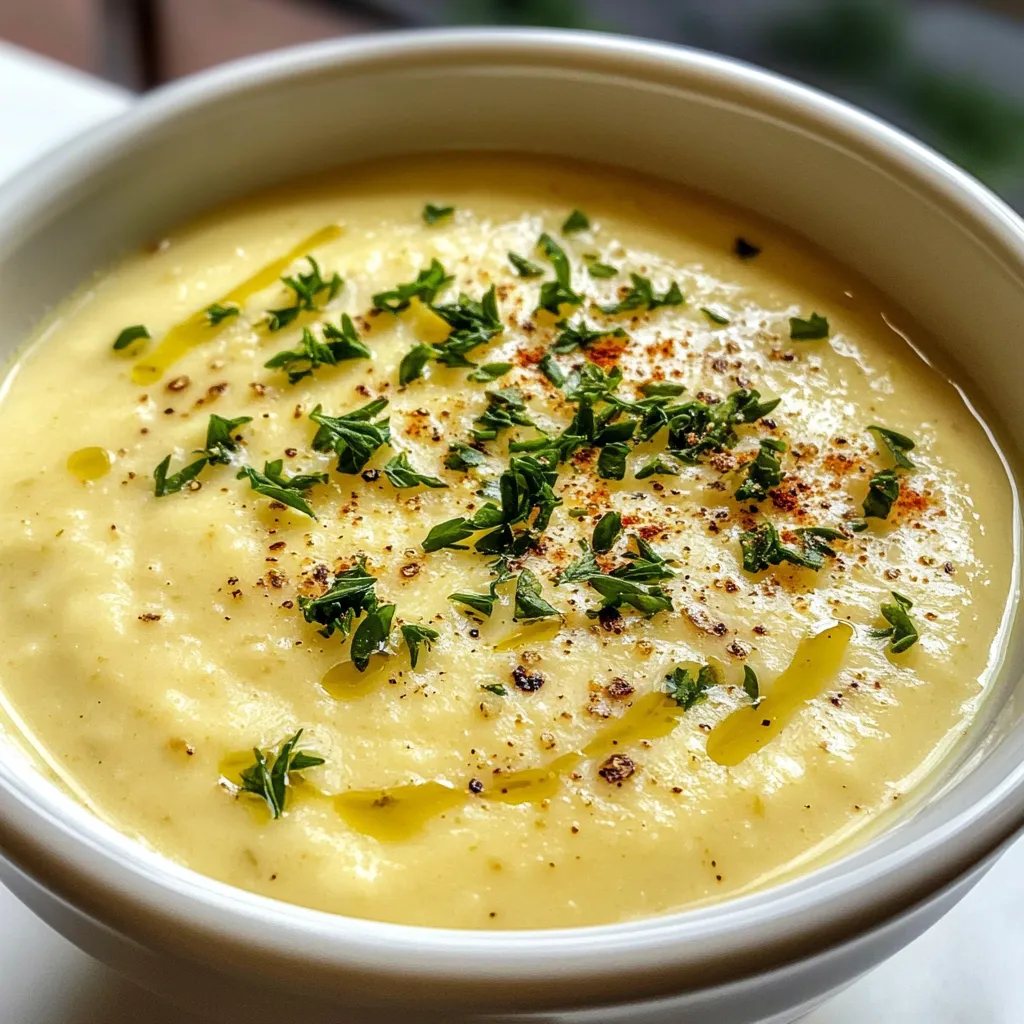 - 1 large head of cauliflower, chopped into florets - 1 whole bulb of garlic - 3 tablespoons olive oil - 4 cups vegetable broth - 1 cup heavy cream or coconut cream - 1 teaspoon fresh thyme - Salt and black pepper - Fresh parsley, finely chopped - Optional paprika Gathering the right ingredients is key for a great soup. Cauliflower gives a lovely texture. The garlic adds a rich, sweet flavor that makes this soup special. Olive oil helps everything roast perfectly. For added depth, vegetable broth brings all the flavors together. If you want creaminess, have heavy cream ready. If you prefer a dairy-free option, coconut cream works well. Fresh thyme gives a hint of earthiness that brightens each bite. Don’t forget to season your soup. Salt and black pepper enhance the flavors. Fresh parsley adds a burst of color and freshness. If you enjoy a bit of heat, a sprinkle of paprika is a nice touch. Now that you have all your ingredients, you're ready to create a bowl of comfort with this creamy roasted garlic cauliflower soup! {{ingredient_image_2}} - Preheat your oven to 400°F (200°C). - Slice off the top of the garlic bulb, exposing the cloves. - Drizzle with 1 tablespoon of olive oil. - Wrap the garlic tightly in foil. - Roast it for 30-35 minutes until soft and golden brown. Roasting garlic softens its sharp flavor. This makes it sweet and rich. You will love how it adds depth to the soup. - Take 1 large head of cauliflower and chop it into florets. - Toss the florets in a bowl with 1 tablespoon of olive oil. - Sprinkle with salt and black pepper. - Spread the florets on a baking sheet. - Roast them for 25-30 minutes until golden and tender. Roasting brings out the natural sweetness in cauliflower. It enhances the flavor and gives a lovely texture to the soup. - Heat 1 tablespoon of olive oil in a large pot over medium heat. - Add 1 finely chopped onion. - Sauté for about 5-7 minutes, stirring often. - Cook until the onion turns translucent and fragrant. Sautéing the onion builds a solid base for the soup. The sweet aroma fills the kitchen as the onion cooks. - Squeeze the soft roasted garlic from the bulb into the pot. - Add the roasted cauliflower and 1 teaspoon of thyme. - Pour in 4 cups of vegetable broth. - Bring the mixture to a gentle simmer and cook for 5 minutes. Combining these flavors allows them to meld beautifully. You will notice how rich the taste becomes. - Use an immersion blender to blend the soup until smooth. - If using a standard blender, work in batches. - Cover the lid with a towel to prevent splatters. Blending creates a creamy texture. This makes your soup velvety and inviting. - Return the blended soup to low heat. - Stir in 1 cup of heavy cream or coconut cream. - Heat through for a couple of minutes. - Taste and adjust seasoning with more salt and pepper if needed. Adding cream gives the soup its luscious quality. It makes each bowl feel richer and more satisfying. Choosing the right cauliflower is key. Look for a head that feels firm and has tight florets. The color should be bright white with no brown spots. This ensures a fresh taste. If you prefer a stronger garlic flavor, roast more cloves. You can add one or two extra bulbs to the mix. It will give the soup a richer, deeper flavor. To achieve the desired creaminess, use heavy cream or coconut cream. The cream helps blend all the flavors together. If you want a lighter soup, skip the cream. Instead, add more broth to keep it smooth. If you don't have an immersion blender, use a regular blender. Blend in small batches and cover the lid with a towel. This prevents hot splatters. Creative garnishes can make your soup look amazing. Try adding a sprinkle of paprika for color. Fresh herbs like parsley add a nice touch too. Drizzling olive oil on top gives it a shiny finish. A sprig of thyme adds elegance and flavor. These simple steps make your soup not just tasty, but also a feast for the eyes. Pro Tips Perfect Roasting: To achieve the best flavor, make sure your cauliflower florets are evenly coated with olive oil and spaced out on the baking sheet. This allows them to roast evenly and develop a nice caramelization. Garlic Handling: When roasting garlic, ensure you slice off just the top of the bulb to expose the cloves without losing too much of the garlic itself. This maximizes the flavor and ensures the cloves stay intact for easy squeezing. Blending Tips: If using a standard blender, allow the soup to cool slightly before blending in batches. Always cover the lid with a kitchen towel to prevent splatters and ensure safety when blending hot liquids. Flavor Adjustments: After adding the cream, taste the soup again and adjust the seasoning. A little extra salt or a squeeze of lemon can enhance the flavors significantly, making the soup even more delicious. {{image_4}} To make this soup dairy-free, use coconut cream instead of heavy cream. Coconut cream adds a rich texture while keeping the soup smooth. It also gives a subtle sweetness. If you prefer less coconut flavor, use just a little. Mix in the coconut cream at the end for the best result. This swap makes the soup creamy and tasty without dairy. Want to make your soup heartier? Add some protein! Chickpeas work great in this creamy soup. They blend well and add nice texture. Just drain and rinse canned chickpeas before adding them. If you prefer chicken, poach it separately and shred it. Stir the chicken into the soup just before serving. Both options boost nutrition and keep you full. If you like a bit of heat, spice it up! Adding red pepper flakes gives the soup a nice kick. Start with a pinch, then taste it. You can always add more if you like it spicier. Alternatively, smoked paprika adds a warm, rich flavor. It pairs beautifully with the garlic and cauliflower. Sprinkle it in when you blend the soup for a new twist. To store your creamy roasted garlic cauliflower soup in the fridge, first cool it down. Then, transfer the soup to an airtight container. This will keep it fresh. You can store it in the fridge for up to 5 days. To freeze your soup, let it cool completely. Pour it into freezer-safe containers, leaving some space at the top for expansion. Seal the containers tightly. You can freeze the soup for up to 3 months. To reheat frozen soup, place it in the fridge overnight to thaw. Warm it in a pot over low heat, stirring often until it’s hot. To keep your soup fresh, store it in a sealed container. Avoid leaving it out at room temperature for too long. Leftover soup is great for lunch the next day. You can also use it as a base for a pasta dish. Add cooked pasta, veggies, or protein for a quick meal. Another fun option is using it as a sauce for roasted chicken or fish. You can store this soup in the fridge for about 3 to 5 days. Make sure to use an airtight container to keep it fresh. If you freeze it, it can last for up to 3 months. Just remember to thaw it overnight in the fridge before reheating. Yes, you can make the soup ahead of time. Just follow all the steps and let it cool down. Store the cooled soup in the fridge. When you want to eat it, heat it on the stove over low heat. Stir well and enjoy. This creamy soup pairs well with crusty bread or a fresh salad. You can also enjoy it with grilled cheese sandwiches for a comforting meal. For a fancy touch, add a sprinkle of croutons or a drizzle of olive oil. To make the soup vegetarian, use vegetable broth and heavy cream. For a vegan version, swap heavy cream for coconut cream. This will keep the soup creamy and rich while staying plant-based. Yes, fresh herbs work great! Use about three times more fresh thyme than dried. This means you’ll need about 1 tablespoon of fresh thyme. Fresh herbs add a bright flavor to your soup. Enjoy experimenting! This blog post detailed the steps and ingredients needed for creamy roasted garlic cauliflower soup. You learned about the key ingredients, like cauliflower and garlic, and how to roast them for great flavor. I provided tips for customizing your soup, from adjusting texture to adding spices. You can store this soup in the fridge or freeze it for later. Enjoy making this delicious dish, knowing you can adapt it to fit your taste or dietary needs. Happy cooking!