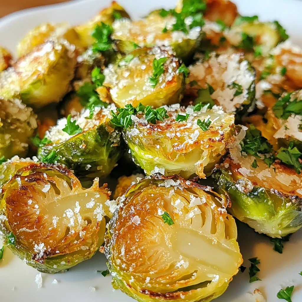 - 1 lb Brussels sprouts, trimmed and halved - 3 tablespoons extra virgin olive oil - 4 cloves fresh garlic, finely minced - 1 teaspoon garlic powder - 1 teaspoon onion powder - 1/2 teaspoon red pepper flakes (optional) - 1/2 cup freshly grated Parmesan cheese - Salt and freshly cracked black pepper, to taste - Fresh parsley, finely chopped, for garnish You can customize your Brussels sprouts. Consider adding: - Bacon bits for a smoky flavor - Lemon zest for brightness - Balsamic glaze for sweetness These add-ins can enhance the taste and make the dish your own. Always choose fresh Brussels sprouts. Look for vibrant green color and firm texture. Avoid any that are yellow or soft. Fresh garlic gives the best flavor. Grate your Parmesan cheese for a meltier finish. Use high-quality extra virgin olive oil for the best taste. Quality ingredients lead to a better dish. {{ingredient_image_2}} Start by preheating your oven to 425°F (220°C). This step is key for crispy Brussels sprouts. A hot oven helps them roast well. Line a large baking sheet with parchment paper. This makes cleanup easy and prevents sticking. Take 1 pound of Brussels sprouts. Trim off the ends and cut them in half. Place them in a large mixing bowl. Add 3 tablespoons of extra virgin olive oil. Toss until they are well coated. Next, add 4 cloves of finely minced garlic, 1 teaspoon of garlic powder, and 1 teaspoon of onion powder. If you like heat, add 1/2 teaspoon of red pepper flakes. Season with salt and black pepper to taste. Toss everything together until the Brussels sprouts are fully coated with the seasoning. Spread the seasoned Brussels sprouts on the prepared baking sheet. Make sure the cut sides are facing down. This helps them get crispy. Place the baking sheet in the preheated oven. Roast for 20-25 minutes. Stir them halfway to ensure even cooking. They should turn golden brown and crisp. After roasting, take the baking sheet out of the oven. Sprinkle 1/2 cup of freshly grated Parmesan cheese over the hot Brussels sprouts. The heat will slightly melt the cheese. Gently toss the sprouts so the cheese mixes in. Return them to the oven for 2-3 minutes. This final roast makes the cheese bubbly and adds a nice crunch. Once done, take them out and garnish with finely chopped fresh parsley. This adds a lovely touch. Serve immediately and enjoy your crispy garlic Parmesan Brussels sprouts! To get your Brussels sprouts extra crispy, cut them in half. Place the cut sides down on the baking sheet. This helps them brown and crisp up nicely. Make sure not to crowd the pan. If they are too close, they will steam instead of roast. You can also try using a convection oven if you have one. The moving air cooks them faster and makes them crispier. You can boost the flavor of your Brussels sprouts with a few simple tweaks. Try adding a squeeze of lemon juice before serving. It brightens up the dish. For a smoky touch, add smoked paprika. You can also mix in some balsamic vinegar after roasting. It adds a nice tang. If you love cheese, experiment with different types like Asiago or Pecorino. Each cheese brings its own unique taste. Serve your Crispy Garlic Parmesan Brussels sprouts in a nice bowl or on a platter. This makes them look fancy. Garnish with fresh parsley for color. If you want to add a kick, serve with chili flakes on the side. These sprouts pair well with grilled chicken or fish. You can also enjoy them as a snack. They are tasty even cold! Pro Tips Choose Fresh Brussels Sprouts: Look for firm, vibrant green sprouts without any yellowing. Freshness ensures better flavor and texture. Don't Skip the Parchment Paper: Using parchment paper not only prevents sticking but also helps in achieving an even crispiness across the sprouts. Adjust Seasonings to Your Taste: Feel free to modify the spices and seasonings according to your preference. Add more red pepper flakes for extra heat or skip them for a milder flavor. Serve Immediately for Best Texture: These Brussels sprouts are best enjoyed right after roasting. This ensures they stay hot and crispy for the perfect bite. {{image_4}} You can explore many cheese options for your Brussels sprouts. While Parmesan is a classic, you might enjoy using Pecorino Romano for a sharper taste. Grated Asiago adds a nice nutty flavor, too. If you prefer a creamier texture, try using mozzarella or fontina. These cheeses melt well and create a gooey texture. Feel free to get creative with seasonings! You can add a pinch of smoked paprika for a smoky twist. If you like a bit of sweetness, drizzle some balsamic glaze on top. For a kick, try adding cayenne pepper or chili powder. You can also experiment with herbs like thyme or rosemary for added depth. For a vegetarian twist, you can replace Parmesan with nutritional yeast. It gives a cheesy flavor without dairy. If you want a fully vegan dish, use olive oil and ensure your seasonings are plant-based. You can also try adding vegan cheese options, which can melt nicely on the sprouts. This way, everyone can enjoy a tasty dish! To keep your Crispy Garlic Parmesan Brussels Sprouts fresh, place them in an airtight container. Store them in the fridge for up to 3 days. Ensure the container is sealed tight to prevent moisture. This helps maintain their taste and texture. When you want to enjoy your leftovers, preheat your oven to 350°F (175°C). Spread the Brussels sprouts on a baking sheet. Heat them for about 10-15 minutes until they are warm. This method helps restore their crispiness. You can also use a microwave, but they may not be as crispy. If you want to freeze the Brussels sprouts, start by cooling them completely. Place them in a single layer on a baking sheet and freeze for a few hours. Then transfer them to a freezer-safe bag. This method prevents them from sticking together. They can be frozen for up to 2 months. When ready to eat, roast them directly from frozen, adding a few extra minutes to the cooking time. To make Brussels sprouts crispy, you need to roast them at a high heat. Preheat your oven to 425°F (220°C). Coat the halved Brussels sprouts in olive oil. Spread them cut side down on a baking sheet. This positioning helps them crisp up nicely. Roast them for 20 to 25 minutes. Stir them halfway through for even cooking. Look for a golden brown color and a crunchy texture. Yes, you can use frozen Brussels sprouts. However, fresh sprouts give better texture. If you use frozen, let them thaw and dry. This step helps them crisp when you roast them. Use the same seasonings as in the fresh recipe. Adjust the cooking time, as frozen sprouts may need a bit longer. Crispy Garlic Parmesan Brussels sprouts pair well with many dishes. They complement roasted meats like chicken or beef. You can serve them with pasta or grain bowls. They also make a great side for a holiday feast. You can even toss them into salads for added crunch. Feel free to get creative! In this article, we covered how to make crispy garlic Parmesan Brussels sprouts. We explored key ingredients, including optional add-ins to boost flavor. I shared step-by-step instructions for roasting and tips for extra crispiness. You learned about cheese variations and storage methods to keep leftovers fresh. Remember, cooking is about trying new things. Use these tips to create your own tasty dish. Enjoy every bite!