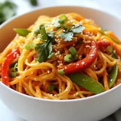 - Szechuan noodles and alternatives - 8 oz Szechuan noodles (or any noodle you like) - Fresh vegetables for the stir-fry - 1 red bell pepper, thinly sliced - 1 medium carrot, julienned - 1 cup snap peas, trimmed - 3 cloves garlic, minced - 1 inch fresh ginger, grated - Sauces and spices for authenticity - 1/4 cup Szechuan chili paste - 2 tablespoons soy sauce - 1 tablespoon rice vinegar - 1 teaspoon sesame oil - 1 tablespoon sugar - 3 green onions, finely chopped - 2 tablespoons toasted sesame seeds - Fresh cilantro leaves for garnish I love using Szechuan noodles for this dish, but you can choose any noodles you enjoy. Fresh vegetables add crunch and flavor. The garlic and ginger are key players in the stir-fry. The Szechuan chili paste gives the dish its signature heat. Soy sauce, rice vinegar, and sesame oil create a rich and tangy sauce that ties everything together. Don't forget the sesame seeds and cilantro; they add a lovely finish to your meal. {{ingredient_image_2}} To cook the Szechuan noodles, start by boiling water in a large pot. Make sure the water is at a rolling boil. Add a generous pinch of salt to the water for flavor. Then, add the noodles. Cook them according to the package instructions until they are al dente. This usually takes about 4 to 6 minutes. Once cooked, drain the noodles in a colander. Rinse them under cold water to stop the cooking process. Set the noodles aside while you prepare the rest of the dish. Heat 2 tablespoons of vegetable oil in a large skillet or wok over medium-high heat. Wait until the oil is hot before adding any ingredients. Add 3 cloves of minced garlic and 1 inch of grated ginger. Stir-fry these for about 30 seconds. You want them to be fragrant but not burnt. Next, add the sliced red bell pepper, julienned carrot, and snap peas. Stir-fry these vegetables for 3 to 4 minutes. Toss them frequently so they cook evenly. They should be tender but still crisp when done. In a small mixing bowl, combine 1/4 cup of Szechuan chili paste, 2 tablespoons of soy sauce, 1 tablespoon of rice vinegar, 1 teaspoon of sesame oil, and 1 tablespoon of sugar. Whisk these ingredients together until they are well blended. This sauce will give your noodles that spicy and tangy flavor. Taste it if you like; it should be balanced and bold. Now it's time to mix everything together. Gently add the cooked noodles to the skillet with the sautéed vegetables. Pour the Szechuan sauce over the noodles. Use tongs or a spatula to toss everything together thoroughly. Make sure each strand of noodle gets coated with the sauce. Continue to cook for another 2 to 3 minutes. This helps the flavors meld together. Once the noodles are heated through, remove the skillet from the burner. Fold in 3 chopped green onions for freshness. To serve, dish the zesty noodles into individual bowls. For an appealing look, sprinkle 2 tablespoons of toasted sesame seeds on top. Add fresh cilantro leaves as a garnish for color and flavor. Enjoy your beautiful and spicy Szechuan noodles! To make your noodles just the right heat, adjust the chili paste. Start with less if you're unsure. You can always add more for a bold kick. Balancing flavors is key. Add sugar to soften the heat and rice vinegar for a tangy twist. This mix will bring out the best flavors. Using a wok is great for stir-frying. It heats evenly and gives food room to move. A skillet works too, but the wok shines with high heat. Always heat your pan before adding oil. This helps seal in flavors and makes the noodles crisp. For a stunning look, arrange your noodles in a bowl with care. Use chopsticks for a neat twist. Sprinkle sesame seeds on top. Fresh cilantro adds a bright touch. You can also serve lime wedges on the side. They add a zesty punch and look lovely! Pro Tips Fresh Ingredients: Use fresh vegetables and herbs for the best flavor and texture. This will enhance the overall vibrancy of your dish. Adjust Spice Level: If you prefer a milder dish, reduce the amount of Szechuan chili paste. You can always add more later if needed! Perfect Noodle Texture: Make sure to rinse the cooked noodles under cold water. This stops the cooking process and prevents them from becoming mushy. Garnish Creatively: For a pop of color and flavor, consider adding sliced radishes or avocado as additional garnishes alongside cilantro. {{image_4}} You can boost your Szechuan noodles with protein. Chicken, shrimp, and tofu work great. - Chicken: Cut the chicken into small pieces. Marinate it in soy sauce, garlic, and ginger for at least 15 minutes. This adds flavor and tenderness. - Shrimp: Use fresh or frozen shrimp. If using frozen, thaw them first. Quickly sauté them until pink. Add them to the noodles at the end to keep them tender. - Tofu: For a vegan option, use firm tofu. Press it to remove excess water. Cut it into cubes and marinate with soy sauce. Sauté the tofu until golden brown before adding to the dish. You can make this dish fit your diet easily. - Gluten-Free: Use gluten-free noodles and tamari instead of soy sauce. This will keep the taste but make it safe for gluten-free diets. - Vegan Modifications: Skip the meat and use tofu or tempeh. Ensure all sauces are vegan. This keeps the dish plant-based and delicious. Feel free to mix up the veggies. Seasonal choices can brighten the dish. - Seasonal Vegetables: Try using zucchini, bell peppers, or bok choy. Each adds its own twist and flavor. - Flavor Pairings: Pair snap peas with mushrooms for a savory taste. Carrots add sweetness, while bell peppers give crunch. Adjust based on what you love or what you have on hand. To store your leftover Spicy Szechuan Noodles, place them in an airtight container. Let the noodles cool down first. This helps keep them fresh and prevents sogginess. You can keep them in the fridge for about 3 to 4 days. If you want to freeze them, store in a freezer-safe bag. They will last for up to 2 months in the freezer. When it's time to eat your leftovers, you have two good options: microwave or stove. If you choose the microwave, put the noodles in a microwave-safe bowl. Add a splash of water to keep them moist. Heat in 30-second intervals until warm. If you prefer the stove, heat a bit of oil in a pan. Add the noodles and a splash of soy sauce for flavor. Stir until heated through. This method helps keep the texture nice. Whichever method you use, avoid overheating. This keeps the noodles tasty and enjoyable. Szechuan noodles come from Szechuan cuisine, which is known for its bold flavors. This type of food uses spicy ingredients like chili peppers and Szechuan peppercorns. The heat balances with savory sauces, making it truly unique. Szechuan noodles are often stir-fried with fresh veggies and a spicy sauce. They deliver a delightful kick that many love. To adjust the spice level, start with less Szechuan chili paste. You can add a bit more later if you want more heat. Another way to tone it down is to mix in some sugar. Sugar balances the heat and adds a sweet note. If you want it milder, add more vegetables or use a different sauce. Taste as you go to find your perfect balance. Yes, you can make Szechuan noodles ahead of time! Cook the noodles and veggies, then store them in separate containers. Keep the sauce in a jar. This way, flavors stay fresh. When you're ready to eat, just reheat everything in a skillet. This method keeps your meal quick and easy. Szechuan noodles pair well with many side dishes. Try spring rolls or dumplings for a fun bite. A fresh cucumber salad adds a nice crunch. For drinks, serve it with green tea or a cold lager. These choices enhance the meal and make it more enjoyable. You now have all the steps to make a great Szechuan noodle dish. From choosing the right ingredients to stir-frying and storing leftovers, you've got it covered. Remember, you can adjust spice levels and add your favorite proteins. The key is to balance flavors and enjoy the process. Don't hesitate to experiment with substitutions or variations. Cooking should be fun and tailored to your tastes. Let's create a delicious meal that makes you proud!