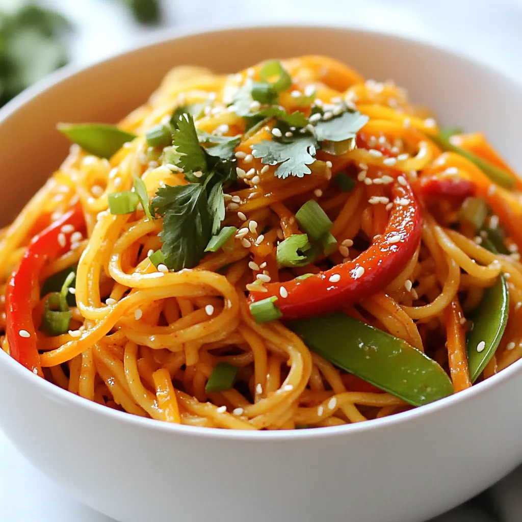 - Szechuan noodles and alternatives - 8 oz Szechuan noodles (or any noodle you like) - Fresh vegetables for the stir-fry - 1 red bell pepper, thinly sliced - 1 medium carrot, julienned - 1 cup snap peas, trimmed - 3 cloves garlic, minced - 1 inch fresh ginger, grated - Sauces and spices for authenticity - 1/4 cup Szechuan chili paste - 2 tablespoons soy sauce - 1 tablespoon rice vinegar - 1 teaspoon sesame oil - 1 tablespoon sugar - 3 green onions, finely chopped - 2 tablespoons toasted sesame seeds - Fresh cilantro leaves for garnish I love using Szechuan noodles for this dish, but you can choose any noodles you enjoy. Fresh vegetables add crunch and flavor. The garlic and ginger are key players in the stir-fry. The Szechuan chili paste gives the dish its signature heat. Soy sauce, rice vinegar, and sesame oil create a rich and tangy sauce that ties everything together. Don't forget the sesame seeds and cilantro; they add a lovely finish to your meal. {{ingredient_image_2}} To cook the Szechuan noodles, start by boiling water in a large pot. Make sure the water is at a rolling boil. Add a generous pinch of salt to the water for flavor. Then, add the noodles. Cook them according to the package instructions until they are al dente. This usually takes about 4 to 6 minutes. Once cooked, drain the noodles in a colander. Rinse them under cold water to stop the cooking process. Set the noodles aside while you prepare the rest of the dish. Heat 2 tablespoons of vegetable oil in a large skillet or wok over medium-high heat. Wait until the oil is hot before adding any ingredients. Add 3 cloves of minced garlic and 1 inch of grated ginger. Stir-fry these for about 30 seconds. You want them to be fragrant but not burnt. Next, add the sliced red bell pepper, julienned carrot, and snap peas. Stir-fry these vegetables for 3 to 4 minutes. Toss them frequently so they cook evenly. They should be tender but still crisp when done. In a small mixing bowl, combine 1/4 cup of Szechuan chili paste, 2 tablespoons of soy sauce, 1 tablespoon of rice vinegar, 1 teaspoon of sesame oil, and 1 tablespoon of sugar. Whisk these ingredients together until they are well blended. This sauce will give your noodles that spicy and tangy flavor. Taste it if you like; it should be balanced and bold. Now it's time to mix everything together. Gently add the cooked noodles to the skillet with the sautéed vegetables. Pour the Szechuan sauce over the noodles. Use tongs or a spatula to toss everything together thoroughly. Make sure each strand of noodle gets coated with the sauce. Continue to cook for another 2 to 3 minutes. This helps the flavors meld together. Once the noodles are heated through, remove the skillet from the burner. Fold in 3 chopped green onions for freshness. To serve, dish the zesty noodles into individual bowls. For an appealing look, sprinkle 2 tablespoons of toasted sesame seeds on top. Add fresh cilantro leaves as a garnish for color and flavor. Enjoy your beautiful and spicy Szechuan noodles! To make your noodles just the right heat, adjust the chili paste. Start with less if you're unsure. You can always add more for a bold kick. Balancing flavors is key. Add sugar to soften the heat and rice vinegar for a tangy twist. This mix will bring out the best flavors. Using a wok is great for stir-frying. It heats evenly and gives food room to move. A skillet works too, but the wok shines with high heat. Always heat your pan before adding oil. This helps seal in flavors and makes the noodles crisp. For a stunning look, arrange your noodles in a bowl with care. Use chopsticks for a neat twist. Sprinkle sesame seeds on top. Fresh cilantro adds a bright touch. You can also serve lime wedges on the side. They add a zesty punch and look lovely! Pro Tips Fresh Ingredients: Use fresh vegetables and herbs for the best flavor and texture. This will enhance the overall vibrancy of your dish. Adjust Spice Level: If you prefer a milder dish, reduce the amount of Szechuan chili paste. You can always add more later if needed! Perfect Noodle Texture: Make sure to rinse the cooked noodles under cold water. This stops the cooking process and prevents them from becoming mushy. Garnish Creatively: For a pop of color and flavor, consider adding sliced radishes or avocado as additional garnishes alongside cilantro. {{image_4}} You can boost your Szechuan noodles with protein. Chicken, shrimp, and tofu work great. - Chicken: Cut the chicken into small pieces. Marinate it in soy sauce, garlic, and ginger for at least 15 minutes. This adds flavor and tenderness. - Shrimp: Use fresh or frozen shrimp. If using frozen, thaw them first. Quickly sauté them until pink. Add them to the noodles at the end to keep them tender. - Tofu: For a vegan option, use firm tofu. Press it to remove excess water. Cut it into cubes and marinate with soy sauce. Sauté the tofu until golden brown before adding to the dish. You can make this dish fit your diet easily. - Gluten-Free: Use gluten-free noodles and tamari instead of soy sauce. This will keep the taste but make it safe for gluten-free diets. - Vegan Modifications: Skip the meat and use tofu or tempeh. Ensure all sauces are vegan. This keeps the dish plant-based and delicious. Feel free to mix up the veggies. Seasonal choices can brighten the dish. - Seasonal Vegetables: Try using zucchini, bell peppers, or bok choy. Each adds its own twist and flavor. - Flavor Pairings: Pair snap peas with mushrooms for a savory taste. Carrots add sweetness, while bell peppers give crunch. Adjust based on what you love or what you have on hand. To store your leftover Spicy Szechuan Noodles, place them in an airtight container. Let the noodles cool down first. This helps keep them fresh and prevents sogginess. You can keep them in the fridge for about 3 to 4 days. If you want to freeze them, store in a freezer-safe bag. They will last for up to 2 months in the freezer. When it's time to eat your leftovers, you have two good options: microwave or stove. If you choose the microwave, put the noodles in a microwave-safe bowl. Add a splash of water to keep them moist. Heat in 30-second intervals until warm. If you prefer the stove, heat a bit of oil in a pan. Add the noodles and a splash of soy sauce for flavor. Stir until heated through. This method helps keep the texture nice. Whichever method you use, avoid overheating. This keeps the noodles tasty and enjoyable. Szechuan noodles come from Szechuan cuisine, which is known for its bold flavors. This type of food uses spicy ingredients like chili peppers and Szechuan peppercorns. The heat balances with savory sauces, making it truly unique. Szechuan noodles are often stir-fried with fresh veggies and a spicy sauce. They deliver a delightful kick that many love. To adjust the spice level, start with less Szechuan chili paste. You can add a bit more later if you want more heat. Another way to tone it down is to mix in some sugar. Sugar balances the heat and adds a sweet note. If you want it milder, add more vegetables or use a different sauce. Taste as you go to find your perfect balance. Yes, you can make Szechuan noodles ahead of time! Cook the noodles and veggies, then store them in separate containers. Keep the sauce in a jar. This way, flavors stay fresh. When you're ready to eat, just reheat everything in a skillet. This method keeps your meal quick and easy. Szechuan noodles pair well with many side dishes. Try spring rolls or dumplings for a fun bite. A fresh cucumber salad adds a nice crunch. For drinks, serve it with green tea or a cold lager. These choices enhance the meal and make it more enjoyable. You now have all the steps to make a great Szechuan noodle dish. From choosing the right ingredients to stir-frying and storing leftovers, you've got it covered. Remember, you can adjust spice levels and add your favorite proteins. The key is to balance flavors and enjoy the process. Don't hesitate to experiment with substitutions or variations. Cooking should be fun and tailored to your tastes. Let's create a delicious meal that makes you proud!
