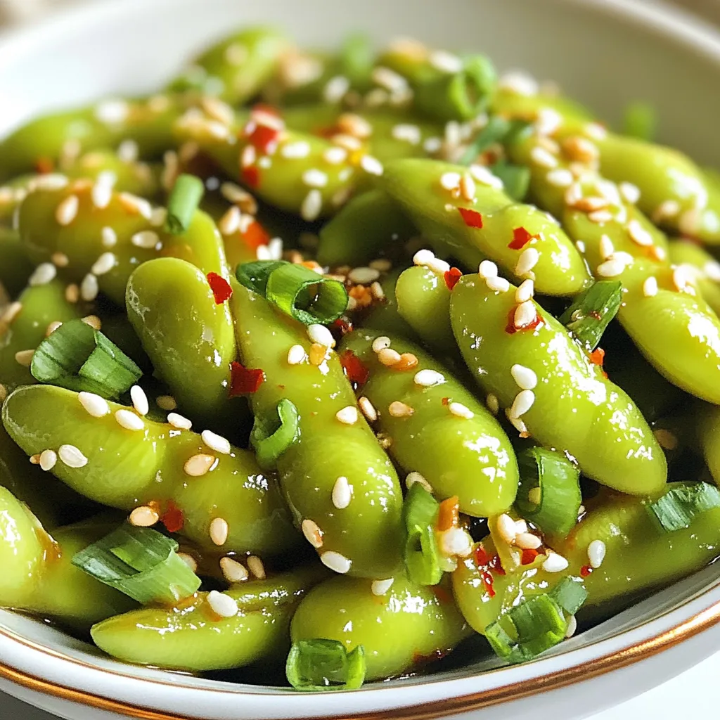 - 2 cups edamame in pods (fresh or frozen) - 3 tablespoons olive oil - 4 cloves garlic, finely minced - 1 teaspoon red pepper flakes (adjust according to your preferred spice level) - 1 tablespoon soy sauce - 1 tablespoon sesame oil - 1 teaspoon honey or agave syrup - Sea salt to taste - 1 tablespoon sesame seeds (for garnish) - 2 tablespoons chopped green onions (for garnish) When picking edamame, fresh is best, but frozen works too. If you choose frozen, they will cook quickly. Olive oil gives a rich flavor. Garlic adds a nice punch, so don’t skip it! Red pepper flakes will bring the heat. Adjust this spice to your liking. Soy sauce adds saltiness, while sesame oil gives a nutty taste. Honey or agave syrup balances all the flavors. Finally, sea salt enhances the taste, and sesame seeds and green onions make it pretty. These ingredients come together to create a snack that is both tasty and quick! {{ingredient_image_2}} To cook frozen edamame, start by boiling water in a pot. Once the water boils, add 2 cups of edamame pods. Cook them for 3-5 minutes until they turn tender and bright green. If you choose fresh edamame, rinse the pods under cold water. Set them aside without boiling. After cooking, drain the edamame and let them cool slightly. Heat 3 tablespoons of olive oil in a large skillet over medium heat. Wait until the oil shimmers. Then, add 4 cloves of finely minced garlic. Sauté the garlic for 1-2 minutes. Stir it often, but watch closely. Burnt garlic can taste bitter and ruin your dish. Next, add 1 teaspoon of red pepper flakes to the skillet. Stir for 30 seconds to mix the spice into the oil. Then, carefully add the cooked edamame to the skillet. Toss them gently to coat with the garlic oil. Pour in 1 tablespoon of soy sauce, 1 tablespoon of sesame oil, and 1 teaspoon of honey or agave syrup. Stir well for 2-3 minutes. This helps the edamame soak up all the flavors. Finally, taste and add sea salt as needed. Mix well to spread the seasoning evenly. Serve the spicy garlic edamame in a bowl. Top with sesame seeds and chopped green onions for a nice finish! To get the best flavor, you can adjust the spice level. If you like it hot, add more red pepper flakes. Start with one teaspoon, then taste. You can always add more, but you can't take spice out once it's in. For a milder dish, reduce the flakes or skip them altogether. Balancing saltiness and sweetness is key. The soy sauce gives a salty kick, while honey adds sweetness. If it's too salty, add a bit more honey. If it’s too sweet, a little more soy sauce can help. Taste as you go to find your perfect mix. To serve your spicy garlic edamame in a visually appealing way, use a shallow bowl. This makes the bright green pods stand out. You can arrange the edamame in a circle or a fun pattern. For garnishing, sprinkle sesame seeds and chopped green onions on top. This adds color and texture to your dish. You could also add a small dish of soy sauce on the side. It makes the meal more interactive and fun to eat! Pro Tips Adjust the Spice Level: Feel free to modify the amount of red pepper flakes based on your heat preference. Start with less if you're unsure and add more as needed. Use Fresh Garlic: For the best flavor, always opt for fresh garlic instead of pre-minced varieties. Freshly minced garlic releases more essential oils and flavor. Garnish Wisely: Topping your edamame with sesame seeds and green onions not only adds color but also enhances the texture and flavor of the dish. Perfect Pairing: This dish pairs excellently with a cold beer or a light sake, making it a perfect appetizer for gatherings. {{image_4}} You can change the flavor of your spicy garlic edamame in fun ways. Try adding sriracha for a tangy kick. If you like heat, chili oil works well too. These options let you customize the spice level to suit your taste. For garnishes, don’t stick to just sesame seeds and green onions. Fresh cilantro adds a burst of freshness. A squeeze of lime juice can bring a bright zing. These small touches can change the whole bite. If you want to avoid soy sauce, there are good options. Coconut aminos offers a sweet, mild taste. You can also use tamari for a gluten-free choice. Both options keep the dish tasty and satisfying. For sweetness, try maple syrup instead of honey. It gives a rich flavor while staying plant-based. You can also use agave syrup if you prefer. These substitutes keep your edamame delicious and healthy. Edamame is packed with nutrients. It is high in protein, fiber, and healthy fats. Each serving offers key vitamins and minerals. These include Vitamin K, folate, and magnesium. - Protein: Edamame contains about 18 grams of protein per cup. This helps build and repair tissues. - Fiber: One cup has around 8 grams of fiber. Fiber aids digestion and keeps you full. - Healthy Fats: Edamame provides heart-healthy fats, which can lower bad cholesterol. Soy products like edamame have many health benefits. They may help reduce the risk of heart disease. Some studies show they can lower cholesterol levels. Edamame also supports bone health due to its calcium content. You can enjoy edamame in many fun ways. It works great in salads, grain bowls, or as a snack. Toss it into your favorite salad for extra protein. You can also mix it with brown rice or quinoa for a hearty meal. Making edamame a snack is easy. You can serve it warm with sea salt. Or, try it cold with a dip. The spicy garlic flavor makes it a tasty treat. Edamame is fun and nutritious, making it a perfect addition to your diet. The best way to cook edamame is to boil them. If using frozen edamame, bring a pot of water to a boil. Add the edamame pods and cook for 3-5 minutes. Fresh edamame needs no boiling. Just rinse them in cold water. After cooking, drain and let them cool slightly. This keeps the pods tender and bright green. To store leftover spicy garlic edamame, place them in an airtight container. Make sure they are cool before sealing. Store them in the fridge for up to three days. Reheat in a skillet over medium heat or in the microwave. This keeps them tasty and fresh. Yes, you can make this recipe ahead of time. Cook the edamame and make the spicy garlic sauce. Let them cool completely before storing. Keep them in the fridge for up to two days. When ready to serve, reheat in a skillet for a few minutes. This will revive the flavors and texture. This blog post covered all you need to know about spicy garlic edamame. We discussed picking the right ingredients, preparing fresh or frozen edamame, and making a tasty sauce. I shared tips on flavor adjustments and presentation ideas to impress. Remember, edamame is not just healthy; it’s versatile too. Use it in salads or as a snack. Try different seasonings for new flavors. Enjoy your cooking and share these ideas with friends!