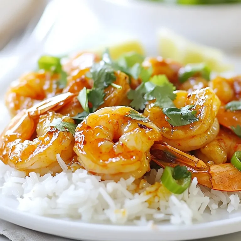 To make Sweet Chili Garlic Shrimp, you need the following: - 1 pound large shrimp, peeled and deveined - 3 tablespoons sweet chili sauce - 4 cloves garlic, minced - 1 tablespoon fresh ginger, grated - 2 tablespoons soy sauce - 1 tablespoon sesame oil - 1 tablespoon fresh lime juice - 2 green onions, thinly sliced - 1 teaspoon red pepper flakes (adjust to desired heat level) - Fresh cilantro, for garnish - Cooked jasmine rice or quinoa, for serving You can swap some ingredients if needed. Here are some ideas: - For shrimp, use chicken or tofu. - Use honey instead of sweet chili sauce for a different sweetness. - If you lack ginger, use ground ginger as a substitute. - Tamari can replace soy sauce for a gluten-free option. - Olive oil may work in place of sesame oil for a milder taste. Add some flair to your dish with these garnishes: - Fresh cilantro adds a burst of flavor. - Lime wedges offer a zesty touch. - Toasted sesame seeds give a nice crunch. - Sliced red chili peppers can enhance the heat. These ingredients and substitutions will help you create a delightful meal that impresses your family or friends. Enjoy the vibrant flavors and quick prep time! {{ingredient_image_2}} Start by gathering your ingredients. You need sweet chili sauce, minced garlic, grated ginger, soy sauce, sesame oil, lime juice, and red pepper flakes. In a large mixing bowl, whisk these ingredients together until they blend well. This mix will be your flavorful marinade. The sweet chili sauce gives a nice balance of sweet and heat. Garlic adds a rich taste, while ginger brings a fresh zing. Next, take your pound of large shrimp, which should be peeled and deveined. Carefully add the shrimp to the marinade. Make sure each shrimp gets a good coat of the mix. Let them sit at room temperature for about 15 to 20 minutes. This time lets the shrimp soak up all those tasty flavors. Don’t skip this step; it makes a big difference in taste. While the shrimp marinate, heat a large skillet over medium-high heat. When the skillet is hot, add the marinated shrimp along with the marinade. Cook the shrimp for about 2 to 3 minutes on one side. You want them to get a nice caramelization. Flip the shrimp over and cook for another 2 to 3 minutes. They should turn pink and opaque when done. Watch them closely; overcooking can make them rubbery. Once cooked, remove the skillet from the heat and sprinkle thinly sliced green onions on top. Gently toss everything together for a beautiful finish. To avoid overcooking shrimp, focus on timing. Cook shrimp for only 2-3 minutes per side. Look for a change in color. When shrimp turns pink and opaque, they are done. Remove them from the heat right away. If they cook too long, they become rubbery and tough. Keep your heat high to get a nice sear without overdoing it. To boost the flavor, use fresh ingredients. Fresh garlic and ginger make a big difference. You can add more chili sauce for extra sweetness. If you like heat, toss in more red pepper flakes. Squeeze fresh lime juice right before serving for a zesty kick. A sprinkle of fresh cilantro brightens the dish and adds a nice touch. Serve Sweet Chili Garlic Shrimp over fluffy jasmine rice or quinoa. This makes a great base. You can also add steamed veggies for color and texture. Try pairing it with a cool cucumber salad. For a fun twist, serve it in tacos with crunchy slaw. Presentation matters, so arrange the shrimp nicely on the plate. Garnish with green onions and cilantro for a pop of color. Pro Tips Marinate for Maximum Flavor: Ensure that the shrimp marinate for at least 15-20 minutes to allow the flavors to penetrate deeply, enhancing the overall taste. Watch the Cooking Time: Shrimp cook quickly, so keep an eye on them. Overcooking can lead to a rubbery texture; they should be pink and opaque. Customize Your Heat Level: Adjust the amount of red pepper flakes according to your spice preference. Start with less if you're unsure! Serve Fresh: For the best flavor and presentation, serve the shrimp immediately after cooking over freshly made jasmine rice or quinoa. {{image_4}} If you want more heat, try Spicy Chili Garlic Shrimp. You can add more red pepper flakes to the marinade. Start with two teaspoons instead of one. This will give your dish a nice kick. You can also use spicy chili sauce instead of sweet chili sauce. It adds heat and a complex flavor. Cook the shrimp just like the original recipe. Enjoy the spicy twist on a classic! Sweet Chili Garlic Shrimp Tacos are a fun way to enjoy this dish. Simply take the cooked shrimp and place them in soft tortillas. Top with fresh cabbage and mango salsa for crunch. You can add avocado slices for creaminess. A squeeze of lime over the top brightens the flavors. These tacos are a crowd-pleaser at any gathering. They are quick to make and full of flavor! To make it a Meal Bowl, serve the shrimp over rice or quinoa. Add your favorite veggies like bell peppers or snap peas. This adds color and nutrition to your bowl. Drizzle extra sweet chili sauce on top for more flavor. A sprinkle of sesame seeds adds a nice touch. You can customize the bowl with any ingredients you love. It’s a filling and balanced meal that’s easy to prepare. To store your Sweet Chili Garlic Shrimp, let it cool first. Place it in an airtight container. This keeps the shrimp fresh and tasty. You can store it in the fridge for up to three days. If you want to enjoy it later, freezing is a great option. When you’re ready to eat the leftovers, reheating is simple. You can use a skillet on medium heat. Add a splash of water or broth to keep it moist. Cook for about 5 minutes, stirring gently. You can also use a microwave. Heat in short bursts, checking often to avoid overcooking. For freezing, make sure the shrimp is in a sealed bag. Squeeze out as much air as possible. This way, it won’t get freezer burn. You can freeze the shrimp for up to three months. When you're ready to cook it, thaw in the fridge overnight. You can serve Sweet Chili Garlic Shrimp with jasmine rice or quinoa. These grains soak up the sauce nicely. You can also add steamed veggies for color and crunch. Broccoli, bell peppers, or snap peas work well. If you want a twist, serve it in tacos. Add some slaw for a fresh bite. Yes, you can prepare Sweet Chili Garlic Shrimp in advance. You can marinate the shrimp ahead of time. Just keep it in the fridge for up to one hour. Cook them right before serving for the best taste. If you cook them early, store the shrimp in an airtight container. They can last in the fridge for two days. Just reheat gently to avoid rubbery shrimp. To adjust the spice level, use red pepper flakes as the main source of heat. You can add less or more based on your taste. For a milder dish, skip the red pepper flakes. For more heat, add fresh jalapeños or a dash of hot sauce. Always taste as you go to find your perfect balance. In this blog post, we explored the key ingredients for Sweet Chili Garlic Shrimp and how to choose the best substitutions. I walked you through the step-by-step process of marinating and cooking shrimp. We covered tips on avoiding overcooking and how to enhance the flavor. You learned delicious variations and how to store leftovers properly. By using these insights, you can create a tasty dish that suits your taste. Enjoy making Sweet Chili Garlic Shrimp, and feel free to get creative with it!