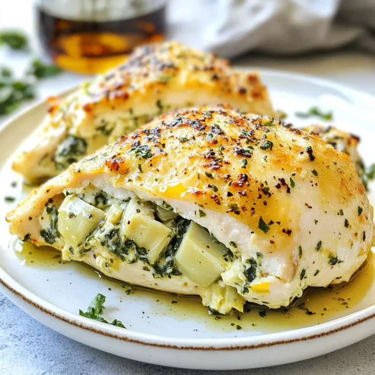 - 4 large boneless, skinless chicken breasts - 1 cup fresh spinach, finely chopped - 1 cup canned artichoke hearts, well-drained and diced - 1 cup cream cheese, softened at room temperature - 1/2 cup grated Parmesan cheese - 1/2 cup shredded mozzarella cheese - 2 cloves garlic, minced - 1 teaspoon onion powder - 1 teaspoon Italian seasoning - Salt and freshly cracked pepper to taste - Olive oil for cooking You can change some ingredients if needed. Use frozen spinach instead of fresh. Just thaw and squeeze out the water. For artichokes, try using fresh ones if you prefer. Cream cheese can be swapped with ricotta for a lighter filling. If you want a dairy-free option, use a vegan cream cheese. You can also use different cheeses like cheddar or feta for new flavors. Each serving of Spinach Artichoke Stuffed Chicken provides a good mix of protein and healthy fats. One serving has about 400 calories. It contains around 35 grams of protein, which helps with muscle building. The dish is also a good source of vitamins A and C from the spinach, plus calcium from the cheeses. This meal is balanced and perfect for a wholesome dinner. {{ingredient_image_2}} Start by preheating your oven to 375°F (190°C). This heat will help cook the chicken evenly. Next, gather all your ingredients. You will need fresh spinach, artichoke hearts, cream cheese, Parmesan cheese, mozzarella cheese, garlic, onion powder, Italian seasoning, salt, and pepper. Make sure everything is ready before you begin. Take each chicken breast and pat it dry with paper towels. Use a sharp knife to make a pocket in each breast. Slice horizontally through the center, but do not cut all the way through. This pocket will hold your tasty filling. In a bowl, mix the chopped spinach, diced artichoke hearts, cream cheese, grated Parmesan, shredded mozzarella, minced garlic, onion powder, Italian seasoning, salt, and pepper. Stir until it’s creamy and all ingredients blend well. Spoon this mixture into each chicken pocket. If needed, use toothpicks to hold the opening closed. Heat a drizzle of olive oil in a large oven-safe skillet on medium-high heat. Season the outside of the stuffed chicken with salt and pepper. Place the chicken in the hot skillet and sear it for 4–5 minutes on each side. You want it to turn golden brown. Once you finish searing, transfer the skillet to the oven. Bake for 20–25 minutes. Check that the internal temperature reaches 165°F (75°C). This ensures the chicken is cooked through. After baking, let it rest for a few minutes before slicing. This step keeps the chicken juicy and flavorful. To stuff your chicken perfectly, start by drying the chicken breasts. Use a paper towel to remove extra moisture. This helps the stuffing stick better. Cut a deep pocket in each breast, but don’t cut all the way through. Fill each pocket generously with the spinach and artichoke mixture. If needed, use toothpicks to hold the filling inside. This keeps it from spilling out while cooking. You’ll want a few tools to make this dish easier. A sharp knife is key for cutting the chicken. A medium mixing bowl helps combine the filling. Use a large oven-safe skillet to sear and bake the chicken. A meat thermometer is also useful. It ensures your chicken reaches 165°F (75°C). This keeps it safe and juicy. For a great presentation, serve your stuffed chicken on a bed of sautéed vegetables. Bright greens or colorful peppers work well. A fresh garden salad pairs nicely too. For added flair, drizzle balsamic glaze over the chicken before serving. This adds a sweet and tangy flavor that complements the dish perfectly. Enjoy! Pro Tips Use Fresh Spinach: Fresh spinach adds a vibrant flavor and texture to your filling compared to frozen spinach, which can be watery. Secure the Filling: If you find the filling spilling out, use toothpicks to secure the opening of the chicken before searing it. Check Temperature: Always use a meat thermometer to ensure your chicken reaches an internal temperature of 165°F (75°C) for safe consumption. Let It Rest: Allow the chicken to rest for at least 5 minutes after baking; this helps the juices redistribute for a moister bite. {{image_4}} You can make this dish gluten-free easily. Start by ensuring all your ingredients are gluten-free. Use gluten-free spices and check the labels of your cream cheese and artichokes. Most brands are safe, but it’s good to check. For the chicken, simply stick to fresh, plain chicken breasts. This way, you avoid any hidden gluten. If you want a vegetarian twist, skip the chicken. Instead, use large portobello mushrooms as your base. Clean the mushrooms and remove the stems. Stuff them with the spinach and artichoke filling. Bake them just like you would the chicken. This creates a tasty and hearty vegetarian dish that everyone can enjoy. Cheese can change the flavor of your dish. While Parmesan and mozzarella are great, feel free to experiment. Try adding feta cheese for a tangy kick. You can also use goat cheese for a creamy texture. Mixing in some cheddar can add a sharp flavor. The choice is yours, and each will give a unique taste to your meal. After you enjoy your meal, store leftovers in an airtight container. Make sure the chicken has cooled down first. Place the container in the fridge. Leftovers can stay fresh for up to three days. If you want to keep them longer, consider freezing. To reheat, preheat your oven to 350°F (175°C). Place the stuffed chicken in an oven-safe dish. Cover it with foil to keep it moist. Heat for about 15-20 minutes. Check the chicken's center; it should be warm. You can also use a microwave on medium power for 2-3 minutes. If you want to freeze the chicken, wrap each piece in plastic wrap. Then place the wrapped chicken in a freezer bag. This way, it won't get freezer burn. You can freeze it for up to three months. When you're ready to eat, thaw it in the fridge overnight before reheating. Yes, you can prepare this dish in advance. Stuff the chicken and then wrap it tightly in plastic wrap. Store it in the fridge for up to 24 hours. This saves time on busy days. Just remember to bake it when you're ready. Make sure to adjust cooking time if it’s cold from the fridge. Spinach artichoke stuffed chicken pairs well with many sides. Here are some ideas: - Sautéed seasonal vegetables - A fresh garden salad - Garlic bread or crusty rolls - Rice or quinoa for a hearty meal - Mashed potatoes for comfort These sides will balance the rich flavors of the chicken. You can also drizzle balsamic glaze on top for extra flavor. To check if your chicken is done, use a meat thermometer. Insert it into the thickest part of the chicken. It should read 165°F (75°C). If you don’t have a thermometer, cut into the chicken. The juices should run clear, and the meat should not be pink. Always ensure it is fully cooked for safety and best flavor. This blog post covered everything you need for Spinach Artichoke Stuffed Chicken. We discussed the key ingredients and their substitutions, plus the nutrition facts. I shared tips for cooking and serving, along with easy variations for gluten-free and vegetarian diets. Remember to store leftovers properly for later. With these steps, you can enjoy this tasty dish any time. Explore the joy of cooking this meal, and share it with friends and family. It’s a crowd-pleaser that brings smiles to the table.