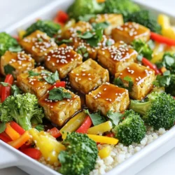 - 1 block (14 oz) firm tofu - 2 tablespoons honey or maple syrup - 4 tablespoons soy sauce or tamari - 2 cups fresh broccoli florets - 1 medium bell pepper, sliced - 2 medium carrots, peeled and julienned - 2 tablespoons sesame seeds - Fresh cilantro leaves When you prepare this dish, focus on the main ingredients first. The firm tofu is key. It holds its shape well during cooking. Honey or maple syrup adds sweetness. Use maple syrup for a vegan option. Soy sauce gives a savory touch. If gluten-free, use tamari instead. Next, for the vegetables, fresh broccoli florets add crunch. A bell pepper, either red or yellow, brings color and flavor. Carrots, when julienned, add a nice texture. These vegetables roast well and pair nicely with the tofu. Finally, garnishing elements enhance the dish. Sesame seeds add a nutty crunch. Fresh cilantro leaves bring brightness. These simple touches can make your meal look and taste great. Enjoy the process of gathering these ingredients. Each one plays a role in creating a balanced and tasty dish. First, set your oven to 400°F (200°C). This high heat helps the tofu and veggies roast nicely. Next, line a large baking sheet with parchment paper. This step makes cleanup easy and keeps everything from sticking. In a mixing bowl, combine 2 tablespoons of honey or maple syrup, 4 tablespoons of soy sauce, 3 minced garlic cloves, 1 tablespoon of grated ginger, and 1 tablespoon of sesame oil. Mix well. Add the cubed tofu to the bowl. Make sure each piece gets coated in the marinade. Let the tofu marinate for at least 15 minutes. This gives it time to soak up all those great flavors. While the tofu soaks, wash and chop your veggies. Cut the broccoli into florets. Slice the bell pepper into thin strips. Julienne the carrots into thin matchsticks. This prep ensures your veggies cook evenly. Next, spread the marinated tofu on one half of the baking sheet. On the other half, arrange the broccoli, bell pepper, and carrots in a single layer. This layout promotes even roasting. Place the sheet pan in your preheated oven. Bake everything for 25-30 minutes. Halfway through, flip the tofu and vegetables. This step helps them brown evenly and enhances flavor. You want everything to be golden and tender. Once baking is complete, carefully take the sheet pan out of the oven. Sprinkle sesame seeds over the tofu and veggies. For a fresh touch, add some chopped cilantro leaves on top. Plate your honey garlic tofu and roasted veggies over cooked rice or quinoa. This creates a colorful and satisfying meal. To get the best tofu, press it first. This removes moisture and helps it soak up flavors. Use a clean kitchen towel or paper towels. Wrap the tofu and place something heavy on top for about 15 minutes. This method makes it crispier when cooked. Choose firm tofu for this recipe. It holds its shape well during cooking. Soft tofu can fall apart and won’t give you the same texture. If you want a vegan option, use extra-firm tofu. The marination time is very important. Allow the tofu to soak for at least 15 minutes. This helps it absorb all the tasty flavors. You can leave it for longer if you have time. Feel free to add extra spices or herbs. A pinch of red pepper flakes gives it a nice kick. Fresh herbs like basil or parsley can add more flavor, too. Mix and match to find your favorite! Cut your vegetables into even pieces. This ensures they cook at the same rate. If they are all different sizes, some may burn while others remain raw. Aim for 1-inch pieces for the best results. Avoid overcrowding the sheet pan. If the pan is too full, the veggies will steam instead of roast. Give them space to caramelize. Use two pans if needed for a great outcome. {{image_4}} To make this dish vegan, substitute honey with maple syrup. Maple syrup gives the same sweetness without any animal products. You can also use agave syrup as another option. For the soy sauce, use tamari to keep it gluten-free. These changes will keep your meal tasty and plant-based. If you need a gluten-free option, tamari is your best friend. It tastes like soy sauce but has no gluten. Always check the label to ensure it is safe for your diet. This small switch keeps the rich flavor while making it safe for gluten-free eaters. Feel free to switch up the veggies. Seasonal choices like zucchini, asparagus, or bell peppers add great color and taste. You can also try adding snap peas or cherry tomatoes for a fun twist. Mixing different colors makes the dish look even more appealing. Plus, it keeps your meals exciting and healthy. To store leftovers, first let them cool down. Place the honey garlic tofu and veggies in an airtight container. This keeps them fresh. You can store them in the fridge for up to four days. When you're ready to eat, just reheat them. To freeze portions, let the dish cool completely. Divide the tofu and veggies into smaller containers. Use freezer-safe bags for easy storage. You can freeze them for up to three months. For best results when reheating, thaw in the fridge overnight. Then, warm them in the oven or microwave. This keeps the texture nice. For quality retention, the honey garlic tofu lasts well in the fridge for four days. If frozen, aim to use it within three months. After that, it may lose flavor and texture. Always check for any signs of spoilage before eating stored food. You can use maple syrup instead of honey. It works well and is vegan. You may also try agave nectar or brown sugar. Each option adds its own sweet taste. Remember, the syrup will make it a bit runnier. If you use brown sugar, you should mix it with a little water to make a syrup. To add some heat, you can include red pepper flakes. Start with a teaspoon and taste as you go. You could also add sriracha or chili paste to the marinade. For a fresh kick, try adding sliced jalapeños. They bring a nice crunch and heat. Yes, you can prep this dish in advance. Marinate the tofu a day ahead. Just store it in the fridge. You can also chop the veggies early. Keep them in an airtight container. When you are ready, just bake everything together. This saves time and makes dinner easy! This blog post covers a simple yet delicious recipe featuring firm tofu, fresh veggies, and flavorful toppings. You learned how to prepare, marinate, and bake the dish, ensuring great taste and texture. Remember to customize with seasonal vegetables and store leftovers properly for the best quality. With these tips, you can enjoy this healthy meal any day. Explore variations that suit your taste, from vegan swaps to spice levels. Now, it’s time to enjoy your creation and share it with others!