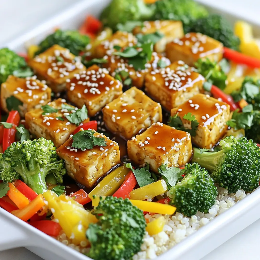 - 1 block (14 oz) firm tofu - 2 tablespoons honey or maple syrup - 4 tablespoons soy sauce or tamari - 2 cups fresh broccoli florets - 1 medium bell pepper, sliced - 2 medium carrots, peeled and julienned - 2 tablespoons sesame seeds - Fresh cilantro leaves When you prepare this dish, focus on the main ingredients first. The firm tofu is key. It holds its shape well during cooking. Honey or maple syrup adds sweetness. Use maple syrup for a vegan option. Soy sauce gives a savory touch. If gluten-free, use tamari instead. Next, for the vegetables, fresh broccoli florets add crunch. A bell pepper, either red or yellow, brings color and flavor. Carrots, when julienned, add a nice texture. These vegetables roast well and pair nicely with the tofu. Finally, garnishing elements enhance the dish. Sesame seeds add a nutty crunch. Fresh cilantro leaves bring brightness. These simple touches can make your meal look and taste great. Enjoy the process of gathering these ingredients. Each one plays a role in creating a balanced and tasty dish. First, set your oven to 400°F (200°C). This high heat helps the tofu and veggies roast nicely. Next, line a large baking sheet with parchment paper. This step makes cleanup easy and keeps everything from sticking. In a mixing bowl, combine 2 tablespoons of honey or maple syrup, 4 tablespoons of soy sauce, 3 minced garlic cloves, 1 tablespoon of grated ginger, and 1 tablespoon of sesame oil. Mix well. Add the cubed tofu to the bowl. Make sure each piece gets coated in the marinade. Let the tofu marinate for at least 15 minutes. This gives it time to soak up all those great flavors. While the tofu soaks, wash and chop your veggies. Cut the broccoli into florets. Slice the bell pepper into thin strips. Julienne the carrots into thin matchsticks. This prep ensures your veggies cook evenly. Next, spread the marinated tofu on one half of the baking sheet. On the other half, arrange the broccoli, bell pepper, and carrots in a single layer. This layout promotes even roasting. Place the sheet pan in your preheated oven. Bake everything for 25-30 minutes. Halfway through, flip the tofu and vegetables. This step helps them brown evenly and enhances flavor. You want everything to be golden and tender. Once baking is complete, carefully take the sheet pan out of the oven. Sprinkle sesame seeds over the tofu and veggies. For a fresh touch, add some chopped cilantro leaves on top. Plate your honey garlic tofu and roasted veggies over cooked rice or quinoa. This creates a colorful and satisfying meal. To get the best tofu, press it first. This removes moisture and helps it soak up flavors. Use a clean kitchen towel or paper towels. Wrap the tofu and place something heavy on top for about 15 minutes. This method makes it crispier when cooked. Choose firm tofu for this recipe. It holds its shape well during cooking. Soft tofu can fall apart and won’t give you the same texture. If you want a vegan option, use extra-firm tofu. The marination time is very important. Allow the tofu to soak for at least 15 minutes. This helps it absorb all the tasty flavors. You can leave it for longer if you have time. Feel free to add extra spices or herbs. A pinch of red pepper flakes gives it a nice kick. Fresh herbs like basil or parsley can add more flavor, too. Mix and match to find your favorite! Cut your vegetables into even pieces. This ensures they cook at the same rate. If they are all different sizes, some may burn while others remain raw. Aim for 1-inch pieces for the best results. Avoid overcrowding the sheet pan. If the pan is too full, the veggies will steam instead of roast. Give them space to caramelize. Use two pans if needed for a great outcome. {{image_4}} To make this dish vegan, substitute honey with maple syrup. Maple syrup gives the same sweetness without any animal products. You can also use agave syrup as another option. For the soy sauce, use tamari to keep it gluten-free. These changes will keep your meal tasty and plant-based. If you need a gluten-free option, tamari is your best friend. It tastes like soy sauce but has no gluten. Always check the label to ensure it is safe for your diet. This small switch keeps the rich flavor while making it safe for gluten-free eaters. Feel free to switch up the veggies. Seasonal choices like zucchini, asparagus, or bell peppers add great color and taste. You can also try adding snap peas or cherry tomatoes for a fun twist. Mixing different colors makes the dish look even more appealing. Plus, it keeps your meals exciting and healthy. To store leftovers, first let them cool down. Place the honey garlic tofu and veggies in an airtight container. This keeps them fresh. You can store them in the fridge for up to four days. When you're ready to eat, just reheat them. To freeze portions, let the dish cool completely. Divide the tofu and veggies into smaller containers. Use freezer-safe bags for easy storage. You can freeze them for up to three months. For best results when reheating, thaw in the fridge overnight. Then, warm them in the oven or microwave. This keeps the texture nice. For quality retention, the honey garlic tofu lasts well in the fridge for four days. If frozen, aim to use it within three months. After that, it may lose flavor and texture. Always check for any signs of spoilage before eating stored food. You can use maple syrup instead of honey. It works well and is vegan. You may also try agave nectar or brown sugar. Each option adds its own sweet taste. Remember, the syrup will make it a bit runnier. If you use brown sugar, you should mix it with a little water to make a syrup. To add some heat, you can include red pepper flakes. Start with a teaspoon and taste as you go. You could also add sriracha or chili paste to the marinade. For a fresh kick, try adding sliced jalapeños. They bring a nice crunch and heat. Yes, you can prep this dish in advance. Marinate the tofu a day ahead. Just store it in the fridge. You can also chop the veggies early. Keep them in an airtight container. When you are ready, just bake everything together. This saves time and makes dinner easy! This blog post covers a simple yet delicious recipe featuring firm tofu, fresh veggies, and flavorful toppings. You learned how to prepare, marinate, and bake the dish, ensuring great taste and texture. Remember to customize with seasonal vegetables and store leftovers properly for the best quality. With these tips, you can enjoy this healthy meal any day. Explore variations that suit your taste, from vegan swaps to spice levels. Now, it’s time to enjoy your creation and share it with others!