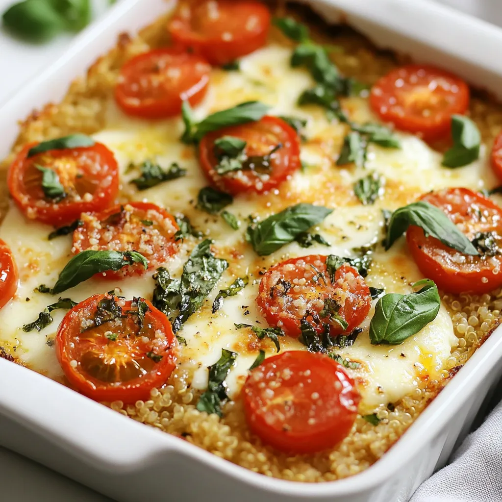 To make the Caprese Quinoa Bake, you will need: - 1 cup quinoa, well-rinsed - 2 cups vegetable broth or water - 1 cup cherry tomatoes, cut in half - 1 cup fresh basil leaves, finely chopped - 1 cup mozzarella cheese, shredded - 1/2 cup Parmesan cheese, finely grated - 2 tablespoons extra virgin olive oil - 3 cloves garlic, finely minced - 1 teaspoon dried oregano - Salt and black pepper to taste Each ingredient plays a key role in creating the dish's rich flavors. Quinoa serves as a great base, soaking up all the goodness. The cherry tomatoes add sweetness and a pop of color. Fresh basil gives a bright taste. The cheeses melt beautifully, creating a creamy texture. If you need to adjust measurements, here are some quick conversions: - 1 cup = 240 milliliters - 1 tablespoon = 15 milliliters - 1 teaspoon = 5 milliliters These conversions help you use the right amounts, no matter where you're cooking. You can easily modify this recipe to fit different diets: - Quinoa: Try brown rice or farro for a different grain. - Cheese: Use dairy-free cheese for a vegan option. - Broth: Use low-sodium vegetable broth for less salt. - Garlic: Use garlic powder if fresh garlic is not handy. These swaps keep the dish tasty and friendly for everyone at your table. Enjoy the cooking! {{ingredient_image_2}} Start by preheating your oven to 375°F (190°C). This step is key for even cooking. Next, grab a medium-sized casserole dish and lightly grease it with olive oil. This helps prevent sticking later. Then, rinse 1 cup of quinoa under cold water. This removes any bitterness. Place the rinsed quinoa in a medium saucepan. Add 2 cups of vegetable broth or water. This broth brings a rich flavor to the quinoa. Bring the pot to a rolling boil. Once it boils, turn the heat down low. Cover the pot with a lid and let it simmer for 15 minutes. The quinoa should become fluffy and absorb all the liquid. While the quinoa cooks, prepare a large mixing bowl. Add the cooked quinoa to the bowl. Then, add 1 cup of halved cherry tomatoes and 1 cup of finely chopped fresh basil leaves. These will add freshness and color to your bake. Next, mix in 3 cloves of finely minced garlic. This step brings a delicious aroma. Now, add both 1 cup of shredded mozzarella cheese and 1/2 cup of finely grated Parmesan cheese. These cheeses create a creamy texture. Drizzle 2 tablespoons of extra virgin olive oil over the mixture. Sprinkle in 1 teaspoon of dried oregano, along with salt and black pepper to taste. Mix everything well until combined. Transfer the cheesy quinoa mixture into the prepared casserole dish. Spread it out evenly for even baking. If you like, reserve a bit of mozzarella to sprinkle on top. This makes a nice, cheesy crust. Now, place the casserole dish in the preheated oven. Bake for 25-30 minutes. The cheese should melt and turn golden brown. Once baked, take it out and let it cool for a few minutes. Garnish with extra basil leaves for a pop of color. Serve it warm and enjoy every bite! To make the best Caprese quinoa bake, start with rinsed quinoa. Rinsing removes bitterness. Use vegetable broth for more flavor. The broth enhances each bite. Cook the quinoa until it is fluffy. This means all the liquid should be absorbed. Mix the ingredients well in a large bowl. Make sure every grain of quinoa is coated with cheese and oil. This helps the flavors blend together nicely. When baking, keep an eye on the cheese. You want it golden brown, not burnt. Cheese makes this dish special. While mozzarella is classic, you can try others. Goat cheese adds a tangy kick. Feta cheese gives a salty taste. For a richer flavor, use aged cheddar. You can also mix different cheeses for depth. Just be sure to keep the total amount around 1.5 cups. This keeps the texture creamy and delicious. Avoid overcooking the quinoa. If it turns mushy, the dish will not taste right. Make sure to use fresh basil. Dried basil can work, but it won't have the same bright flavor. Do not skip the olive oil. It adds moisture and helps the bake cook evenly. Lastly, let the bake rest a few minutes before serving. This helps it set and makes it easier to slice. Pro Tips Choose Quality Ingredients: Opt for fresh, organic cherry tomatoes and high-quality mozzarella for the best flavor and texture. Perfect Quinoa: To ensure fluffy quinoa, rinse it thoroughly before cooking to remove any bitter taste from the saponins. Customize Herbs: Feel free to experiment with other fresh herbs like parsley or thyme alongside basil for added complexity. Make Ahead: This dish can be prepared a day in advance. Just cover it tightly and refrigerate, then bake when ready to serve. {{image_4}} You can easily boost the protein in your Caprese quinoa bake. Adding cooked chicken or turkey works well. Just shred the meat and mix it in with the other ingredients. You could also use canned beans, like chickpeas or black beans. They add great flavor and texture. If you prefer seafood, try adding shrimp. Just cook them lightly, chop them, and stir them in. Want more veggies? It's simple! You can mix in spinach, zucchini, or bell peppers. Just chop them small and sauté them first. This helps to soften them and bring out their flavors. You can also add mushrooms for an earthy taste. Experiment with other vegetables you love. The more, the merrier! Just keep in mind to keep the moisture balanced. This dish is naturally gluten-free since it uses quinoa. However, always check your cheese and broth. Some brands may add gluten. If you want to keep it entirely gluten-free, use a gluten-free broth. This ensures that everyone can enjoy your delicious bake without worries. You can also try using wild rice instead of quinoa for a different flavor. Just adjust the cooking times accordingly. After enjoying your Caprese Quinoa Bake, let it cool. Place any leftovers in an airtight container. Store it in the fridge for up to four days. Make sure to cover it well to keep it fresh. If you want to keep it longer, consider freezing it. To freeze your bake, first, let it cool completely. Cut the dish into single servings for easy use later. Wrap each piece tightly in plastic wrap, then place them in a freezer-safe bag. Label the bag with the date. You can freeze the bake for up to three months. This way, you can enjoy a quick meal anytime. When you’re ready to eat, take a piece from the freezer. Thaw it in the fridge overnight. If you’re in a hurry, you can microwave it for a few minutes. Make sure it heats evenly. To keep the cheese nice and melty, you can also reheat it in the oven. Preheat the oven to 350°F (175°C) and bake for about 15 minutes. Enjoy your warm and cheesy dish! You can use rice or couscous instead of quinoa. Both options work well. Rice will give a different texture but will still taste great. Couscous cooks fast and adds a nice fluffiness. You can also try farro or barley for a hearty twist. Each substitute will change the flavor slightly, but they all fit nicely in this dish. Yes, you can make the Caprese Quinoa Bake ahead of time. Prepare it up to the baking step and store it in the fridge. This makes it easy to pop in the oven later. You can also bake it and then reheat it when you’re ready to eat. Just make sure to cover the dish to keep it fresh. Absolutely! Caprese Quinoa Bake is great for meal prep. You can divide it into portions and store them in containers. It keeps well in the fridge for a few days. You can even freeze portions for a quick meal later. Just reheat in the oven or microwave for a tasty, easy dinner. This blog covered essential ingredients, step-by-step instructions, and helpful tips for your quinoa bake. I shared how to add flavor, avoid common mistakes, and customize the dish. From storage ideas to FAQs, you now have a full guide. Remember, cooking should be fun and flexible. Use this information to create a dish that suits your taste. Enjoy your cooking adventure!